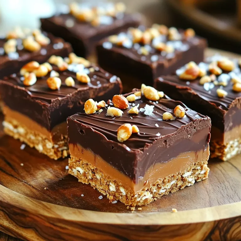 Gather these items to make your no-bake chocolate peanut butter bars: - 1 cup graham cracker crumbs - 1 cup rolled oats - 1/2 cup creamy peanut butter - 1/2 cup pure maple syrup - 1/4 cup honey (or agave syrup for vegan) - 1/2 cup powdered sugar - 1 cup dark chocolate chips (dairy-free for vegan) - 1 tablespoon unrefined coconut oil - A pinch of sea salt Measuring these ingredients correctly is key. Use dry measuring cups for the crumbs and oats. For sticky items like peanut butter and syrup, a liquid measuring cup works best. If you want to swap some ingredients, here are good options: - Honey: Use agave syrup for a vegan version. - Peanut Butter: Almond or cashew butter can work well. - Chocolate Chips: Dark chocolate chips can be replaced with semi-sweet or milk chocolate. - Maple Syrup: Honey can substitute, but this will not be vegan. These swaps let you cater to your taste or dietary needs. To make these bars vegan, choose these items: - Replace honey with agave syrup. - Use dairy-free chocolate chips. - Ensure the peanut butter is free of added sugars or oils. These choices keep the bars tasty and suitable for all. You still get rich flavors without any animal products. Start by gathering your ingredients. You need graham cracker crumbs, rolled oats, creamy peanut butter, pure maple syrup, honey, and powdered sugar. In a large bowl, mix the graham cracker crumbs and rolled oats. Make sure they combine well. In a separate bowl, whisk the creamy peanut butter, maple syrup, and honey. You want this mixture to be smooth and creamy. Next, pour the peanut butter mixture into the bowl with the dry ingredients. Add the powdered sugar. Stir it all together until you form a sticky dough. This will be the base of your bars. It's thick, so use a spatula or your hands to mix it well. Now, it's time to make the chocolate topping. In a microwave-safe bowl, add the dark chocolate chips and coconut oil. Heat this mixture in the microwave. Do it in 30-second intervals and stir well each time. This way, the chocolate melts evenly. Once it’s glossy and smooth, pour the melted chocolate over the peanut butter base. Use a spatula to spread it evenly across the top. For a finishing touch, sprinkle a pinch of sea salt over the chocolate. This will enhance the flavor and make it pop! After layering the chocolate, it's time to chill the bars. Place the baking dish in the refrigerator for at least two hours. This helps the bars set properly. Once they are firm to the touch, lift them out using the parchment paper edges. Now, cut the bars into squares or rectangles. Use a sharp knife for clean cuts. These no-bake chocolate peanut butter bars are ready to enjoy! To keep your no-bake chocolate peanut butter bars fresh, store them in an airtight container. This helps prevent them from drying out. You can keep them in the fridge for up to a week. If you want to keep them longer, freeze them. They can last for about three months in the freezer. Just remember to wrap them well in plastic wrap before placing them in a freezer bag. For the best chocolate topping, melt your chocolate chips slowly. Use short bursts in the microwave, stirring in between. This method avoids burning the chocolate. Adding coconut oil helps make the chocolate smooth and shiny. If the chocolate feels too thick, add a touch more coconut oil. This keeps it pourable when you spread it over the bars. You can switch up the flavors in your bars. Try adding some shredded coconut or dried fruit for a twist. You can also use different nut butters. Almond or cashew butter can give your bars a new taste. Feel free to mix in some chopped nuts or seeds for added crunch. These small changes can make your no-bake bars unique and fun! {{image_4}} You can easily make these bars nut-free. Simply replace the peanut butter with sun butter. Sun butter comes from sunflower seeds and has a similar texture. It adds a nice, nutty taste without using nuts. This swap keeps the bars safe for those with nut allergies. The rest of the recipe stays the same. Enjoy your nut-free treat! To make these bars gluten-free, choose gluten-free graham cracker crumbs. Many brands offer gluten-free options that taste great. Also, check the oats you use. Some oats may have gluten due to cross-contamination. Use certified gluten-free rolled oats for best results. With these simple swaps, you can enjoy a gluten-free dessert that everyone will love. Feel free to get creative with flavors! You can add shredded coconut for a tropical twist. Just mix in half a cup of unsweetened coconut with the base. Dried fruits like cranberries or raisins also work well. They add sweetness and a chewy texture. Try adding a teaspoon of vanilla extract for extra flavor. These small changes make your bars unique and fun to eat. Store your no-bake chocolate peanut butter bars in an airtight container. This helps keep them fresh and tasty. You can keep them in the fridge for about a week. If you notice any moisture, it may affect the texture. So, ensure the container is sealed well. You can also layer parchment paper between bars to stop them from sticking. If you want to keep these bars for longer, freezing is a great option. Wrap each bar in plastic wrap or foil. Place them in a freezer-safe bag or container. They can last up to three months in the freezer. To enjoy, just thaw them in the fridge for a few hours before serving. This helps maintain their delicious taste. When serving, try to cut the bars right before you eat them. This keeps them firm and fresh. For a fun twist, drizzle extra melted chocolate on top. You can also add crushed nuts for a nice crunch. Serve them on a pretty plate to impress your guests. Enjoy your treats while they are at their best! Yes, you can use other nut butters! Almond butter, cashew butter, or even sunflower seed butter work great. Each nut butter will give a unique flavor. Just keep the same amount as the creamy peanut butter in the recipe. This will keep the bars tasty and hold their shape. These bars can last about a week in the fridge. Make sure to store them in an airtight container. If you want them to last longer, you can freeze them. They can stay fresh for up to three months in the freezer. Just wrap each bar tightly in plastic wrap before freezing. Yes, you can skip the maple syrup! You can replace it with agave syrup or more honey. Both options will keep the bars sweet and sticky. If you want a sugar-free option, try using a sugar substitute that measures like syrup. Just ensure the texture stays right for the best results. In this blog post, we explored the key ingredients and methods for making no-bake bars. You learned how to measure ingredients and discovered vegan options. Then, we covered step-by-step instructions for creating your bars and shared helpful tips for storage and perfect chocolate. Remember, you can try different flavors and make nut-free or gluten-free variations. Get creative and enjoy the process! Your no-bake bars will be a tasty success.
