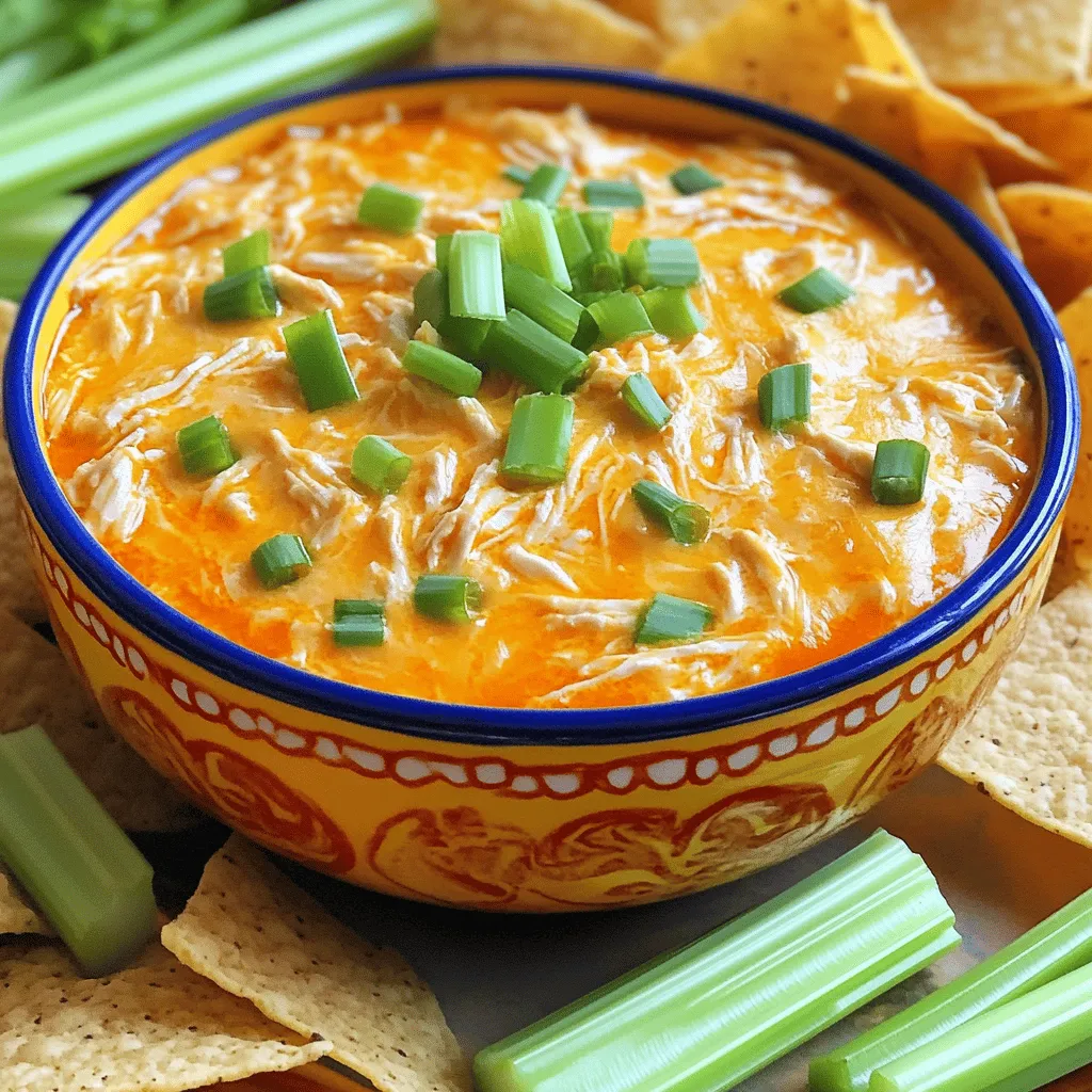 - 2 cups shredded cooked chicken - 1 cup cream cheese, softened - 1 cup buffalo sauce - 1 cup shredded sharp cheddar cheese - 1/2 cup ranch dressing - 1/2 cup fresh green onions, chopped - 1 teaspoon garlic powder - Salt and pepper to taste The main ingredients for this dip are simple yet bold. I love using shredded cooked chicken, like rotisserie chicken, because it saves time. Cream cheese creates a rich texture. Buffalo sauce brings the heat, so adjust it based on your spice level. For a touch of creaminess, ranch dressing pairs well with the buffalo sauce. Don't forget the fresh green onions; they add a nice crunch and flavor. - Alternative chicken options: You can use canned chicken or leftover chicken. - Cream cheese alternatives: Try Greek yogurt or dairy-free cream cheese for a lighter dip. - Adjusting spice levels in buffalo sauce: If you like it less spicy, mix in some sour cream or use mild buffalo sauce. These substitutions can help you create a dip that suits your taste and dietary needs. Feel free to experiment, and always make it your own! To start, prepare your slow cooker. Make sure it is clean and ready to use. This step is key for a smooth cooking process. Next, soften the cream cheese. You can do this by leaving it out at room temperature for about 30 minutes. If you are short on time, cut it into small cubes. This will help it soften faster when mixed. Now, it’s time to combine the ingredients. In the slow cooker, add the shredded chicken and the softened cream cheese. Mix these two until well blended. Then, pour in the buffalo sauce, ranch dressing, and garlic powder. Add a pinch of salt and pepper. Use a spatula to blend everything until the cream cheese is smooth. Ensure there are no large lumps. Once you have combined the base, evenly sprinkle the shredded sharp cheddar cheese on top. Do not stir it in; just let it sit on top for now. Cover the slow cooker with the lid. Set it to low heat and let it cook for 2 to 3 hours. Stir the dip every 30 minutes. This keeps it from sticking and ensures even heating. After the cooking time, remove the lid. Gently fold the dip to incorporate the melted cheddar cheese. This will give your dip a creamy texture. Finally, stir in the chopped green onions. Don’t forget to save some for garnish. This adds color and freshness to your dish, making it more inviting. Using rotisserie chicken makes this dip quick and easy. It saves time and adds great flavor. Just shred the chicken and mix it in. If you want to cook your chicken, use skinless breasts or thighs. Cook them until they are tender. To avoid a lumpy dip, ensure your cream cheese is soft before mixing. Let it sit at room temperature for about 30 minutes. This way, it blends smoothly. When you combine the ingredients, use a spatula to mix well. Make sure there are no large lumps. Serve this dip with crunchy tortilla chips, fresh celery sticks, and toasted bread slices. These sides add nice textures and flavors. You can also use carrot sticks or pita chips for variety. For a great presentation, choose a colorful bowl. A bright bowl makes the dip pop. Top it with extra chopped green onions for a fresh look. Arrange your accompaniments around the bowl for an inviting display. Common mistakes include overcooking the dip or not mixing well. Stir the dip occasionally while it cooks. This helps maintain smoothness and prevents sticking. To reheat leftovers, use a slow cooker on low. Stir in a splash of buffalo sauce or ranch dressing if it seems thick. You can also microwave it in short bursts. Stir well between intervals to keep it creamy. {{image_4}} You can change the taste of your Buffalo chicken dip easily. Adding different cheeses can give it a new twist. Try using mozzarella for a milder flavor. Or, sprinkle in some blue cheese for a bold kick. Want to spice things up? You can add more buffalo sauce for heat. A dash of cayenne pepper can also boost the flavor. If you love herbs, consider adding dried oregano or thyme. These spices can add depth and make your dip unique. If you need to make this dip gluten-free, use gluten-free ranch dressing. Always check labels, as some sauces have hidden gluten. Most of the other ingredients are already gluten-free, which is great! For vegetarian options, swap out the chicken for chickpeas. They will soak up the flavors well. Use a plant-based cream cheese to keep it creamy. This way, everyone can enjoy a tasty dip! You can turn this dip into a fun buffalo chicken sandwich. Just scoop it onto a bun and add some lettuce. This makes for a messy but delicious meal. Another idea is to make buffalo chicken stuffed peppers. Cut bell peppers in half and fill them with the dip. Bake them until the peppers are soft. This adds color and makes the dish healthier. Enjoy these variations at your next gathering! To store your buffalo chicken dip in the fridge, first let it cool completely. Then, transfer it to an airtight container. This helps keep the dip fresh. You can refrigerate it for up to four days. When you want to enjoy it again, just take it out and let it sit at room temperature for about 30 minutes. If you want to freeze the dip, use a freezer-safe container. Make sure to leave some space at the top since the dip may expand. It’s best to freeze it in portions. This way, you can thaw just what you need. The dip can stay in the freezer for about three months. When you’re ready to use it, move it to the fridge overnight to thaw. To reheat your dip, you have a few options. You can use the microwave, stovetop, or slow cooker. For the microwave, place the dip in a microwave-safe bowl and heat for 1-2 minutes. Stir halfway through for even heating. On the stovetop, heat it in a saucepan over low heat, stirring often. If using the slow cooker, warm it on low for about 30 minutes. Always stir well before serving to make sure it’s creamy again. How long does buffalo chicken dip last in the fridge? Buffalo chicken dip lasts about 3 to 4 days in the fridge. Store it in an airtight container for the best freshness. Can I make this dip ahead of time? Yes, you can make this dip ahead of time. Simply prepare it as directed and store it in the fridge. Reheat it before serving. Is it possible to cook on high instead of low? You can cook on high, but watch the time. It should take about 1 to 1.5 hours on high. Stir often to avoid burning. Can I use frozen chicken? Yes, you can use frozen chicken. Just be sure to cook it thoroughly before shredding. A slow cooker can handle it, but it will take longer. What can I serve with buffalo chicken dip? You can serve this dip with many tasty options. Try tortilla chips, celery sticks, or toasted bread. Each adds a nice crunch and flavor. This blog post covered how to make a tasty slow cooker buffalo chicken dip. We looked at essential ingredients, substitutions, and preparation steps. I shared tricks for perfecting your dip and creative variations. You can store leftovers wisely, and I answered common questions. You now have all you need to impress with this flavor-packed dish. Enjoy every bite, and don’t hesitate to make it your own!