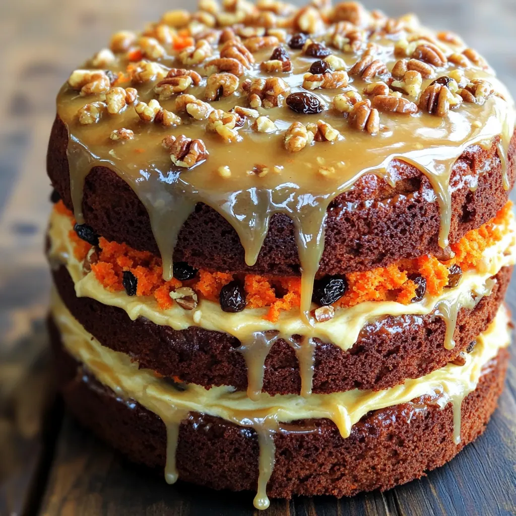 To make a delicious maple glazed carrot cake, gather the following key ingredients: - 2 cups all-purpose flour - 2 cups grated carrots (about 4 medium carrots) - 1 cup granulated sugar - 1/2 cup packed brown sugar - 1 cup vegetable oil - 4 large eggs - 1 teaspoon vanilla extract - 1 teaspoon baking powder - 1 teaspoon baking soda - 1 teaspoon ground cinnamon - 1/2 teaspoon ground nutmeg - 1/2 teaspoon salt - For the Maple Glaze: - 1 cup powdered sugar - 3 tablespoons pure maple syrup - 1 tablespoon milk or plant-based milk You can enhance the flavor of your cake with these optional ingredients: - 1/2 cup chopped walnuts - 1/2 cup raisins Adding walnuts gives a nice crunch, while raisins add sweetness. Both boost the cake's texture. Make sure you have these tools ready for the best baking experience: - Two 9-inch round cake pans - Mixing bowls - Whisk - Sifter - Spatula - Cooling racks - Measuring cups and spoons These tools will help you mix and bake with ease. Enjoy the process and watch your cake rise beautifully! Start by preheating your oven to 350°F (175°C). This is a key step for baking. While the oven warms up, prepare two 9-inch round cake pans. Grease each pan with butter or oil. Next, dust them lightly with flour to prevent sticking. Set the pans aside for later. In a large mixing bowl, combine the granulated sugar, brown sugar, and vegetable oil. Use a whisk to blend them well until the mixture is smooth. This step adds sweetness and moisture to your cake. Then, add four large eggs one by one. Mix well after each egg. Finally, stir in one teaspoon of vanilla extract for extra flavor. In a separate bowl, sift together the all-purpose flour, baking powder, baking soda, ground cinnamon, ground nutmeg, and salt. This process aerates the flour, helping your cake rise nicely. Gradually add the dry mixture to the wet ingredients. Mix gently until just combined. Avoid overmixing to keep the cake light and fluffy. Evenly divide the batter between the two prepared cake pans. Smooth the tops with a spatula. Place the pans in the preheated oven. Bake for 25-30 minutes. To check if it's done, insert a toothpick into the center. It should come out clean. If it does, your cake is ready! Once baked, take the cakes out of the oven. Let them cool in the pans for about 10 minutes. After that, carefully invert them onto wire cooling racks. This step allows the cakes to cool completely. Cooling is important for a good glaze finish. In a small bowl, whisk together the powdered sugar, pure maple syrup, and milk. Mix until smooth and creamy. If the glaze is too thick, add a bit more milk. If it’s too thin, add more powdered sugar. When the cakes are cool, place one layer on a serving plate. Drizzle some glaze over the top. Then, add the second layer on top. Drizzle the remaining glaze over it and let it drip down the sides for a beautiful finish. To get a soft and fluffy cake, mix your wet and dry ingredients well. Be careful not to overmix. When you fold in the carrots, do it gently. This helps keep the cake light. Also, make sure your eggs are at room temperature. This step helps your batter blend better. To boost the maple taste in your cake, use pure maple syrup in the glaze. You can also add a bit of maple extract to the batter. This will deepen the flavor. Consider using dark maple syrup, as it has a richer taste. A lovely cake deserves a beautiful look. When you glaze the cake, let it drip down the sides. This creates a nice effect. You can sprinkle ground cinnamon on top for color. Adding extra chopped walnuts gives a nice crunch. Consider using small carrot decorations for fun touches. {{image_4}} You can customize your carrot cake by adding fun ingredients. Here are a few ideas: - Pineapple: Add 1 cup of crushed pineapple for moisture and sweetness. - Coconut: Mix in 1/2 cup of shredded coconut for a tropical twist. - Zucchini: Substitute half of the carrots with grated zucchini for extra veggies. These add-ins enhance flavor and texture while keeping the cake moist. If you want to make your cake a bit healthier, consider these swaps: - Whole Wheat Flour: Use whole wheat flour instead of all-purpose flour for more fiber. - Applesauce: Replace half of the oil with unsweetened applesauce to cut fat. - Honey or Maple Sugar: Swap granulated sugar for honey or maple sugar to lower the glycemic index. These changes keep the cake delicious while improving its nutritional value. While the maple glaze is delightful, you can try other options to mix things up: - Cream Cheese Frosting: Blend 8 oz of cream cheese with 1 cup of powdered sugar for a rich topping. - Chocolate Ganache: Melt chocolate with cream for a decadent glaze. - Lemon Glaze: Combine powdered sugar with lemon juice for a zesty touch. Each glaze provides a unique flavor that can change the cake's profile. Enjoy experimenting! To keep your maple glazed carrot cake fresh, store it in an airtight container. This helps retain moisture and flavor. If you have leftover slices, wrap them tightly with plastic wrap before placing them in the container. Keep the cake at room temperature for up to three days. If you need to store it longer, consider freezing it. Freezing your cake is easy. First, let the cake cool completely. Then, slice it into individual pieces if you prefer. Wrap each slice in plastic wrap, then place them in a freezer-safe bag or container. Label the bag with the date. You can freeze the cake for up to three months. To enjoy, simply thaw it in the fridge overnight. When you're ready to enjoy your cake again, remove it from the fridge or freezer. For best results, let it sit at room temperature for about 30 minutes. If you like warm cake, place it in the microwave for 10-15 seconds. Be careful not to overheat it, as this can dry it out. Enjoy your cake with a drizzle of fresh maple glaze if desired! Yes, you can make this cake ahead of time. Bake the cake and let it cool. Wrap it tightly in plastic wrap. Store it at room temperature for one day. For longer storage, freeze it for up to three months. When ready to serve, thaw it overnight in the fridge. Glaze it just before serving for the best taste. Check if your cake is done by inserting a toothpick into the center. If it comes out clean, the cake is ready. You can also gently press the top. It should spring back if it’s done. Keep an eye on the time, usually 25-30 minutes. Yes, you can use a different glaze if you like. Cream cheese frosting works well with carrot cake. You could also try a simple sugar glaze or a lemon glaze for a fresh twist. Just make sure it complements the flavors of the cake. Yes, you can substitute some ingredients. Use whole wheat flour instead of all-purpose flour for a healthier option. You can replace granulated sugar with coconut sugar or honey. If you want a nut-free cake, leave out the walnuts. For a dairy-free version, use plant-based milk. Carrot cake pairs nicely with cream cheese frosting. You can also try buttercream frosting for a sweeter taste. A maple buttercream adds a nice touch too. If you want something lighter, whipped cream or a glaze works great as well. We covered how to make a delicious maple glazed carrot cake from start to finish. I shared key ingredients and essential tools you'll need. We went through each step of the baking process, from mixing to glazing. I also included tips for achieving the perfect texture and ways to enhance flavor. Finally, you learned how to store and reheat leftovers. By following these steps, you can create a flavorful cake that’s sure to impress. Enjoy every bite!