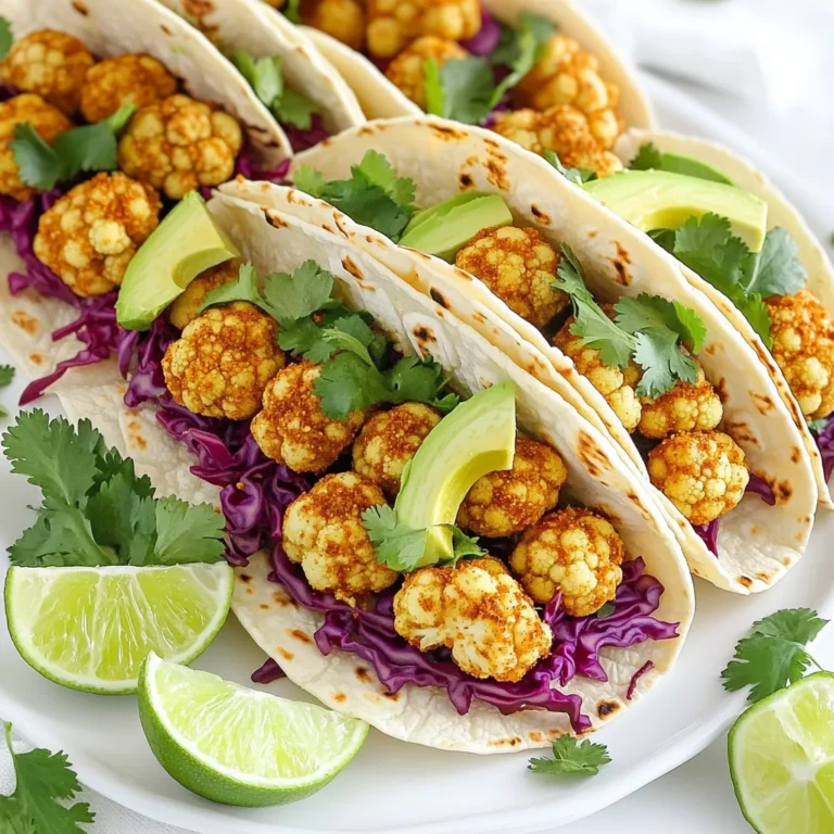 - 1 medium head of cauliflower, meticulously cut into bite-sized florets - 2 tablespoons extra-virgin olive oil - 1 tablespoon flavorful taco seasoning - 8 soft corn tortillas - 1 cup finely shredded red cabbage - Salt and freshly cracked pepper to taste Cauliflower serves as the star of this dish. It gives a meaty texture and absorbs flavors well. Use fresh cauliflower for the best taste. The olive oil adds richness and helps the seasoning stick. Taco seasoning brings a burst of flavor. You can choose a store-bought mix or make your own with spices like cumin and chili powder. Fresh vegetables add crunch and color. The red cabbage gives a nice bite and looks great in tacos. - 1 ripe avocado, elegantly sliced - 1/2 cup fresh cilantro, roughly chopped - 1 lime, cut into wedges for serving - Optional: your favorite hot sauce for an extra kick Avocado adds creaminess and balances the spices. Cilantro brings freshness. Squeeze lime juice over the tacos for brightness. If you like heat, drizzle hot sauce on top for that extra kick. - Servings: 4 (2 tacos each) This recipe makes eight tacos, perfect for sharing. Each person can enjoy two tacos. Adjust the portions if you have more guests or want leftovers. Enjoying these tacos fresh is best for flavor and texture. Preheating your air fryer is key for great results. It ensures even cooking from the start. Set your air fryer to 400°F (200°C) and let it preheat for about 5 minutes. This step helps the cauliflower to crisp up nicely. To prepare the cauliflower, cut it into bite-sized florets. In a bowl, mix the florets with olive oil, taco seasoning, salt, and pepper. Toss well to coat every piece evenly. An even coating is crucial for flavor and crispiness. If some florets miss the oil and spice, they will taste bland. Place the seasoned cauliflower in the air fryer basket in a single layer. This helps them cook evenly. Air fry the cauliflower for 12-15 minutes. Shake the basket halfway through to ensure all sides get crispy. The goal is a golden-brown color and a crunchy texture. Warming the tortillas adds to the taco's texture. You can wrap them in foil and place them in the air fryer for the last 5 minutes of cooking. Alternatively, heat them in a skillet for about 30 seconds per side. Warming makes the tortillas soft and easy to fold. Once the cauliflower is cooked, it’s time to assemble. Take a warmed tortilla and load it with roasted cauliflower. Add a handful of shredded red cabbage, slices of avocado, and chopped cilantro. Make sure to fill them well for a tasty bite. Squeeze fresh lime juice over each taco for a zesty kick. If you like heat, drizzle your favorite hot sauce on top. Serve the tacos on a colorful platter, adding extra lime wedges and cilantro for a beautiful presentation. Enjoy your flavorful air fryer cauliflower tacos! To get the best results, cook cauliflower in a single layer. This helps each floret get crispy and cook evenly. If you stack them, some will be soft while others are burnt. Use the shaking the basket technique halfway through cooking. Open the air fryer and shake the basket gently. This moves the florets around and helps them cook evenly, giving you that perfect crunch. You can easily make these tacos vegan. The cauliflower and veggies are already plant-based. For the taco seasoning, check the label to ensure it has no animal products. For gluten-free options, choose soft corn tortillas. They are naturally gluten-free and work well with the flavors of the dish. Always check the package to be sure they meet your dietary needs. Want to boost flavor? Try adding smoked paprika or cumin to your taco seasoning. These spices add depth and warmth. You can also create fun pairings. Try adding mango salsa or pickled onions for a sweet or tangy twist. A splash of fresh lime juice brightens the dish and balances the flavors. These little changes can make your tacos stand out! {{image_4}} You can add plant-based proteins to your tacos for more variety. Try black beans or lentils. Both options boost protein and flavor. If you enjoy cheese, add some crumbled feta or cotija. Cheese melts well and gives a creamy taste. Adjust the spice level based on your taste. For spicy tacos, use more taco seasoning or add chili powder. If you prefer mild, stick to just a little seasoning. You can also explore regional flavors. Try adding mango salsa for a tropical twist or kimchi for a Korean flair. To complete your meal, consider side dishes. Serve your tacos with a fresh salad or guacamole. These sides enhance the meal and add freshness. For drinks, consider a light beer or a refreshing limeade. Both pair well with the flavors in the tacos. To keep your cauliflower tacos fresh, place them in an airtight container. This will help keep moisture out. Store them in the fridge. They can last up to 3 days. If you plan to eat them later, keep the toppings separate. This will help keep your tacos crisp. To reheat your tacos, use an oven or a skillet. Preheat your oven to 350°F (175°C). Place the tacos on a baking sheet and heat for about 10 minutes. If using a skillet, heat it over medium heat. Warm the tacos for about 2-3 minutes on each side. This will keep the tortillas from getting soggy. You can freeze leftover cauliflower, but it may change texture. To freeze, let the cooked cauliflower cool. Place it in a freezer-safe bag. Lay it flat to save space. When you are ready to use it, thaw in the fridge overnight. Keep in mind, freezing may soften the cauliflower. However, it will still taste great in your tacos. Yes, you can use frozen cauliflower. The key advantage is convenience. Frozen cauliflower is already cut and ready to use. You save time on prep. However, it may have more moisture. This can affect the crispiness when air frying. To fix this, thaw and pat the cauliflower dry before seasoning. This ensures a good texture and flavor. You can easily make your own taco seasoning. Combine common spices for a homemade mix. Try mixing these ingredients: - 1 teaspoon chili powder - 1 teaspoon cumin - 1 teaspoon garlic powder - 1 teaspoon onion powder - 1/2 teaspoon paprika - Salt and pepper to taste This mix gives a fresh flavor to your tacos. To add heat, use spicy seasonings or toppings. Here are some easy ideas: - Add cayenne pepper to your taco seasoning. - Use a spicy hot sauce as a topping. - Include sliced jalapeños in your tacos. - Try a drizzle of Sriracha for an extra kick. These options let you control the spice level. Yes, these tacos work great for meal prep. You can cook the cauliflower ahead of time. Store it in the fridge for quick meals. Keep the tortillas and toppings separate until serving. This keeps everything fresh and tasty. You can easily warm the tortillas and assemble your tacos during the week. This guide covers making tasty cauliflower tacos using simple ingredients and steps. Start with fresh veggies and taco seasoning, then cook cauliflower for perfect crispiness. Remember to warm your tortillas for the best texture! Try these tacos with fun toppings like avocado and cilantro. Add your twist with different proteins or flavors. Store leftovers properly to enjoy later. Keep experimenting to find your favorite version. Happy cooking, and enjoy your delicious creation!