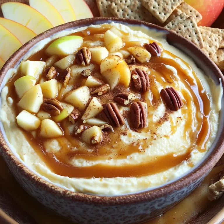 To make your Caramel Apple Cheesecake Dip, gather these tasty ingredients: - 8 oz cream cheese, softened to room temperature - 1/2 cup powdered sugar, sifted - 1/2 cup packed brown sugar - 1 teaspoon pure vanilla extract - 1/2 cup sour cream - 1 cup apples, diced (Granny Smith or Honeycrisp for tartness) - 1/2 cup caramel sauce (plus extra for decorative drizzling) - 1/2 teaspoon ground cinnamon - 1/4 cup pecans, chopped (optional for crunch) - Fresh apple slices and graham cracker pieces for serving These ingredients mix together to create a sweet, creamy dip. You can enjoy it with fresh apple slices or graham crackers. The combination of flavors works well, making it a favorite for parties or snacks. Plus, using tart apples adds a nice bite. If you want extra crunch, the pecans are a great choice. First, let’s set up your mixing area. Make sure it’s clean and tidy. Gather your tools: a large mixing bowl, an electric mixer, and a spatula. This will help you make the dip smoothly. 1. Start by beating the cream cheese in the mixing bowl. Use the electric mixer on medium speed. Mix it for about 2-3 minutes until it's smooth and creamy. 2. Next, add in the sifted powdered sugar and the packed brown sugar. Keep mixing for another 2 minutes. You want it to be fluffy and well combined. 3. Now, pour in the vanilla extract and sour cream. Mix these in until the mixture feels light and airy. This takes about 1-2 minutes more. 4. Carefully fold in the diced apples and ground cinnamon using your spatula. Make sure the apples are evenly spread throughout the dip. 5. Drizzle in 1/2 cup of caramel sauce. Gently fold it into the mixture. This creates a lovely swirl effect, so don’t over-mix. 6. If you like, add the chopped pecans for a nice crunch. Fold them in gently. 7. Spoon the dip into a stylish serving dish. Drizzle extra caramel sauce on top for flair and sweetness. 8. Serve right away with fresh apple slices and graham cracker pieces. Enjoy the creamy goodness! - Serve with fresh apple slices and graham cracker pieces for a crunchy bite. - Try using a hollowed-out apple as a fun serving bowl. It looks great and adds flavor! - Use decorative bowls to make the dip more inviting. A little style goes a long way! - Store leftovers in an airtight container to keep it fresh. - Place it in the fridge if you plan to eat it later. It stays good for 3 days. - Use a glass or plastic container that seals well to avoid spills. - Do not over-mix the dip. This can make it too runny. Mix just until combined. - Avoid using soft apple varieties like Red Delicious. They can turn mushy in the dip. - Always choose apples with some tartness, like Granny Smith or Honeycrisp. They balance the sweetness! {{image_4}} You can easily mix things up with this dip. Adding chocolate chips gives a sweet twist. You can also stir in peanut butter for a nutty flavor. Both add depth and excitement to the dip. If you want crunch, try using different nuts. Almonds or walnuts can give a nice texture. They also bring their unique flavors to the dish. If you need to make this dip gluten-free, it's simple. Just use gluten-free graham crackers or serve with fruit. For vegan options, swap the cream cheese for a plant-based version. Use coconut cream or cashew cream for a great taste. These swaps keep the flavor while meeting dietary needs. You can change the flavor based on the season. In fall, add spices like nutmeg or allspice for warmth. These spices enhance the apple flavor, making it cozy. During the holidays, consider adding candy corn or dried fruit. These add a festive touch and extra sweetness. Enjoy the dip any time of year with these variations! Each serving of Caramel Apple Cheesecake Dip has about 250 calories. The dip contains around 20 grams of sugar and 10 grams of fat. These values can vary based on specific brands and ingredients used. To make this dip a bit healthier, you can try using low-fat cream cheese. Greek yogurt is a great swap for sour cream. You can also reduce the amount of sugar or use a sugar substitute. Serving sizes should be around 1/4 cup per person to keep portions in check. This recipe has some common allergens. The dip contains dairy from cream cheese and sour cream. It also has pecans, which may cause nut allergies. To make it allergen-friendly, you can skip the nuts and use dairy-free cream cheese. Always check labels for allergen warnings to ensure safety. The Caramel Apple Cheesecake Dip stays fresh for about three days in the fridge. Make sure to place it in an airtight container. This helps keep it from drying out or picking up other flavors from the fridge. Yes, you can make this dip a day before you plan to serve it. Just store it in the fridge. This time will let the flavors blend well. When you're ready to serve, give it a quick stir and add more caramel on top for extra sweetness. I recommend using Granny Smith or Honeycrisp apples. Granny Smith offers a nice tartness that pairs well with the sweet dip. Honeycrisp apples are sweet and crunchy, adding a pleasant texture. Both types hold up well when diced. Absolutely! Store-bought caramel sauce works perfectly in this dip. It saves time and still tastes great. Just make sure to choose a quality brand for the best flavor. You can drizzle extra caramel on top for a fancy touch. You can use fresh apple slices, pretzels, or vanilla wafers. Each option adds a different flavor and texture. You can also try cookies or even cut-up fruit like bananas or pears for a fun twist. This blog post covers how to make a tasty Caramel Apple Cheesecake Dip. We reviewed the ingredients, preparation steps, and helpful tips. You can experiment with flavors and make it fit your diet. Remember to avoid common mistakes for the best taste. Enjoy this dip with your favorite snacks, and don’t forget to share it! With simple adjustments, you can personalize this treat. Try new variations and enjoy making it your own! Happy dipping!