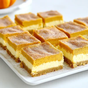 - 2 cups all-purpose flour - 1 teaspoon baking powder - 1 teaspoon ground cinnamon - 1/2 teaspoon salt - 3/4 cup unsalted butter, softened to room temperature - 1 cup granulated sugar - 1 large egg - 1 teaspoon vanilla extract The snickerdoodle crust gives your bars a sweet, comforting base. It starts with flour, baking powder, and cinnamon for flavor. The butter adds richness while sugar sweetens the mix. You will also need an egg and vanilla for taste. - 16 oz cream cheese, softened - 1 cup pumpkin puree (canned or fresh) - 1 cup powdered sugar - 2 large eggs - 1 teaspoon vanilla extract - 1 teaspoon ground cinnamon - 1/2 teaspoon ground nutmeg - 1/2 teaspoon ground ginger This filling makes the bars creamy and rich. Cream cheese is key for texture. Pumpkin puree gives it that fall flavor. Sugar sweetens it, while eggs help it set. The spices add warmth and depth to the filling. - 2 tablespoons granulated sugar - 1 teaspoon ground cinnamon The topping is simple but delightful. Just combine sugar and cinnamon. This mix gives the bars a sweet finish and a little crunch. It complements the creamy cheesecake perfectly. Using fresh, quality ingredients is vital for the best taste. Always measure carefully to ensure success. Set your oven to 350°F (175°C). This temperature works best for baking. Line a 9x13 inch baking pan with parchment paper. Let some paper hang over the sides for easy lifting later. In a medium bowl, whisk together the all-purpose flour, baking powder, cinnamon, and salt. In a large bowl, beat the softened butter and granulated sugar. Mix until it is light and fluffy, about 2-3 minutes. Add the egg and vanilla extract to the butter mixture. Mix until just combined. Gradually add the dry ingredients to the wet mixture. Stir until just combined; be careful not to overmix. Press the snickerdoodle dough evenly into the bottom of your prepared pan. Bake for about 15 minutes. The edges should look lightly golden. Remove it from the oven and let it cool slightly in the pan. In a large bowl, beat the softened cream cheese until smooth. Add the pumpkin puree, powdered sugar, and eggs. Then mix in the vanilla, cinnamon, nutmeg, and ginger. Beat until the mixture is smooth and creamy. Pour the smooth cheesecake filling over the cooled snickerdoodle crust. Use a spatula to spread the filling evenly across the surface. In a small bowl, mix the granulated sugar and ground cinnamon. Sprinkle this mixture evenly over the cheesecake layer. Place the pan back in the oven and bake for 25-30 minutes. The edges should be set, but the center can still jiggle slightly. It will firm up as it cools. Let the bars cool at room temperature for about 30 minutes. Then, move them to the fridge. Chill for at least 2 hours to get the best texture before slicing. You can serve these bars chilled or at room temperature. For a special touch, arrange them on a platter. Dust lightly with powdered sugar and top with whipped cream. This adds a nice look and taste! To keep your bars fluffy, mix just enough. When adding dry ingredients, stir gently. This way, your crust and filling will stay light and airy. Overmixing can lead to a dense texture. Use a spatula to fold in the flour and pump up those flavors. Baking at the right temperature is key. Always preheat your oven to 350°F. Use an oven thermometer to check. Your bars should have a slight jiggle in the center when done. This means they will set perfectly as they cool. Let them cool for at least 30 minutes before chilling in the fridge. For a stunning look, serve your bars on a fancy platter. Dust with powdered sugar for a sweet touch. Add a dollop of whipped cream on top of each bar. You can also sprinkle some extra cinnamon for flair. This makes every bite not just delicious, but also beautiful! {{image_4}} You can make these bars gluten-free! Just swap the all-purpose flour with a gluten-free blend. Many blends work well, so choose one that you like. The texture will stay soft and tasty. To make a vegan version, use plant-based butter and cream cheese. Replace the eggs with flaxseed meal or applesauce. Use coconut sugar instead of granulated sugar. This keeps the rich flavor and creamy texture. Want to try something new? Add chocolate chips to the cheesecake mix for a rich twist. You can also swirl in caramel sauce before baking. This will give a sweet and gooey touch. For a spiced kick, add a dash of cayenne pepper. It brings a fun heat to the sweet! To keep your pumpkin snickerdoodle cheesecake bars fresh, store them in the fridge. Use an airtight container to cover the bars. This will keep them moist and tasty. They can last in the fridge for about 5 days. Always make sure to slice them before storing. This way, you can grab a piece easily. You can also freeze these bars for later enjoyment. First, let the bars cool completely. Then, cut them into pieces. Wrap each piece tightly in plastic wrap. Place the wrapped bars in a freezer-safe bag or container. They can last for up to 3 months in the freezer. When you want to eat them, just thaw them in the fridge overnight. To reheat the cheesecake bars, take them out of the fridge. You can use the microwave for quick warming. Heat each slice for about 15-20 seconds. Keep an eye on them to avoid overheating. If you prefer, you can also warm them in the oven. Set the oven to 350°F (175°C) and warm for about 10 minutes. Enjoy them warm for a gooey treat! You know cheesecake bars are done when the edges look set. The center should still jiggle a bit. This slight jiggle means they will firm up as they cool. If you bake them too long, they will crack. Keep an eye on the time in the last few minutes. Yes, you can use fresh pumpkin! Make sure to cook and puree it first. This gives you a great flavor and texture. Just be sure to measure the same amount as the canned pumpkin. To cut cheesecake bars, use a sharp knife. Dip the knife in hot water, then wipe it dry before each cut. This helps create clean edges and makes the bars look nice. You can also chill them for a bit to make cutting easier. These bars can last in the fridge for about five days. Make sure to store them in an airtight container. If you want them to last longer, you can freeze them for up to three months. Absolutely! You can make these bars a day or two ahead. Just keep them in the fridge until you are ready to serve. This also lets the flavors blend more, making them taste even better. You learned how to make Pumpkin Snickerdoodle Cheesecake Bars in this guide. We covered the ingredients, step-by-step instructions, and helpful tips. You can even try variations like gluten-free or vegan options. Storing and reheating methods ensure your treats stay fresh. Remember, baking can be fun and rewarding. Don’t hesitate to experiment with flavors. Enjoy sharing these delicious bars with friends and family!