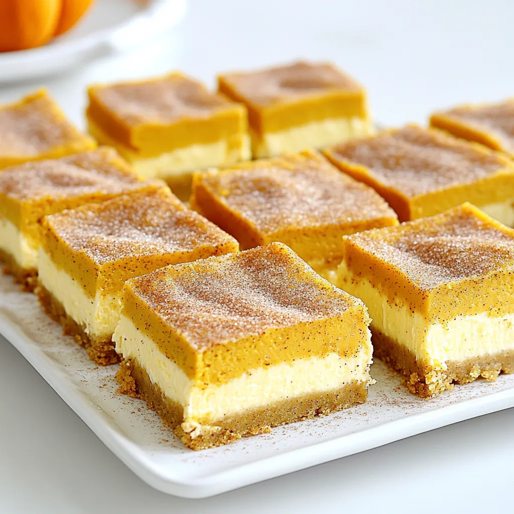- 2 cups all-purpose flour - 1 teaspoon baking powder - 1 teaspoon ground cinnamon - 1/2 teaspoon salt - 3/4 cup unsalted butter, softened to room temperature - 1 cup granulated sugar - 1 large egg - 1 teaspoon vanilla extract The snickerdoodle crust gives your bars a sweet, comforting base. It starts with flour, baking powder, and cinnamon for flavor. The butter adds richness while sugar sweetens the mix. You will also need an egg and vanilla for taste. - 16 oz cream cheese, softened - 1 cup pumpkin puree (canned or fresh) - 1 cup powdered sugar - 2 large eggs - 1 teaspoon vanilla extract - 1 teaspoon ground cinnamon - 1/2 teaspoon ground nutmeg - 1/2 teaspoon ground ginger This filling makes the bars creamy and rich. Cream cheese is key for texture. Pumpkin puree gives it that fall flavor. Sugar sweetens it, while eggs help it set. The spices add warmth and depth to the filling. - 2 tablespoons granulated sugar - 1 teaspoon ground cinnamon The topping is simple but delightful. Just combine sugar and cinnamon. This mix gives the bars a sweet finish and a little crunch. It complements the creamy cheesecake perfectly. Using fresh, quality ingredients is vital for the best taste. Always measure carefully to ensure success. Set your oven to 350°F (175°C). This temperature works best for baking. Line a 9x13 inch baking pan with parchment paper. Let some paper hang over the sides for easy lifting later. In a medium bowl, whisk together the all-purpose flour, baking powder, cinnamon, and salt. In a large bowl, beat the softened butter and granulated sugar. Mix until it is light and fluffy, about 2-3 minutes. Add the egg and vanilla extract to the butter mixture. Mix until just combined. Gradually add the dry ingredients to the wet mixture. Stir until just combined; be careful not to overmix. Press the snickerdoodle dough evenly into the bottom of your prepared pan. Bake for about 15 minutes. The edges should look lightly golden. Remove it from the oven and let it cool slightly in the pan. In a large bowl, beat the softened cream cheese until smooth. Add the pumpkin puree, powdered sugar, and eggs. Then mix in the vanilla, cinnamon, nutmeg, and ginger. Beat until the mixture is smooth and creamy. Pour the smooth cheesecake filling over the cooled snickerdoodle crust. Use a spatula to spread the filling evenly across the surface. In a small bowl, mix the granulated sugar and ground cinnamon. Sprinkle this mixture evenly over the cheesecake layer. Place the pan back in the oven and bake for 25-30 minutes. The edges should be set, but the center can still jiggle slightly. It will firm up as it cools. Let the bars cool at room temperature for about 30 minutes. Then, move them to the fridge. Chill for at least 2 hours to get the best texture before slicing. You can serve these bars chilled or at room temperature. For a special touch, arrange them on a platter. Dust lightly with powdered sugar and top with whipped cream. This adds a nice look and taste! To keep your bars fluffy, mix just enough. When adding dry ingredients, stir gently. This way, your crust and filling will stay light and airy. Overmixing can lead to a dense texture. Use a spatula to fold in the flour and pump up those flavors. Baking at the right temperature is key. Always preheat your oven to 350°F. Use an oven thermometer to check. Your bars should have a slight jiggle in the center when done. This means they will set perfectly as they cool. Let them cool for at least 30 minutes before chilling in the fridge. For a stunning look, serve your bars on a fancy platter. Dust with powdered sugar for a sweet touch. Add a dollop of whipped cream on top of each bar. You can also sprinkle some extra cinnamon for flair. This makes every bite not just delicious, but also beautiful! {{image_4}} You can make these bars gluten-free! Just swap the all-purpose flour with a gluten-free blend. Many blends work well, so choose one that you like. The texture will stay soft and tasty. To make a vegan version, use plant-based butter and cream cheese. Replace the eggs with flaxseed meal or applesauce. Use coconut sugar instead of granulated sugar. This keeps the rich flavor and creamy texture. Want to try something new? Add chocolate chips to the cheesecake mix for a rich twist. You can also swirl in caramel sauce before baking. This will give a sweet and gooey touch. For a spiced kick, add a dash of cayenne pepper. It brings a fun heat to the sweet! To keep your pumpkin snickerdoodle cheesecake bars fresh, store them in the fridge. Use an airtight container to cover the bars. This will keep them moist and tasty. They can last in the fridge for about 5 days. Always make sure to slice them before storing. This way, you can grab a piece easily. You can also freeze these bars for later enjoyment. First, let the bars cool completely. Then, cut them into pieces. Wrap each piece tightly in plastic wrap. Place the wrapped bars in a freezer-safe bag or container. They can last for up to 3 months in the freezer. When you want to eat them, just thaw them in the fridge overnight. To reheat the cheesecake bars, take them out of the fridge. You can use the microwave for quick warming. Heat each slice for about 15-20 seconds. Keep an eye on them to avoid overheating. If you prefer, you can also warm them in the oven. Set the oven to 350°F (175°C) and warm for about 10 minutes. Enjoy them warm for a gooey treat! You know cheesecake bars are done when the edges look set. The center should still jiggle a bit. This slight jiggle means they will firm up as they cool. If you bake them too long, they will crack. Keep an eye on the time in the last few minutes. Yes, you can use fresh pumpkin! Make sure to cook and puree it first. This gives you a great flavor and texture. Just be sure to measure the same amount as the canned pumpkin. To cut cheesecake bars, use a sharp knife. Dip the knife in hot water, then wipe it dry before each cut. This helps create clean edges and makes the bars look nice. You can also chill them for a bit to make cutting easier. These bars can last in the fridge for about five days. Make sure to store them in an airtight container. If you want them to last longer, you can freeze them for up to three months. Absolutely! You can make these bars a day or two ahead. Just keep them in the fridge until you are ready to serve. This also lets the flavors blend more, making them taste even better. You learned how to make Pumpkin Snickerdoodle Cheesecake Bars in this guide. We covered the ingredients, step-by-step instructions, and helpful tips. You can even try variations like gluten-free or vegan options. Storing and reheating methods ensure your treats stay fresh. Remember, baking can be fun and rewarding. Don’t hesitate to experiment with flavors. Enjoy sharing these delicious bars with friends and family!