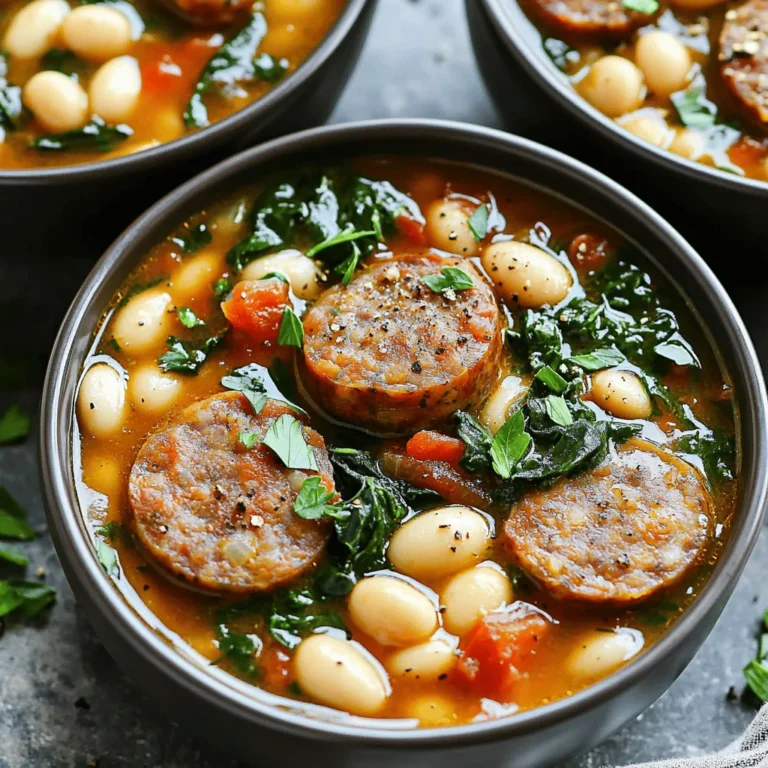 - 1 pound Italian sausage (or turkey sausage) - 1 can white beans (cannellini or great northern) - 1 cup diced tomatoes - Chopped onion - Minced garlic - Diced carrots and celery - Fresh spinach leaves - Dried thyme and oregano - Salt and pepper - Vegetable broth This dish starts with a rich base of sausage. I like to use Italian sausage for its bold flavor. Turkey sausage is a lighter choice but still tasty. Next, I add a can of white beans. Cannellini or great northern beans work best. They add creaminess and protein. For the next layer, I chop an onion and mince garlic. These aromatics bring depth to the stew. Diced carrots and celery add sweetness and crunch. Fresh spinach adds color and nutrition. I love tossing in a big handful near the end. Now, for seasoning, I use dried thyme and oregano. They give the stew a warm, herbal note. Don't forget salt and pepper! They enhance all the flavors. Finally, I pour in vegetable broth. This creates a flavorful liquid for the stew. With these ingredients, you're ready to make a hearty meal. Each one plays a role, making the dish rich and satisfying. Enjoy the process of cooking and the delightful smells in your kitchen! 1. Heat a skillet over medium heat. 2. Add the sliced sausage to the skillet. 3. Cook until browned on all sides. This step adds flavor. 4. If you skip browning, just add the sausage to the slow cooker. 5. Transfer the sausage to the slow cooker. 1. In the slow cooker, add the following: - 1 can of white beans, drained and rinsed - 1 cup of diced tomatoes - 1 large onion, chopped finely - 2 cloves of garlic, minced - 2 carrots, diced - 2 celery stalks, diced - 1 cup of vegetable broth - 1 teaspoon dried thyme - 1 teaspoon dried oregano - Salt and pepper to taste 2. Stir the mixture well. Make sure everything is mixed evenly. 1. Cover the slow cooker with its lid. 2. Set the temperature to low or high: - Low for 6 to 8 hours - High for 3 to 4 hours 3. Check for fork-tender vegetables. The flavors should blend well. 4. In the last 30 minutes, stir in 2 cups of fresh spinach leaves. 5. Adjust seasoning with salt and pepper before serving. - Adjusting seasonings to taste: After cooking, always taste your stew. You can add more salt or pepper if needed. Try adding a pinch of thyme or oregano for extra flavor. - Optional garnishes for presentation: Fresh parsley adds a nice touch. A sprinkle on top makes your stew look bright and fresh. You can also add a dash of black pepper for a bit of spice. - Avoiding overcooking: Cooking on low for 6 to 8 hours is best. This way, the flavors blend well without losing texture. If you are short on time, cooking on high for 3 to 4 hours works too. - Monitoring liquid levels: Check your stew midway. If it looks too thick, add a bit of broth or water. This keeps it nice and hearty without drying out. - Pairing with crusty bread: A slice of crusty bread is perfect. It soaks up the stew and adds a nice crunch. Serve it warm, and your meal will feel complete. - Enhancing with cheese or hot sauce: Top your stew with grated cheese for richness. A few drops of hot sauce can add heat if you like spice. Both options elevate the dish and make it even tastier. {{image_4}} You can switch up the protein in this stew. Try using chicken or turkey sausage for a lighter meal. Both options still give you that rich flavor without the extra fat. If you want a vegetarian twist, substitute the sausage with mushrooms or lentils. These options pack a punch in taste and add great texture. White beans are great, but don't stop there! You can explore other types of beans too. Kidney beans and pinto beans work well in this stew. They offer different flavors and textures, making the dish your own. Just rinse and drain them before adding to the slow cooker. Want to kick up the flavor? Add some spices like smoked paprika or crushed red pepper. If you enjoy heat, throw in some hot peppers. They will give your stew a nice kick. You can also add more veggies. Bell peppers or zucchini are perfect choices. They add color and nutrients, making your meal even better. To store your stew, let it cool first. Place it in a container with a tight lid. This keeps it fresh. You can refrigerate it for up to four days. If you want to save it longer, freezing is a great choice. To freeze the stew, use freezer-safe bags or containers. Make sure to leave some space for the stew to expand. This prevents the bags from bursting. It can stay frozen for up to three months. When you're ready to eat, thaw it overnight in the fridge. Reheat the stew on the stove over medium heat. Stir it often to warm it evenly. If it seems thick, add a splash of broth or water. Taste it before serving. You may want to add a bit more salt or pepper to boost the flavor. Enjoy your hearty meal! Yes, you can use fresh sausage. Fresh sausage will have a different taste and texture. If you use fresh, brown it first in a pan. This will give your stew a deeper flavor. If you skip browning, the stew will still be tasty, but the flavor will be milder. If you don’t have vegetable broth, use chicken stock. Water is also an option, but it may make your stew less rich. You can add extra spices to boost flavor when using water. Your stew is done when the veggies are fork-tender. This means they should be soft but not mushy. The sausage should be fully cooked and flavors should blend well. A good smell will tell you it’s ready! Yes, you can make this stew gluten-free! Just use gluten-free sausage. Check the broth label to ensure it is gluten-free too. This way, everyone can enjoy this hearty dish without any worries. This blog post covered a delicious slow cooker stew recipe. We explored key ingredients like sausage, beans, and veggies. I shared step-by-step instructions to simplify your cooking. Plus, you discovered tips for perfecting the dish and variations to fit your taste. Remember, adjusting seasonings and adding garnish can elevate your stew. Enjoy leftovers and learn the best ways to store and reheat them. With these insights, you can create a hearty meal everyone will love. Now, it’s time to gather your ingredients and start cooking!
