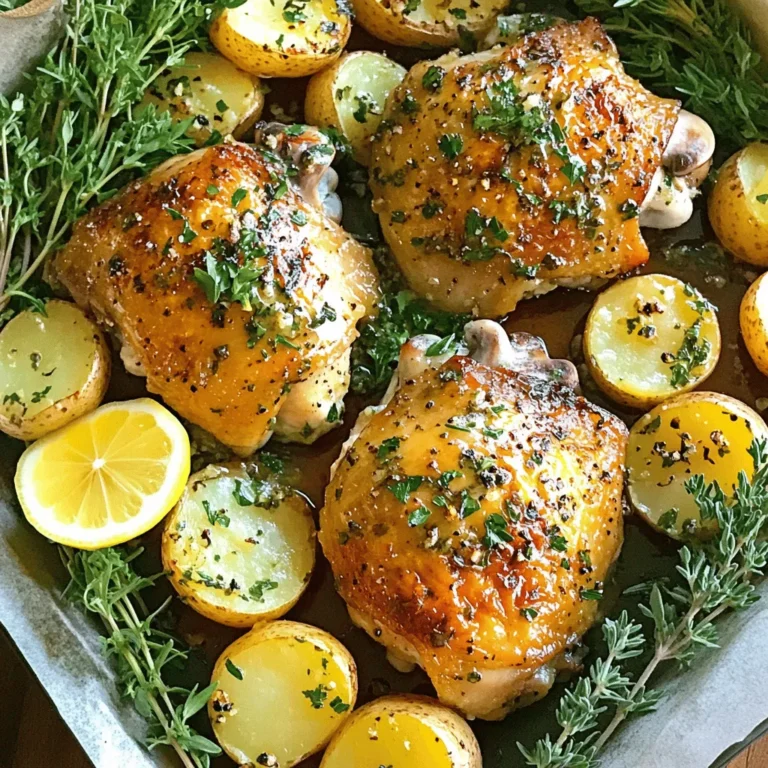 - 4 boneless, skinless chicken thighs - 1 lb baby potatoes, halved - 6 cloves garlic, minced - 2 tablespoons fresh rosemary, finely chopped - 1 tablespoon fresh thyme, finely chopped - 1/2 cup unsalted butter, melted - 1 tablespoon olive oil The main ingredients bring joy to your kitchen. Chicken thighs are juicy and flavorful. Baby potatoes add a nice texture. Garlic and herbs provide aroma and depth. Butter and olive oil enhance richness. - Salt and freshly cracked black pepper, to taste - 1 teaspoon smoked paprika - 1 tablespoon freshly squeezed lemon juice Seasoning is key to making every bite amazing. Salt and pepper boost the dish's taste. Smoked paprika adds a subtle warmth. Lemon juice brightens the flavors and balances richness. - Fresh parsley leaves, chopped Garnishing with fresh parsley is optional but recommended. It adds color and freshness. A sprinkle before serving makes your dish pop visually. Plus, it adds a fresh taste that makes everything better. - Preheat your oven to 400°F (200°C). This ensures even cooking for your dish. - In a large bowl, whisk together melted butter, minced garlic, chopped rosemary, thyme, lemon juice, smoked paprika, salt, and pepper. This mixture creates a tasty garlic butter marinade. - Toss the chicken thighs in the garlic butter marinade. Make sure they are fully coated for maximum flavor. - I suggest marinating the chicken for about 15 minutes at room temperature. This short time adds a lot of taste. - Take halved baby potatoes in another bowl. Drizzle olive oil over them. - Season with salt and pepper. Toss well to coat every piece evenly. This will make the potatoes flavorful and crispy. - Grab a large sheet pan. Place the marinated chicken thighs in the center. - Scatter the seasoned potatoes around the chicken. Make sure everything has space for even cooking. - Drizzle any leftover garlic butter marinade over both the chicken and potatoes. This adds more rich flavor. - Roast the chicken and potatoes in the oven for 30-35 minutes. - The chicken should reach an internal temperature of 165°F (74°C). The potatoes should be tender and golden brown. - Stir everything halfway through cooking. This helps ensure even browning and cooking for both the chicken and potatoes. Marinating chicken is key to great flavor. The garlic butter mix seeps into the meat, making it juicy. I suggest marinating for at least 15 minutes. If you have time, marinate for up to an hour. This allows the flavors to develop deeper. To check for tenderness, pierce a potato with a fork. It should glide in easily. For a golden brown finish, spread the potatoes out on the pan. This helps them get crispy. Turn them halfway through cooking for even browning. For a rustic touch, serve everything right from the sheet pan. It looks warm and inviting. You can also plate each dish separately. Pair with steamed green beans for color and freshness. Drizzle some garlic butter over the meal before serving for extra flavor. {{image_4}} You can switch up the chicken type in this recipe. Chicken breasts or drumsticks will work well. Each will give a different taste and texture. You can also add seasonal veggies to the pan. Carrots, bell peppers, or zucchini can add color and flavor. Just chop them up and toss them with the potatoes. Do you want to change the taste? Use different herbs! Basil or oregano can give a fresh twist. If you like heat, add some red pepper flakes. Adjusting spice levels can make this dish fit your taste buds. Want to try a new cooking method? You can air fry this meal. It will cut down cooking time and add crispiness. Just follow the same steps but adjust the time. Alternatively, you can slow cook it for a tender result. Place everything in a slow cooker and let it do its magic for several hours. To keep your leftovers fresh, store them in an airtight container. Make sure to let the dish cool to room temperature before sealing. If you do this, your meal stays tasty and safe. You can keep the leftovers in the fridge for up to three days. The best way to reheat the chicken and potatoes is in the oven. Preheat your oven to 350°F (175°C). Place the chicken and potatoes on a baking sheet. Heat for about 15 to 20 minutes, or until warmed through. This method helps keep the chicken juicy and the potatoes crispy. You can also use a microwave, but be careful. Microwaving can make the chicken rubbery. If you choose this option, cover it with a damp paper towel to help maintain moisture. If you want to save some for later, you can freeze the dish. First, let it cool completely. Then, place the chicken and potatoes in a freezer-safe container. For best results, use it within three months. To thaw, move it to the fridge for a few hours or overnight. Reheat in the oven or microwave as mentioned above. This way, you can enjoy a quick meal without losing flavor. Yes, you can use frozen chicken. However, you must thaw it first. Thaw it in the fridge overnight. If you’re in a hurry, use the microwave. Just ensure it’s fully thawed before cooking. This helps the chicken cook evenly and absorb the flavors. To check if the chicken is done, use a meat thermometer. The internal temperature should reach 165°F (74°C). Insert it in the thickest part of the thigh. If you don't have a thermometer, cut into the chicken. The juices should run clear, and the meat should be white, not pink. You can serve many sides with this dish. Here are some great options: - Steamed green beans - Roasted carrots - A fresh garden salad - Garlic bread These sides balance the meal and add more flavor. Yes! To make it vegetarian, swap chicken for hearty vegetables. Use: - Cauliflower - Zucchini - Bell peppers - Chickpeas Toss these in garlic butter and roast them like the chicken. This gives you a tasty and satisfying meal. To prevent burning, cut the potatoes into even sizes. This helps them cook evenly. Also, toss them well in olive oil and seasonings. Make sure they are spread out on the pan. Stir them halfway through cooking. This ensures they brown nicely without burning. This article covered a simple yet tasty garlic butter chicken and potatoes recipe. We explored the main ingredients like chicken thighs, baby potatoes, and fresh herbs. I shared step-by-step instructions, tips for perfect results, and variations for personal taste. With leftovers storage advice and answers to common questions, you now have all you need for a great meal. Enjoy experimenting with this dish, and make it your own with different flavors or cooking methods. Happy cooking!
