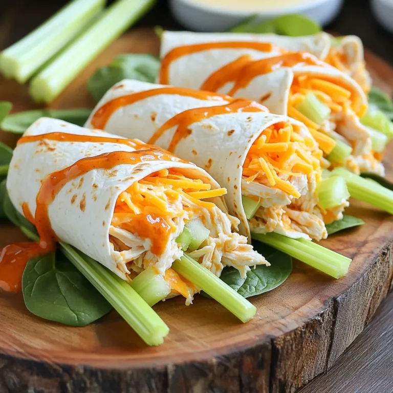 - 2 cups cooked and shredded chicken breast - 1/2 cup buffalo sauce - 1/4 cup cream cheese - 1/2 cup shredded cheddar cheese - 1/2 cup chopped celery - 4 large flour tortillas - 1 cup fresh baby spinach leaves - 1/4 cup ranch dressing - Salt and pepper I love using shredded chicken for these wraps. It gives a great flavor and texture. The buffalo sauce adds a spicy kick, but you can adjust it to your taste. Cream cheese makes the filling creamy and rich. Chopped celery adds a nice crunch, and shredded cheddar gives a cheesy goodness. Flour tortillas hold everything together well. Fresh spinach leaves add color and nutrients. Don't forget the ranch dressing; it balances the heat of the buffalo sauce. A sprinkle of salt and pepper helps to enhance the flavors. - Additional veggies for crunch (carrots, bell peppers) - Different types of cheese (blue cheese, pepper jack) - Alternative wraps (whole grain, spinach) Feel free to add more veggies if you like. Carrots and bell peppers can give extra crunch and flavor. You can try other cheeses too, like blue cheese for a bold taste. If you want a healthier wrap, choose whole grain or spinach tortillas. These options make the wraps fun and unique! First, grab a large mixing bowl. In this bowl, combine 2 cups of cooked and shredded chicken breast with 1/2 cup of buffalo sauce. Mix well until the chicken is fully coated in the sauce. Next, add 1/4 cup of softened cream cheese to the chicken mixture. Use a spatula to blend it in until smooth. This will give your wraps a creamy texture. Finally, fold in 1/2 cup of shredded cheddar cheese and 1/2 cup of chopped celery for a nice crunch. Stir until everything is mixed well. Season with salt and freshly cracked pepper to taste. Now, it's time to lay out your 4 large flour tortillas on a clean surface. In the center of each tortilla, place a generous handful of 1 cup of fresh baby spinach leaves. Next, add a hearty scoop of the buffalo chicken mixture on top of the spinach. This layer packs in the flavor. Drizzle 1/4 cup of ranch dressing over the chicken mixture. This will add extra creaminess. To form the wraps, fold in the two sides of the tortilla first. After that, roll the tortilla tightly from the bottom up. This step keeps all your fillings snug inside. With your wraps assembled, use a serrated knife to cut each one in half diagonally. This makes them easier to handle and looks great on a plate. For presentation, arrange the wraps neatly on a large serving platter. You can garnish with extra celery sticks. Place a small bowl of ranch dressing nearby for dipping. This adds a fun touch and invites everyone to dig in! To shred chicken easily, use two forks. Hold one fork steady, and pull with the other. This method works well on warm, cooked chicken. You can also use a stand mixer with a paddle attachment. Just place the chicken in the bowl, turn it on low, and watch it shred in seconds. When it comes to buffalo sauce, I like to recommend a few brands. Frank's RedHot is a classic choice, known for its perfect balance of heat and flavor. If you want something creamier, try Sweet Baby Ray's Buffalo Sauce. It adds a nice twist while keeping the spicy kick. For drinks, pair your wraps with a light beer or a refreshing lemonade. Both options can cool down the heat. If you want sides, fresh veggies and dip work well. Carrot sticks and celery are perfect for that crunchy contrast. Garnishing your wraps can really make them pop. You can sprinkle some extra cheddar cheese on top. Adding fresh herbs like parsley or cilantro also brightens the dish. For an extra crunch, serve with celery sticks and a small bowl of ranch dressing on the side. {{image_4}} You can easily switch up the taste of your Minute Buffalo Chicken Wraps. Here are a couple of fun ideas: - For a spicy kick, add jalapeños to your chicken mix. This gives your wraps a nice heat. - If you love creamy flavors, mix in extra ranch dressing. This makes the wraps rich and tasty. Feel free to get creative! You can also add different veggies or cheese to change the flavor even more. These wraps can fit many diets. Here are some great options: - You can use lettuce wraps instead of tortillas. This makes your meal gluten-free and fresh. - For a vegetarian version, swap chicken with plant-based chicken. This way, you can enjoy the same great taste without meat. These variations help everyone enjoy a tasty meal. Whether you want spicy, creamy, or a diet-friendly option, these wraps can adapt to your needs. To store your buffalo chicken wraps, wrap them tightly in plastic wrap or foil. This keeps them fresh and prevents them from drying out. You can also place them in an airtight container. They stay good in the fridge for up to three days. After that, the flavors may fade, and the texture may change. When it comes to reheating, you have two great options: the microwave or the oven. The microwave is quick but can make the wrap a bit soft. If you want a crispy texture, use the oven. Preheat it to 350°F (175°C) and place the wraps on a baking sheet. Heat for about 10 minutes, or until warm. To keep your wraps nice, cover them with foil while reheating. This step helps them stay moist. Enjoy your tasty buffalo chicken wraps again! To make buffalo chicken wraps spicier, add more buffalo sauce. You can also mix in some diced jalapeños or crushed red pepper flakes. Adjust the heat to your taste. This way, you can enjoy a kick in every bite! Yes, you can prepare the filling ahead of time. Mix the chicken, buffalo sauce, cream cheese, and other ingredients. Store it in an airtight container in the fridge. This makes it easy to assemble your wraps when you're ready to eat! If you want a different flavor, try blue cheese dressing. Greek yogurt is a healthy option too. You can also mix sour cream with a little lemon juice for a tangy taste. Choose what you like best! This recipe yields four servings. Each wrap is filling and tasty. You can easily double the recipe for more guests or leftovers! Yes, you can freeze buffalo chicken wraps. Wrap them tightly in plastic wrap or foil. Store them in a freezer bag to keep them fresh. When you’re ready to eat, thaw them in the fridge and reheat before serving. This blog post covered everything you need for tasty buffalo chicken wraps. You learned about the key ingredients, step-by-step instructions, and helpful tips. We explored variations to suit different tastes and diets. Lastly, we discussed storage and reheating methods to keep your wraps fresh. Enjoy making these wraps for your next meal. They are easy to customize and always a hit!