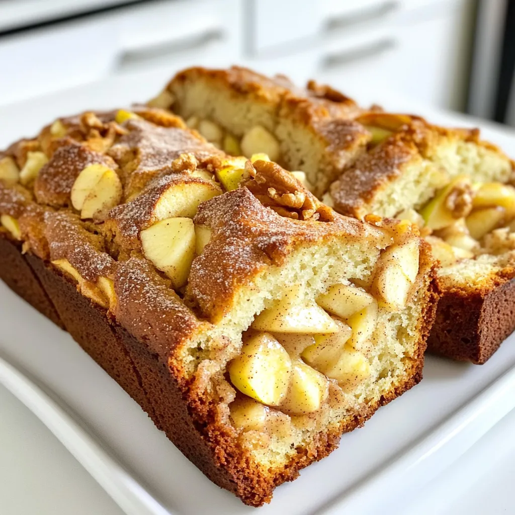 - 2 cups all-purpose flour - 1 teaspoon baking powder - 1/2 teaspoon baking soda - 1 teaspoon ground cinnamon - 1/4 teaspoon ground nutmeg - 1/2 teaspoon salt - 1/2 cup unsalted butter, softened - 1 cup packed brown sugar - 2 large eggs - 1 teaspoon pure vanilla extract - 1/2 cup buttermilk (or milk with lemon juice) - 2 cups peeled and diced apples (Granny Smith or Honeycrisp) - 1/2 cup chopped walnuts or pecans (optional) - For the topping: 2 tablespoons granulated sugar mixed with 1 teaspoon cinnamon You can add more flavors to this bread. Here are a few ideas: - Raisins or dried cranberries: They add sweetness and chewiness. - Chopped chocolate or chocolate chips: This makes a great twist on flavor. - Shredded coconut: This offers a tropical taste. - Zest from an orange or lemon: This adds a refreshing note. You might need some swaps depending on what you have: - Butter: Use coconut oil or margarine if needed. - Brown sugar: White sugar works too, but the flavor will change. - Buttermilk: Use regular milk with a dash of vinegar for a similar effect. - Apples: Any apple works, but tart ones are best for balance. - Nuts: Omit them if you're allergic or prefer a nut-free version. First, gather all your ingredients. You will need flour, baking powder, baking soda, cinnamon, nutmeg, salt, butter, brown sugar, eggs, vanilla, buttermilk, apples, and nuts if you like. Next, preheat your oven to 350°F (175°C). This helps the bread bake evenly. Prepare a 9x5 inch loaf pan. Grease it with butter or cooking spray. Dust it lightly with flour to prevent sticking. In a medium bowl, mix together the dry ingredients. Combine the flour, baking powder, baking soda, cinnamon, nutmeg, and salt. Whisk it well to blend everything together. In a large bowl, beat the softened butter and brown sugar with an electric mixer. Mix until it looks light and fluffy. Then, add the eggs one at a time, mixing well after each. Stir in the vanilla extract. Gradually add the dry mix to the wet mix. Alternate with the buttermilk. Start and end with dry ingredients. Mix just until combined. It’s okay if there are a few lumps. Now, gently fold in the diced apples and nuts if you want them. Be careful not to overmix. You want the apples and nuts to spread out in the batter. Pour the batter into your prepared loaf pan. Smooth the top with a rubber spatula. For a sweet crust, sprinkle the cinnamon-sugar mix over the top. Slide the loaf into your preheated oven. Bake for 55 to 60 minutes. To check if it’s done, insert a toothpick into the center. It should come out clean. Once baked, take it out of the oven. Let it cool in the pan for about 10 minutes. Then, carefully move it to a wire rack to cool completely. Now, slice and enjoy your apple cinnamon bread! To get that soft and moist bread, follow these tips: - Use room temperature butter. This helps it mix well with sugar. - Do not overmix the batter. A few lumps are fine and help keep it light. - Fold in the apples gently. This keeps the bread fluffy and airy. Store any leftover bread in an airtight container. This keeps it fresh for days. You can leave it at room temperature for up to three days. If you want to save it longer, wrap it tightly in plastic wrap. Then, place it in a freezer bag. It can last up to three months in the freezer. Slice the apple cinnamon bread and serve it warm. A dusting of powdered sugar adds a nice touch. You can also serve it with creamy butter or cream cheese. For extra flavor, add a drizzle of honey. This makes each bite even more delicious! {{image_4}} You can make this bread even better by adding different fruits or nuts. Try adding: - 1 cup of diced pears for a sweet twist. - 1 cup of dried cranberries for a tart burst. - 1/2 cup of chopped pecans or walnuts for crunch. Each add-in will change the flavor and texture. Feel free to mix and match! If you need a gluten-free version, you can use a gluten-free flour blend. Look for one that has xanthan gum. Replace the all-purpose flour with 2 cups of this blend. The taste will be just as good, and you won’t lose any flavor! You can spice things up by adding different spices. Instead of just cinnamon, you can try: - 1 teaspoon of pumpkin pie spice for a fall flavor. - 1/2 teaspoon of cardamom for a warm touch. - A dash of ginger for a little kick. These spices will give your bread a new twist and make it even more delicious! You can keep your apple cinnamon bread at room temperature. Wrap it in plastic wrap or foil. This keeps it moist and fresh. Store it in a cool, dry place. It can last for about three days. For longer storage, refrigerate the bread. Place it in an airtight container. This helps prevent it from drying out. In the fridge, it can last for about a week. When you want to eat it, just warm it slightly in the oven. Freezing is a great option for apple cinnamon bread. Wrap it tightly in plastic wrap. Then, place it in a freezer-safe bag. This keeps the bread fresh for up to three months. To enjoy it, thaw overnight in the fridge. You can also warm it in the oven for a fresh-baked taste. Granny Smith and Honeycrisp are my top picks. Granny Smith apples give a nice tartness that balances the sweet bread. Honeycrisp adds a sweet crunch that makes each bite delightful. You can mix both for more flavor. They hold their shape well during baking, which keeps your bread moist. Yes, you can! Use milk with a splash of lemon juice as a substitute. This mix mimics the tangy flavor of buttermilk. You can also use plain yogurt thinned with a little milk. Both options will work well and keep your bread tender. Check the bread with a toothpick. Insert it into the center of the loaf. If it comes out clean or with just a few crumbs, it’s done. If it has wet batter on it, bake for a few more minutes. The top should be golden brown, and the bread should feel firm to the touch. This blog covered everything you need to make great bread. You learned about key ingredients, optional add-ins, and how to swap items if needed. I gave you easy steps for mixing and baking. You also found tips for texture, storage, and serving ideas. Plus, we explored fun variations and answered common questions. Use these insights to bake with confidence. Enjoy your bread-making journey and happy baking!