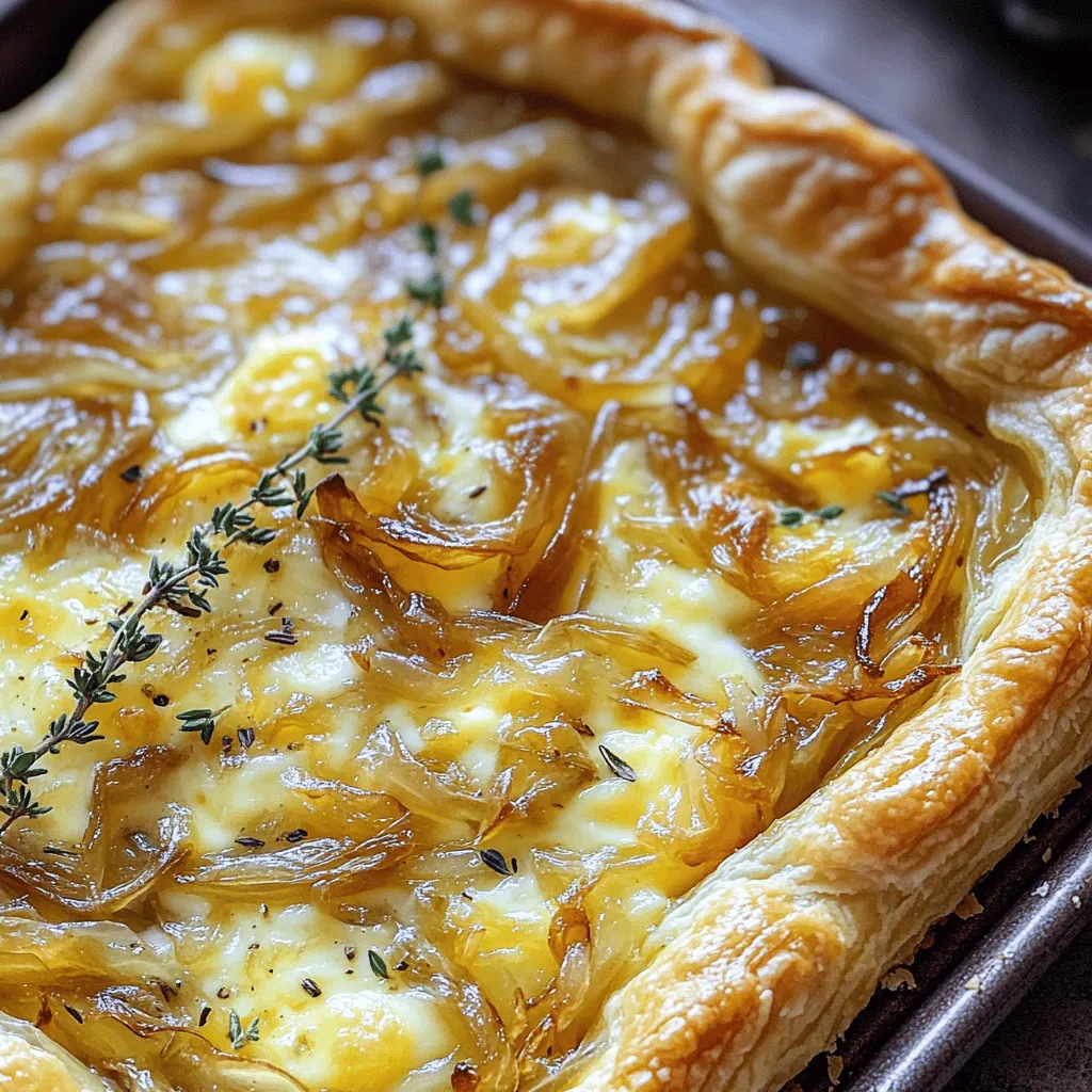 - 1 sheet of puff pastry, thawed - 3 large onions, thinly sliced - 2 tablespoons olive oil - 1 tablespoon unsalted butter - 1 teaspoon granulated sugar - 1 teaspoon salt - 1 teaspoon fresh thyme leaves (or ½ teaspoon dried thyme) - 1 cup Gruyère cheese, freshly grated - 2 large eggs - 1 cup heavy cream - Freshly ground black pepper, to taste These ingredients come together for a rich and savory tart. The puff pastry forms a crisp base. The onions add sweetness, while the Gruyère cheese gives depth. Eggs and cream create a light custard that binds everything. - Caramelized garlic for extra flavor - Spinach or kale for added greens - Crumbled bacon for a meaty touch You can mix in these optional ingredients for a twist. Caramelized garlic pairs well with onions. Spinach adds color and nutrients. Bacon brings a savory crunch. - Gruyère cheese offers a nutty flavor. - Emmental is another great choice. - Goat cheese provides a tangy kick. Choosing the right cheese is key. Gruyère gives the tart its classic taste. Emmental melts beautifully, while goat cheese adds creaminess. Feel free to experiment with your favorite cheeses! To make your Caramelized Onion Gruyère Tart, gather all your ingredients first. You will need: - 1 sheet of puff pastry, thawed - 3 large onions, thinly sliced - 2 tablespoons olive oil - 1 tablespoon unsalted butter - 1 teaspoon granulated sugar - 1 teaspoon salt - 1 teaspoon fresh thyme leaves (or ½ teaspoon dried thyme) - 1 cup Gruyère cheese, freshly grated - 2 large eggs - 1 cup heavy cream - Freshly ground black pepper, to taste Make sure everything is ready to go before you start cooking. This helps things flow smoothly. 1. Preheat Your Oven: Turn your oven on to 400°F (200°C). This helps the tart cook evenly and the pastry become golden. 2. Caramelize the Onions: Heat the olive oil and butter in a large skillet over medium heat. Add the sliced onions and stir them to coat. Sprinkle with salt and sugar. Cook for 20-25 minutes, stirring often. You want the onions to be soft and caramelized. In the last few minutes, add thyme for extra flavor, then take the skillet off the heat. 3. Prepare the Puff Pastry: On a floured surface, roll out the puff pastry. Make it large enough for a 10-inch tart pan. Gently press it into the pan, making sure it fits well. Trim any extra pastry hanging over the edges. 4. Add the Gruyère Cheese: Spread the grated Gruyère cheese evenly over the bottom of the pastry shell. This adds a rich flavor. 5. Mix the Eggs and Cream: In a bowl, whisk the eggs, heavy cream, and a pinch of black pepper until it is well mixed. Pour this over the cheese in the tart shell. Ensure it covers the cheese evenly. 6. Layer the Caramelized Onions: Spoon the caramelized onions on top of the egg and cheese mix. Spread them out for even flavor in each bite. 7. Bake the Tart: Place the tart into the preheated oven. Bake for 25-30 minutes. The custard should set, and the pastry should turn golden and flaky. 8. Cool and Serve: Let the tart cool slightly on a wire rack. This makes slicing easier and keeps the filling together. Serve it warm or at room temperature. It pairs well with a simple green salad for a tasty meal. To get sweet and rich caramelized onions, follow these tips: - Use medium heat. This helps cook the onions slowly. - Stir often. This prevents sticking and burning. - Add salt and sugar. This boosts flavor and speeds up caramelization. - Cook for 20-25 minutes. The onions should be soft and golden. - Add thyme in the last few minutes. This gives a fresh taste. A flaky puff pastry makes your tart special. Here’s how to achieve that: - Thaw your pastry completely. This helps it roll out easily. - Roll it out on a floured surface. This prevents sticking. - Press gently into the tart pan. Avoid stretching the dough. - Trim excess pastry. This keeps a neat edge. - Chill the pastry before baking. This helps it puff and stay flaky. Avoid these common mistakes for the best tart: - Don’t rush the onion cooking. Patience is key for caramelization. - Skip the cheese layer at the bottom. It adds flavor and richness. - Forget to cool the tart. This makes slicing easier. - Overbake the tart. Check for golden color and a firm center. - Ignore seasoning. Freshly ground pepper adds a nice kick. {{image_4}} For a tasty vegetarian twist, you can add vegetables like spinach or mushrooms. Sauté them in olive oil before mixing with the onions. This will add more flavor and color to your tart. You can also swap out Gruyère for ricotta or feta cheese. These cheeses give a different texture and taste while keeping it meat-free. To make a gluten-free tart, use gluten-free puff pastry. Many stores sell frozen options that work well. Just check the package for baking instructions. You can also make a crust from ground almonds or gluten-free flour. This lets you enjoy the tart without gluten. You can boost the flavor of your tart with fresh herbs. Try rosemary, parsley, or basil for a fragrant touch. Adding spices like nutmeg or smoked paprika can give a warm, rich taste. If you like heat, sprinkle some red pepper flakes in the onion mix. Each of these additions can create a unique flavor profile that suits your taste. To keep your tart fresh, let it cool completely first. Wrap it in plastic wrap or place it in an airtight container. Store it in the fridge for up to three days. This way, you can enjoy it later without losing flavor. When you're ready to eat, preheat your oven to 350°F (175°C). Place the tart on a baking sheet. Heat it for about 10-15 minutes. This warms it through and helps keep the crust crispy. Avoid using the microwave, as it can make the pastry soggy. If you want to freeze the tart, slice it first. Wrap each slice in plastic wrap, then place them in a freezer bag. Label the bag with the date. You can freeze it for up to two months. To enjoy, thaw it overnight in the fridge and reheat as mentioned above. Yes, you can! While Gruyère is rich and nutty, other cheeses work well too. Try aged cheddar for a sharper taste. Fontina adds creaminess, while goat cheese brings tang. Mix cheeses for more depth. Just remember to adjust the amount based on the cheese’s strength. The tart is ready when the top is golden brown. The custard inside should be set, not jiggly. To check, gently shake the tart. If it wobbles slightly but holds, it’s good to go. Let it cool for a few minutes before slicing. This helps the filling stay firm. This tart pairs well with a simple green salad. A mix of leafy greens and a light vinaigrette works best. You can also serve it with roasted vegetables or a bowl of soup. For a more filling meal, add grilled chicken or a side of quinoa. To make a great Caramelized Onion Gruyère Tart, you need the right ingredients and steps. We covered the main ingredients and some tasty variations. I shared tips for perfecting your dish, like how to caramelize onions and avoid mistakes. Knowing how to store and reheat leftovers keeps your tart fresh. This dish is easy to customize and perfect for any meal. Now, it's your turn to create a delicious tart that everyone will love!