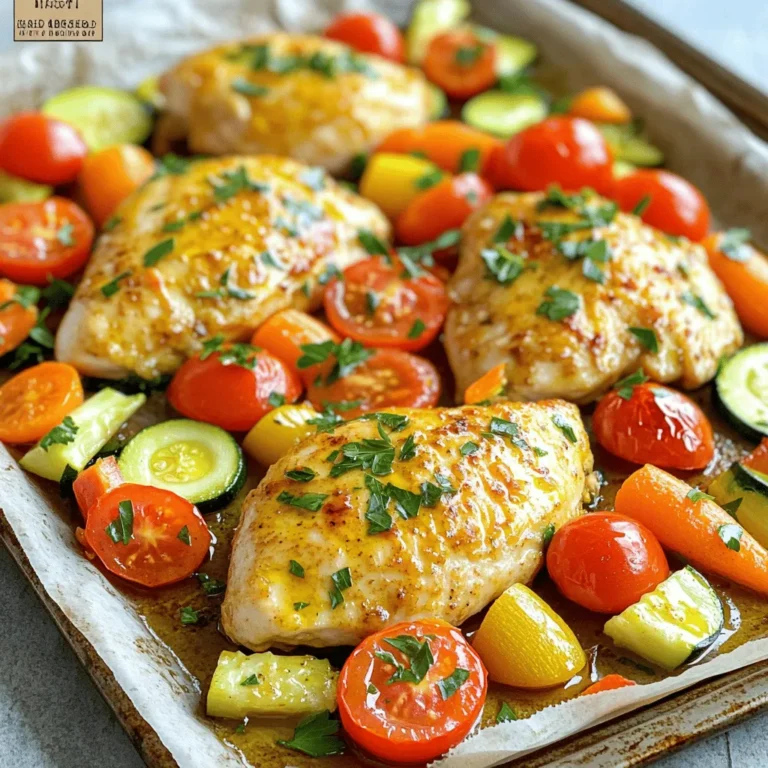 - Chicken and Vegetables - 4 boneless, skinless chicken breasts - 1 red bell pepper, chopped into bite-sized pieces - 1 medium zucchini, sliced into rounds - 1 cup cherry tomatoes, halved - 1 cup baby carrots, whole - Seasoning and Marinade - 1 packet (1 oz) ranch seasoning mix - 2 tablespoons olive oil - 1 teaspoon garlic powder - 1 teaspoon onion powder - 1 teaspoon smoked paprika - Salt and pepper to taste - Optional Garnishes - Fresh parsley, chopped, for garnish These simple ingredients create a tasty meal. The chicken stays juicy, while the veggies get tender. Ranch seasoning adds a bold flavor that everyone loves. Using fresh produce makes this dish vibrant and healthy. You can customize it with your favorite veggies too! First, set your oven to 400°F (200°C). This heat cooks the chicken well and makes the veggies tender. Line a large sheet pan with parchment paper to make cleaning easy later. In a small bowl, mix one packet of ranch seasoning, garlic powder, onion powder, smoked paprika, and two tablespoons of olive oil. Stir until smooth. This marinade adds great flavor to the chicken. Take four boneless, skinless chicken breasts and place them in a large bowl. Pour the marinade over the chicken. Use your hands or tongs to coat each piece well. Let them sit for at least 15 minutes. This helps the flavors soak in. On your lined sheet pan, spread out the chopped red bell pepper, sliced zucchini, halved cherry tomatoes, and whole baby carrots. Drizzle a little olive oil over them. Season with salt and pepper, then toss the veggies lightly. This ensures they get well coated. Once the veggies are ready, place the marinated chicken breasts on top. Make sure there is some space between each piece. This helps everything cook evenly. Put the sheet pan in the oven. Bake for 25 to 30 minutes. The chicken is done when it reaches 165°F (75°C) and looks golden brown. The veggies should be tender and slightly caramelized. After baking, take the pan out and let it sit for five minutes. This resting time keeps the chicken juicy. Before serving, sprinkle with fresh parsley for a nice touch. To cook chicken and veggies evenly, space them out on the sheet pan. Crowding can lead to steaming instead of roasting. Ensure each piece has room to breathe. Flip the veggies halfway through cooking. This helps them brown nicely. For best results, check the chicken's internal temperature. It should reach 165°F (75°C). Marinate the chicken for at least 15 minutes. This allows the flavors to soak in. For extra flavor, let it marinate longer, up to two hours. Use a zip-top bag for easy mixing. Make sure to coat every piece of chicken well. This gives you a tasty bite every time. Serve the dish directly from the sheet pan for a casual feel. It makes for easy cleanup. If you want a fancier look, transfer the food to a platter. Garnish with fresh parsley for color. A drizzle of ranch dressing adds a nice touch, too. Enjoy this meal with a side of crusty bread or a simple salad. {{image_4}} You can switch up the veggies based on what you have. Try broccoli, asparagus, or green beans. Cauliflower works well, too. You can mix and match to keep things fun. Each vegetable adds a unique taste. Soft veggies like zucchini cook fast, while firmer ones like carrots take longer. Be mindful of cooking times to get everything just right. Not a chicken fan? You can use pork chops or turkey. Both work great with the ranch seasoning. For a plant-based option, try chickpeas or tofu. Just make sure to adjust cooking times. If you use a thinner protein, check often to prevent overcooking. Each choice brings different flavors and textures to the meal. Want to add some heat? Try using jalapeños or a spicy seasoning mix. A dash of cayenne pepper can make it lively. If you like herbs, add fresh thyme or rosemary for a fragrant touch. You can even experiment with lemon zest for brightness. Adjust the spice level based on your taste. Mixing it up keeps the dish exciting! Store your leftovers in an airtight container. Make sure to cool the chicken and veggies before sealing the container. Place it in the fridge. Use the leftovers within three days for the best taste and quality. To reheat, preheat your oven to 350°F (175°C). Place the leftovers on a baking sheet. Cover them with foil to keep moisture in. Heat for about 15-20 minutes, or until warm. You can also use the microwave if you're in a hurry. Just heat in short bursts and check often. You can freeze this meal if you want to save it for later. Let it cool completely, then transfer it to a freezer-safe bag or container. Remove as much air as you can to prevent freezer burn. This dish can last in the freezer for about two months. When ready to eat, thaw it overnight in the fridge before reheating. Yes, you can use frozen chicken. Just make sure to thaw it first. You can do this by placing it in the fridge overnight or using the defrost setting on your microwave. Thawed chicken will absorb the marinade better. You can mix in other seasonings to enhance the flavor. Some great options include Italian seasoning, cumin, or even a pinch of cayenne for heat. Feel free to play with spices to match your taste. The chicken is done when it reaches 165°F (75°C). A meat thermometer is best for checking this. The chicken should also be golden brown and juices should run clear. Yes, you can prep this meal ahead. Marinate the chicken and chop the veggies the night before. Store them in the fridge. When you're ready, just bake it! This dish pairs well with rice, quinoa, or a fresh salad. You can also serve it with crusty bread for dipping. Choose sides based on your mood and time. This recipe shows how to cook chicken and vegetables simply. We covered ingredients, step-by-step baking, and helpful tips. You can add different spices or use other proteins to keep things fun. Remember how to store leftovers for later enjoyment. With these details, you can whip up a tasty meal any time. Enjoy getting creative in your kitchen!