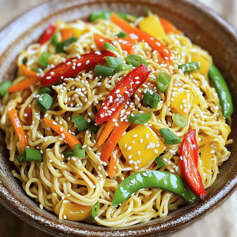 - 200g egg noodles - 3 tablespoons vegetable oil - 5 cloves garlic, minced - 2 red chilies, thinly sliced - 1 bell pepper, thinly sliced - 1 medium carrot, julienned - 100g sugar snap peas - 3 green onions, finely chopped - 3 tablespoons soy sauce - 1 tablespoon oyster sauce (optional) - 1 teaspoon sesame oil - Salt and freshly ground black pepper to taste - Sesame seeds for garnish In this recipe, the ingredients come together to create a vibrant dish. The egg noodles serve as the base, offering a chewy texture. I love using fresh garlic for its strong flavor. The red chilies add a kick, but you can adjust the amount to suit your taste. The bell pepper brings a sweet crunch, while the carrot adds color and a slight sweetness. Sugar snap peas provide a fresh bite. Green onions add a nice pop of flavor on top. Soy sauce gives a salty depth, while oyster sauce adds umami, though it is optional. Sesame oil adds a toasty finish that makes everything taste better. Finally, season with salt and black pepper to round out the flavors. The sesame seeds on top not only look great but add a delightful crunch. Each ingredient plays a role in making this dish truly special. To cook the egg noodles, boil water in a pot. Add a pinch of salt for flavor. Cook the noodles according to the package. Aim for al dente, which means they should be firm but not hard. This usually takes about 5-7 minutes. Once done, drain the noodles well and let them cool for a bit. To achieve the perfect al dente texture, keep an eye on the clock. Test a noodle a minute before time is up. You want it to have a slight bite. This helps the noodles stay sturdy when you stir-fry them later. Heat the vegetable oil in a large wok or heavy skillet over medium-high heat. Wait until the oil shimmers; this means it is hot enough. Carefully add the minced garlic and sliced red chilies. Stir-fry for about 30 seconds. The garlic should smell great but not brown. Next, add the sliced bell pepper, julienned carrot, and sugar snap peas. Stir-fry these veggies for about 3 to 4 minutes. You want them to be tender but still crisp. Stirring often helps cook them evenly. Once the vegetables are ready, gently fold in the cooked egg noodles. Make sure the noodles mix well with the colorful veggies. Drizzle soy sauce, oyster sauce if using, and sesame oil over everything. Toss the mix for another 2 to 3 minutes. This helps all the flavors blend together nicely. Taste your stir fry and add salt and freshly ground black pepper as needed. Adjust the seasoning to your liking. After that, remove the wok from the heat and fold in the chopped green onions. This adds a fresh burst of flavor. Now, serve your Garlic Chili Noodles hot. Sprinkle sesame seeds on top for a nice crunch and a beautiful finish. To change the heat, simply add or remove red chilies. Start with one chili for a mild kick. For more heat, go for two or three. You can also use chili flakes as a substitute. If you want a milder flavor, try sweet bell peppers or even a dash of sugar. Want more taste? Add proteins like chicken, shrimp, or tofu. Cook them first and then add the vegetables. You can also switch sauces. Try teriyaki or hoisin for a different taste. Each sauce brings its own unique twist to the dish. High heat is key for stir-frying. It cooks food fast and keeps it crunchy. Heat the oil until it shimmers before adding your ingredients. This helps lock in the flavors. Stir your veggies quickly to keep them crisp. Avoid overcooking; you want them bright and colorful. {{image_4}} You can make your Garlic Chili Noodles stir fry vegetarian by swapping the oyster sauce. Use soy sauce or mushroom sauce instead. For a protein boost, add tofu or chickpeas. Both options mix well with the noodles and boost flavor. Try adding more vegetables too. Broccoli, zucchini, or mushrooms add great taste and color. If you want a gluten-free option, use rice noodles. Cook them for a shorter time, about 4-5 minutes. You can also try whole wheat noodles for a healthier twist. Each type of noodle changes the dish slightly, so adjust your cooking time. Make sure to check the package for details. To enhance your dish, add ginger for a warm kick. Sesame seeds give a nice crunch and flavor. Garnish with fresh herbs like cilantro or basil for a fresh touch. You can also drizzle a bit of lime juice for brightness. Each addition brings your Garlic Chili Noodles to life. To keep your Garlic Chili Noodles fresh, store them in an airtight container. Place them in the fridge within two hours of cooking. This helps prevent bacteria growth. Garlic Chili Noodles can last up to three days in the fridge. When reheating, aim to keep the noodles tasty and not mushy. The best way is to use the stovetop. Heat a bit of oil in a pan and add the noodles. Stir them gently until heated through. If you use a microwave, place the noodles in a bowl with a splash of water. Cover it and heat for one minute. Check and stir, then heat again if needed. To freeze Garlic Chili Noodles, let them cool first. Place them in a freezer-safe bag or container. Remove as much air as you can to prevent freezer burn. They can last up to three months in the freezer. To thaw, leave them in the fridge overnight. For quick thawing, use the microwave on low. Reheat as mentioned above for best results. To make Garlic Chili Noodles from scratch, you need a few simple steps. First, cook 200g of egg noodles until they are al dente. Drain the noodles and set them aside. In a large wok, heat 3 tablespoons of vegetable oil. Once hot, add 5 minced garlic cloves and 2 thinly sliced red chilies. Stir-fry for about 30 seconds until fragrant. Next, add a sliced bell pepper, a julienned carrot, and 100g of sugar snap peas. Cook these for about 4 minutes. Finally, fold in the cooked noodles, drizzle 3 tablespoons of soy sauce, and toss everything together. Yes, you can make this dish spicy without fresh chilies. Use chili paste or chili flakes instead. Start with a small amount and taste as you go. If you want a different flavor, try Sriracha or hot sauce. These options give heat without needing fresh chilies. Garlic Chili Noodles pair well with many dishes. You can serve them with grilled chicken or shrimp for protein. A side of stir-fried greens, like bok choy or broccoli, adds nutrients. You could also serve them with spring rolls for a fun appetizer. Store leftover Garlic Chili Noodles in an airtight container in the fridge. They will last for about 3 days. To reheat, use a microwave or stovetop. If using a microwave, add a splash of water to keep them moist. For stovetop reheating, add a bit of oil to prevent sticking. Yes, you can make Garlic Chili Noodles ahead of time. Cook and cool the dish completely before storing. Keep them in the fridge for up to 3 days. When ready to eat, reheat as mentioned above. This makes meal prep easy and quick! Garlic Chili Noodles are simple to make and packed with flavor. You learned about the fresh ingredients, step-by-step cooking, and tips for perfect results. There’s room for customization with spice and protein options. Remember to store leftovers properly to keep them tasty. You can now create this dish with confidence, whether for a weeknight meal or a special occasion. Enjoy your cooking adventure, and share these delicious noodles with others!
