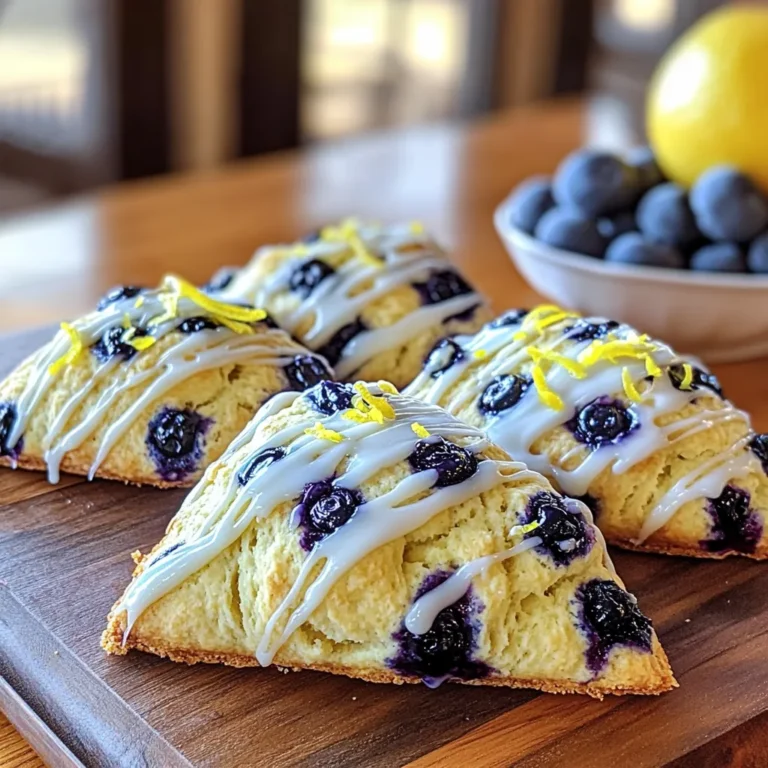 - 2 cups all-purpose flour - 1/4 cup granulated sugar - 1 tablespoon baking powder - 1/2 teaspoon salt - 1/2 cup unsalted butter, cold and cubed - 1 cup fresh blueberries - Zest of 1 lemon - 1/2 cup heavy cream - 1 large egg - 1 teaspoon vanilla extract - 1 tablespoon fresh lemon juice The ingredients for these Zesty Lemon Blueberry Scones are simple but key to great taste. You need flour for structure, sugar for sweetness, and baking powder to help them rise. Salt enhances flavor and balances the sweetness. Cold butter is crucial. It creates flaky layers. Blueberries add natural sweetness and juicy bursts. Lemon zest gives a bright flavor. Heavy cream adds richness. The egg binds everything together, while vanilla and lemon juice add depth. - Alternatives for all-purpose flour: You can use whole wheat flour for a nuttier taste or gluten-free flour for a gluten-free option. - Options for fresh blueberries: If fresh blueberries are not available, use frozen blueberries. Just thaw and drain them well before adding. - Dairy-free substitutes for cream and butter: Use coconut cream and a dairy-free butter substitute to keep it rich and creamy without dairy. Each ingredient plays a role in making these scones special. Feel free to experiment with substitutes to make your perfect batch! 1. Preheat your oven to 400°F (200°C). This helps the scones rise well. 2. Prepare a baking sheet. Line it with parchment paper to avoid sticking. 3. Mix dry ingredients. In a large bowl, combine: - 2 cups all-purpose flour - 1/4 cup granulated sugar - 1 tablespoon baking powder - 1/2 teaspoon salt 4. Cut in cold butter. Add 1/2 cup cold, cubed butter to the dry mix. Use your fingertips or a pastry cutter. Work it until you see coarse crumbs. Some pea-sized butter bits should remain. 1. Whisk dairy and egg mixture. In another bowl, mix: - 1/2 cup heavy cream - 1 large egg - 1 teaspoon vanilla extract - 1 tablespoon fresh lemon juice 2. Integrate wet and dry ingredients. Pour the creamy mix into the flour blend. Stir gently with a spatula. The dough can be lumpy. Avoid overmixing. 1. Turn out and knead dough. Place the dough on a floured surface. Knead it a couple of times to combine. 2. Cut scones. Pat the dough into a circle about 1 inch thick. Use a sharp knife to cut it into 8 wedges. 3. Prepare for baking. Place scones on the baking sheet, leaving space between them. Brush tops with extra heavy cream for shine. 4. Bake time and visual cues for doneness. Bake for 15-20 minutes. Look for golden tops and slight rising. To make the best scones, you need to keep the butter cold. Cold butter helps create those flaky layers. When you mix it in, aim for small lumps. This makes your scones light and airy. Also, be careful not to overmix the dough. Stir just enough to combine it. A little lumpiness is okay. Overmixing can make your scones tough. For a bright taste, use lemon zest instead of just lemon juice. The zest gives a stronger lemony flavor. You can also adjust the sweetness. If you like your scones sweeter, add a bit more sugar. Taste the dough before you bake to find your perfect balance. These scones pair well with tea or coffee. They are a great snack for afternoon breaks. Drizzle them with a simple lemon icing. Mix powdered sugar with lemon juice for a sweet touch. Top each scone with fresh blueberries for a nice look. Enjoy them warm for the best flavor! {{image_4}} You can change up the flavor of these scones to suit your taste. Here are two easy ways to do this: - Adding nuts or chocolate chips: Chopped nuts like walnuts or pecans add crunch. You can also mix in chocolate chips for a sweeter twist. Just fold them in with the blueberries. - Different fruit combinations: Try using raspberries or cranberries instead of blueberries. Each fruit brings a unique flavor. You could even mix different fruits for a fun surprise! If you need to adjust the recipe for dietary needs, I have some great options. Here’s how to make these delicious scones work for everyone: - Gluten-free scone options: Use a gluten-free flour blend instead of all-purpose flour. Make sure it has a good balance of starch and protein to hold the scones together. - Vegan adaptations: Replace the butter with coconut oil or a plant-based butter. Use almond, soy, or oat milk instead of heavy cream. For egg, try using a flaxseed meal or a commercial egg replacer. This keeps the scones light and tasty! To keep your scones fresh, let them cool completely. Place them in an airtight container. This stops air from making them dry. Store them at room temperature for up to two days. If you need to save them longer, consider freezing. Make sure to keep them in a cool, dark place. Avoid sunlight, which can cause them to stale faster. If you have more than a few scones, you can layer them with parchment paper. This helps them not to stick together. To freeze scones, first let them cool. Wrap each scone in plastic wrap. Then, place them in a freezer bag. Squeeze out the air to prevent freezer burn. You can freeze them for up to three months. When you’re ready to enjoy, thaw them in the fridge overnight. For a quick option, use the microwave. Heat them for about 30 seconds to 1 minute. This keeps them soft and warm, just like fresh. You can tell your scones are done when they are golden brown and have risen well. They should feel firm to the touch and not doughy in the center. A toothpick inserted into the middle should come out clean. Keep an eye on them during the last few minutes of baking to avoid overcooking. Yes, you can use frozen blueberries! Just make sure to thaw and drain them first. This step prevents excess moisture from affecting the dough. Gently fold in the blueberries at the end to keep them intact and prevent color bleeding. The best way to reheat scones is in the oven. Preheat your oven to 350°F (175°C). Place the scones on a baking sheet and cover them loosely with foil. Heat for about 10 minutes. This helps them regain their flaky texture and warmth without drying out. Yes, you can make the dough ahead of time! Prepare the dough and shape it into a circle. Wrap it tightly in plastic wrap and store it in the fridge for up to 24 hours. When ready to bake, slice the scones and bake them as directed. We explored how to make delicious blueberry scones with easy steps, tips, and variations. You can modify the recipe to fit your taste and dietary needs. Remember to use cold butter for a flaky texture and enjoy experimenting with flavors. Whether you bake these fresh or store them for later, you’ll love the results. Try this simple recipe for a delightful treat that’s hard to resist. Happy baking!