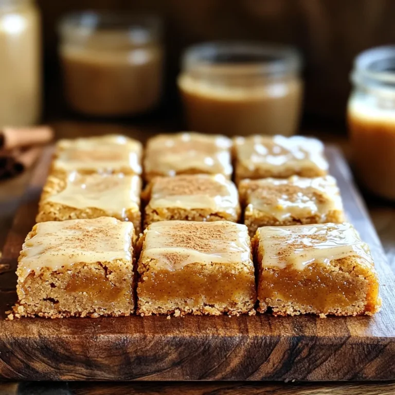 - 1 cup apple butter - ½ cup unsalted butter, melted and slightly cooled - 1 cup packed brown sugar - ½ cup granulated sugar - 2 large eggs - 1 teaspoon pure vanilla extract - 1 ½ cups all-purpose flour - 1 teaspoon baking powder - ½ teaspoon baking soda - ½ teaspoon fine salt - 1 teaspoon ground cinnamon - ½ teaspoon ground nutmeg - ½ cup chopped walnuts (optional) - 1 cup powdered sugar - 2 tablespoons milk or apple juice - ½ teaspoon ground cinnamon - Pinch of fine salt - Mixing bowls - Whisk - Spatula - 8x8-inch baking dish - Toothpick - Wire rack - Piping bag or spoon for glazing These ingredients bring the flavors of fall into your kitchen. Apple butter adds moisture and sweetness. The spices enhance the warm, cozy vibe of the blondies. The optional walnuts add a nice crunch. For the glaze, powdered sugar creates the perfect sweet finish. You can use milk or apple juice for a touch of extra flavor. Adjust the glaze's thickness to your liking. This recipe is simple and fun, perfect for any home cook. Start by preheating your oven to 350°F (175°C). Grab an 8x8-inch baking dish. You can grease it lightly or use parchment paper. This helps with easy removal later. In a big mixing bowl, add the melted butter and apple butter. Then, mix in the brown sugar and granulated sugar. Use a whisk to blend until it looks smooth. Next, crack the eggs in one at a time. Whisk well after each egg. Finally, stir in the vanilla extract. In another bowl, combine the flour, baking powder, baking soda, salt, cinnamon, and nutmeg. Whisk these dry goods together until they are mixed well. This step helps your blondies rise and taste great. Gradually add the dry mix to the wet mix. Stir gently to combine. Be careful not to over-mix. If you want, fold in the chopped walnuts for extra crunch. Pour the batter into your prepared dish. Use a spatula to smooth the top. Bake for 25-30 minutes. Check with a toothpick; it should come out clean or with a few crumbs. Let the blondies cool for 10 minutes in the pan. Then, transfer them to a wire rack to cool completely. While the blondies cool, you can make the glaze. In a mixing bowl, whisk together the powdered sugar, milk or apple juice, cinnamon, and a pinch of salt. Keep whisking until it is smooth. If it’s too thick, add more liquid. If too thin, add more sugar. Once the blondies are cool, it’s time to drizzle the glaze. Use a spoon or a piping bag to create beautiful patterns on top. This adds a lovely finish to your treat. Enjoy your Apple Butter Blondies! To get moist blondies, use apple butter. It adds moisture and flavor. Don't over-mix the batter. Stir until just combined. This keeps the blondies soft. Also, check your oven temperature. An oven thermometer helps ensure accuracy. You can swap the apple butter for other fruit spreads. Try pumpkin puree for a fall twist. If you want a nut-free option, leave out the walnuts. Use coconut oil instead of butter for a dairy-free treat. You can also replace granulated sugar with coconut sugar for a deeper flavor. For a lovely finish, drizzle extra cinnamon glaze on top. Use a piping bag to create fun patterns. You can also sprinkle chopped nuts or a dusting of cinnamon for extra flair. Serve the blondies on a colorful platter to catch the eye. Pair them with apple cider for a cozy touch. {{image_4}} You can switch things up with pumpkin spice. Just add 1 cup of pumpkin puree to the batter. Replace the nutmeg with 1 teaspoon of pumpkin spice. This makes a rich, warm flavor perfect for fall. You can also add chopped pecans for a delightful crunch. If you need a nut-free version, simply skip the walnuts. The blondies will still be tasty and soft. You can add a bit of extra cinnamon for more flavor. This keeps your treat safe for those with nut allergies. To make gluten-free blondies, swap the all-purpose flour for a gluten-free blend. Look for a mix that includes xanthan gum for the best texture. This way, everyone can enjoy these sweet treats! Always check labels to ensure all ingredients are gluten-free. To keep your apple butter blondies fresh, store them in an airtight container. Line the container with parchment paper for easy removal. If you want to keep them moist, place a slice of bread in with the blondies. The bread helps absorb moisture and keeps your treats soft. When stored properly, apple butter blondies can last up to one week at room temperature. If you place them in the fridge, they may last a bit longer, about ten days. Just remember to bring them back to room temperature before enjoying for the best taste. Freezing blondies is simple! Cut them into squares and wrap each piece in plastic wrap. Then, place the wrapped pieces in a freezer bag or container. They can stay frozen for up to three months. When you want to enjoy them, let the blondies thaw in the fridge overnight. For a quick treat, you can also microwave them for a few seconds. Yes, you can use homemade apple butter. It adds a personal touch. The taste will be fresh and unique, enhancing your blondies. Just ensure it's smooth and not too watery. This keeps the blondies moist and flavorful. Blondies and brownies both have a rich texture, but they differ in flavor. Brownies contain cocoa powder, giving them a chocolate taste. Blondies, on the other hand, have a sweet, buttery flavor. They often use brown sugar, which adds a caramel note. Both are delicious, but blondies provide a fun twist. To check if the blondies are done, use a toothpick. Insert it into the center of the pan. If it comes out clean or with a few moist crumbs, they are ready. If the toothpick has wet batter, bake them a bit longer. Keep an eye on the edges; they should look firm. Absolutely! You can add mix-ins to customize your blondies. Try chocolate chips, dried fruit, or nuts. Walnuts add a nice crunch, but feel free to experiment. Just remember to keep the total mix-ins around a half cup. This ensures the blondies bake evenly and taste great. You now have all the steps to make delicious apple butter blondies. We covered ingredients, baking tips, and how to store them. Remember to experiment with variations like pumpkin spice or nut-free options. These blondies are flexible and perfect for any occasion. They are easy to make and great to share. Enjoy your baking!