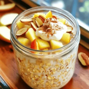 To make Apple Cinnamon Overnight Oats, you need these simple ingredients: - 1 cup rolled oats - 1 ½ cups almond milk (or any milk you like) - 1 medium apple, diced (try sweet types like Honeycrisp or Fuji) - 1 tablespoon chia seeds - 1 tablespoon maple syrup (you can swap this for honey) - 1 teaspoon ground cinnamon - ½ teaspoon vanilla extract - A pinch of salt You can switch some ingredients if you need. Here are a few easy swaps: - Milk: Use soy milk, oat milk, or regular cow's milk instead of almond milk. - Sweetener: Instead of maple syrup, use agave syrup or coconut sugar. - Chia seeds: You can replace chia seeds with ground flax seeds for a different texture. Make your oats even more special with these toppings: - Sliced almonds for a crunchy bite - Extra apple slices for freshness - A dollop of your favorite yogurt for creaminess - A sprinkle of extra cinnamon for a flavor boost Feel free to mix and match these ideas to make your breakfast just the way you like it! Start by measuring 1 cup of rolled oats. Pour them into a large mixing bowl. Next, add 1 ½ cups of almond milk. You can use any milk you like. Then, add 1 tablespoon of chia seeds for fiber and nutrition. Measure 1 tablespoon of maple syrup or honey for sweetness. Sprinkle in 1 teaspoon of ground cinnamon for flavor. Don’t forget the ½ teaspoon of vanilla extract and a pinch of salt to enhance taste. Now, grab a spoon or spatula. Stir the mixture well. You want all the ingredients to blend fully. This step is key for flavor. After mixing, gently fold in the diced apple. Use a spatula to keep the apple pieces intact. This way, you get bites of fresh fruit in every spoonful. Once mixed, divide the oat mixture into two jars or containers. Seal them tightly to avoid spills. Place the jars in the fridge overnight or for at least 6 hours. This time lets the oats soak and swell. In the morning, take them out. Stir well, and if needed, add a splash of almond milk for creaminess. Now, it’s time to serve! Top your oats with sliced almonds, more apple slices, or a spoon of yogurt. Enjoy this easy and healthy treat! To make your oats creamy, always use rolled oats. They soak up the liquid well. Mix your oats with milk and chia seeds. Let the mixture sit overnight. This helps everything blend together smoothly. If you want it even creamier, add a splash of milk in the morning. Stir it well before serving for that perfect texture. Finding the right sweetness is easy! Use maple syrup for a nice flavor. If you prefer honey, that works too. The type of apple matters. Sweet apples like Honeycrisp or Fuji add natural sweetness. Taste your mixture before chilling. Adjust the sweetness if needed, so it’s just right for you. Make your oats look appealing! Use clear jars for serving. Layer the oats and toppings to show off colors. Add sliced almonds and apple slices on top. A sprinkle of cinnamon adds a nice touch. This not only looks good, but it also makes your breakfast more fun to eat! {{image_4}} Flavor can take your apple cinnamon overnight oats to new heights. You can easily add spices like nutmeg or pumpkin spice. Just a dash can give a warm, cozy taste. Try mixing in a bit of cardamom for a unique twist. Experiment with these spices to find your favorite flavor blend. Dietary needs are important too. You can make this recipe vegan by using almond milk and maple syrup. Both options fit well without any dairy. If you need gluten-free oats, choose certified gluten-free rolled oats. This ensures everyone can enjoy the dish without worry. Seasonal fruits also add variety. In fall, swap the apple for pear. Pears add sweetness and a juicy bite. In summer, berries like strawberries or blueberries work great. They pair well with cinnamon and bring a fresh taste. You can mix and match fruits based on what is in season or what you enjoy most. To keep your apple cinnamon overnight oats fresh, store them in airtight containers. Glass jars work great as they are easy to clean and look nice. Ensure the lids are tightly closed. This keeps out air and moisture. When stored properly, these oats can last up to five days in the fridge. However, they taste best within the first three days. After that, the texture may change as the oats continue to absorb liquid. Always check for any signs of spoilage before eating. If you prefer warm oats, you can reheat them. Simply transfer the oats to a microwave-safe bowl. Heat them in short bursts, about 30 seconds at a time. Stir in between to ensure even heating. If they seem too thick, add a splash of almond milk to bring back creaminess. Enjoy them warm or cold! Yes, you can use steel-cut oats. However, they need more time to soak. Steel-cut oats are less processed and have a chewier texture. If you use them, soak them for at least 12 hours, not just overnight. You may also need more liquid. Try using two cups of almond milk for each cup of oats. To make your oats vegan, use almond milk or another plant-based milk. Maple syrup is already vegan, but you can also use agave syrup. Ensure that any yogurt you add is dairy-free. You can find many great vegan yogurt options in stores. Chia seeds are tiny powerhouses. They are rich in fiber, protein, and healthy fats. These seeds help keep you full longer, which is great for breakfast. They also contain omega-3 fatty acids, which are good for your heart. Plus, chia seeds can absorb a lot of liquid, helping your oats become creamy. This makes them a perfect ingredient for overnight oats. This blog post covered the key elements to make delicious overnight oats. You learned about the main ingredients, helpful substitutions, and tasty toppings. I explained how to prepare and chill your oats, ensuring the right texture. Remember to follow my tips for creaminess and sweetness. Don't forget the fun variations to fit your taste and diet. Lastly, I shared storage details to keep your oats fresh. Embrace your creativity with overnight oats. Enjoy your tasty and healthy meals every day!