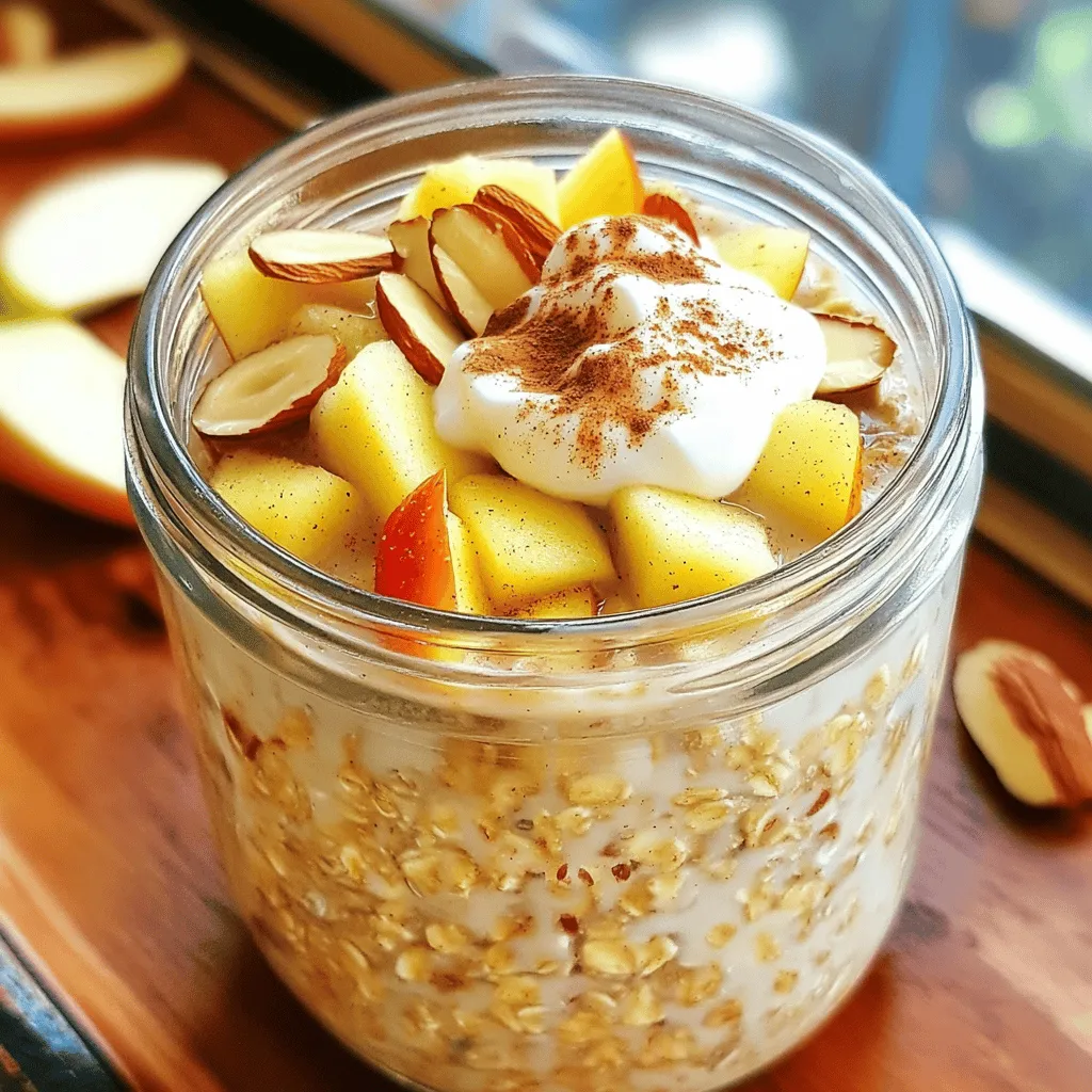 To make Apple Cinnamon Overnight Oats, you need these simple ingredients: - 1 cup rolled oats - 1 ½ cups almond milk (or any milk you like) - 1 medium apple, diced (try sweet types like Honeycrisp or Fuji) - 1 tablespoon chia seeds - 1 tablespoon maple syrup (you can swap this for honey) - 1 teaspoon ground cinnamon - ½ teaspoon vanilla extract - A pinch of salt You can switch some ingredients if you need. Here are a few easy swaps: - Milk: Use soy milk, oat milk, or regular cow's milk instead of almond milk. - Sweetener: Instead of maple syrup, use agave syrup or coconut sugar. - Chia seeds: You can replace chia seeds with ground flax seeds for a different texture. Make your oats even more special with these toppings: - Sliced almonds for a crunchy bite - Extra apple slices for freshness - A dollop of your favorite yogurt for creaminess - A sprinkle of extra cinnamon for a flavor boost Feel free to mix and match these ideas to make your breakfast just the way you like it! Start by measuring 1 cup of rolled oats. Pour them into a large mixing bowl. Next, add 1 ½ cups of almond milk. You can use any milk you like. Then, add 1 tablespoon of chia seeds for fiber and nutrition. Measure 1 tablespoon of maple syrup or honey for sweetness. Sprinkle in 1 teaspoon of ground cinnamon for flavor. Don’t forget the ½ teaspoon of vanilla extract and a pinch of salt to enhance taste. Now, grab a spoon or spatula. Stir the mixture well. You want all the ingredients to blend fully. This step is key for flavor. After mixing, gently fold in the diced apple. Use a spatula to keep the apple pieces intact. This way, you get bites of fresh fruit in every spoonful. Once mixed, divide the oat mixture into two jars or containers. Seal them tightly to avoid spills. Place the jars in the fridge overnight or for at least 6 hours. This time lets the oats soak and swell. In the morning, take them out. Stir well, and if needed, add a splash of almond milk for creaminess. Now, it’s time to serve! Top your oats with sliced almonds, more apple slices, or a spoon of yogurt. Enjoy this easy and healthy treat! To make your oats creamy, always use rolled oats. They soak up the liquid well. Mix your oats with milk and chia seeds. Let the mixture sit overnight. This helps everything blend together smoothly. If you want it even creamier, add a splash of milk in the morning. Stir it well before serving for that perfect texture. Finding the right sweetness is easy! Use maple syrup for a nice flavor. If you prefer honey, that works too. The type of apple matters. Sweet apples like Honeycrisp or Fuji add natural sweetness. Taste your mixture before chilling. Adjust the sweetness if needed, so it’s just right for you. Make your oats look appealing! Use clear jars for serving. Layer the oats and toppings to show off colors. Add sliced almonds and apple slices on top. A sprinkle of cinnamon adds a nice touch. This not only looks good, but it also makes your breakfast more fun to eat! {{image_4}} Flavor can take your apple cinnamon overnight oats to new heights. You can easily add spices like nutmeg or pumpkin spice. Just a dash can give a warm, cozy taste. Try mixing in a bit of cardamom for a unique twist. Experiment with these spices to find your favorite flavor blend. Dietary needs are important too. You can make this recipe vegan by using almond milk and maple syrup. Both options fit well without any dairy. If you need gluten-free oats, choose certified gluten-free rolled oats. This ensures everyone can enjoy the dish without worry. Seasonal fruits also add variety. In fall, swap the apple for pear. Pears add sweetness and a juicy bite. In summer, berries like strawberries or blueberries work great. They pair well with cinnamon and bring a fresh taste. You can mix and match fruits based on what is in season or what you enjoy most. To keep your apple cinnamon overnight oats fresh, store them in airtight containers. Glass jars work great as they are easy to clean and look nice. Ensure the lids are tightly closed. This keeps out air and moisture. When stored properly, these oats can last up to five days in the fridge. However, they taste best within the first three days. After that, the texture may change as the oats continue to absorb liquid. Always check for any signs of spoilage before eating. If you prefer warm oats, you can reheat them. Simply transfer the oats to a microwave-safe bowl. Heat them in short bursts, about 30 seconds at a time. Stir in between to ensure even heating. If they seem too thick, add a splash of almond milk to bring back creaminess. Enjoy them warm or cold! Yes, you can use steel-cut oats. However, they need more time to soak. Steel-cut oats are less processed and have a chewier texture. If you use them, soak them for at least 12 hours, not just overnight. You may also need more liquid. Try using two cups of almond milk for each cup of oats. To make your oats vegan, use almond milk or another plant-based milk. Maple syrup is already vegan, but you can also use agave syrup. Ensure that any yogurt you add is dairy-free. You can find many great vegan yogurt options in stores. Chia seeds are tiny powerhouses. They are rich in fiber, protein, and healthy fats. These seeds help keep you full longer, which is great for breakfast. They also contain omega-3 fatty acids, which are good for your heart. Plus, chia seeds can absorb a lot of liquid, helping your oats become creamy. This makes them a perfect ingredient for overnight oats. This blog post covered the key elements to make delicious overnight oats. You learned about the main ingredients, helpful substitutions, and tasty toppings. I explained how to prepare and chill your oats, ensuring the right texture. Remember to follow my tips for creaminess and sweetness. Don't forget the fun variations to fit your taste and diet. Lastly, I shared storage details to keep your oats fresh. Embrace your creativity with overnight oats. Enjoy your tasty and healthy meals every day!