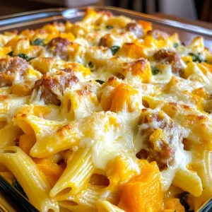 - 2 cups butternut squash, peeled and diced into bite-sized cubes - 1 pound Italian sausage (choose mild for subtle flavor or spicy for a kick) - 12 ounces penne pasta - 1 small onion, finely chopped - 3 cloves garlic, minced The butternut squash adds a sweet and creamy touch. I love using Italian sausage for that hearty flavor. Penne pasta holds all the goodness well. The onion and garlic bring a savory base to this dish. - 1 cup ricotta cheese, creamy - 2 cups shredded mozzarella cheese, divided - 1 cup grated Parmesan cheese, divided Ricotta cheese makes the dish rich and smooth. I use mozzarella to create that melty topping. Parmesan adds a nice salty bite that enhances all the flavors. - 1 teaspoon dried thyme - 1 teaspoon dried oregano - 2 cups fresh spinach, roughly chopped - 3 cups chicken broth, low-sodium preferred - 2 tablespoons olive oil - Salt and freshly ground black pepper to taste Dried thyme and oregano give the dish depth. Fresh spinach adds color and nutrients. I prefer low-sodium chicken broth for a balanced flavor. Olive oil, salt, and pepper round out the taste, making it all come together. - Preheat your oven to 375°F (190°C) to get it ready for baking. - In a large pot, bring salted water to a boil. Add 12 ounces of penne pasta and cook for 6-7 minutes. It should be al dente. Drain the pasta and set it aside in a large mixing bowl. - Heat 2 tablespoons of olive oil in a large skillet over medium heat. - Add 1 small onion, finely chopped, and sauté for about 5 minutes until it is soft. - Next, stir in 3 cloves of minced garlic and cook for 1 minute. The smell will be amazing! - Then, add 1 pound of Italian sausage to the skillet. Break it into smaller pieces with a wooden spoon. Cook for 8-10 minutes until it is browned and fully cooked. - Now, add 2 cups of diced butternut squash, 1 teaspoon of dried thyme, and 1 teaspoon of dried oregano. Cook for 5-7 minutes until the squash softens. - Pour in 3 cups of low-sodium chicken broth and bring this to a gentle simmer. - Add 2 cups of roughly chopped fresh spinach and simmer for another 2-3 minutes until the spinach wilts. - In a separate bowl, mix 1 cup of ricotta cheese with half of the 2 cups of shredded mozzarella and half of the 1 cup of grated Parmesan cheese. Stir until smooth. - In the large bowl with the pasta, add the sausage and butternut squash mix. Gently fold in the ricotta mixture until everything is well-coated. - Transfer this mix into a greased large baking dish. Top it off with the rest of the mozzarella and Parmesan cheese. - To prevent browning, cover the dish with aluminum foil. Bake for 25 minutes in the preheated oven. - After 25 minutes, take off the foil and bake for another 15 minutes. The cheese should be golden and bubbling. - Let the pasta bake cool for a few minutes before serving. Enjoy the rich flavors! - Choosing the right sausage: I prefer Italian sausage for its rich flavor. You can choose mild for a gentle taste or spicy for a kick. Both options work well in this dish. - Precooking vegetables for better texture: I recommend precooking the butternut squash. This helps it soften nicely and blend with the pasta. Sautéing the onion and garlic first adds depth to the overall flavor. - Adding herbs and spices: Fresh herbs like basil or parsley can brighten the dish. Dried thyme and oregano offer warmth and earthiness. Feel free to mix and match based on your taste. - Suggestions for extra flavor: A pinch of red pepper flakes adds heat. You can also stir in a splash of balsamic vinegar for tanginess. These small tweaks can make a big difference. - Garnishing options: Fresh herbs on top make your pasta bake pop. Sprinkle chopped basil or parsley just before serving. This adds color and freshness. - Serving ideas with sides: I love serving this bake with rustic bread. It’s perfect for scooping up the cheesy goodness. A simple green salad on the side balances the meal nicely. {{image_4}} For those needing gluten-free options, select gluten-free penne or other pasta. Many brands offer great taste. You can enjoy this dish without worry. If you want a vegan version, swap the cheese and sausage for plant-based options. Use vegan ricotta and sausage made from plants. These swaps keep the dish tasty and satisfying. You can add different vegetables to this pasta bake. Try bell peppers, zucchini, or mushrooms. These will boost flavor and nutrition. If you want a change in pasta, use fusilli or rotini instead of penne. Each type brings a new texture and taste. Want to spice things up? Try adding red pepper flakes or smoked paprika. These spices will add warmth and depth. You can also stir in a bit of cream for a richer sauce. Cream will make the bake extra smooth and creamy. Each of these changes can give your dish a new life. To keep your butternut squash sausage pasta bake fresh, let it cool first. This step helps prevent sogginess. Once cool, transfer it to an airtight container. Place it in your fridge. Properly stored, it lasts about three to five days. You can freeze the pasta bake for later. First, let it cool completely. Then, cut it into portions for easier thawing. Use a freezer-safe container or wrap it tightly in aluminum foil. Label your container with the date. The pasta bake can stay frozen for up to three months. For the best texture, reheat in the oven. Preheat your oven to 350°F (175°C). Place the pasta bake in a dish, cover it with foil, and warm it for about 20-30 minutes. This keeps the cheese melty and the pasta tender. You can also use a microwave for a quicker option. Heat individual portions for about 2-3 minutes. Stir halfway through to ensure even heating. However, this may not keep the texture as nice as the oven method. Can I use frozen butternut squash? Yes, you can use frozen butternut squash. It saves time and is easy to work with. Just thaw it first and drain any excess water. This ensures your dish won’t get too watery. How long does the pasta bake last in the fridge? The pasta bake will last about 3 to 5 days in the fridge. Make sure to store it in an airtight container. This keeps it fresh and tasty for your next meal. What type of sausage is best? I recommend using Italian sausage. You can choose mild for a gentle flavor or spicy for a kick. Both options pair well with butternut squash and add great taste. Can I substitute ricotta cheese? Yes, you can substitute ricotta cheese. Cream cheese or cottage cheese works well too. Just mix them with some herbs for extra flavor. How do I avoid overcooking the pasta? To avoid overcooking, cook the pasta until it’s al dente. This means it should be firm to the bite. Drain it right away and combine it with the other ingredients quickly. What’s the best way to know when it’s done baking? Check if the cheese is golden and bubbly. You can also insert a knife into the center. If it comes out hot, your pasta bake is ready to enjoy! This recipe blends butternut squash, Italian sausage, and cheeses for a tasty dish. You learned how to prepare and bake it perfectly. Remember, you can swap ingredients or spice things up for your taste. Storage tips help keep leftovers fresh and delicious. With these steps and tips, you can impress anyone at your table. Enjoy your cooking journey and make it your own!
