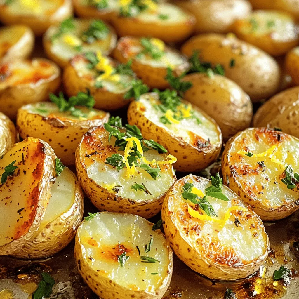 - 2 pounds baby potatoes - 1/4 cup extra virgin olive oil - 2 tablespoons freshly squeezed lemon juice - Zest of 1 large lemon - 2 teaspoons garlic powder - 1 teaspoon smoked paprika - 1 tablespoon fresh rosemary, finely chopped - 1 tablespoon fresh thyme, finely chopped - Sea salt and freshly cracked black pepper to taste - Fresh parsley for garnish When I make Crispy Lemon Herb Potatoes, I love using baby potatoes. They are small, tender, and perfect for roasting. You can easily find them at your local store. The olive oil brings a rich flavor. It helps the potatoes become golden and crispy in the oven. Fresh lemon juice and lemon zest add brightness. The lemon cuts through the richness of the oil. This balance makes every bite refreshing. Garlic powder and smoked paprika give depth to the taste. Together, they create a warm and inviting flavor. I add fresh herbs like rosemary and thyme for herbal notes. They enhance the dish and make it smell amazing. When it comes to seasoning, I always use sea salt and cracked black pepper. These bring out the flavors of the potatoes. For a final touch, I garnish with fresh parsley. It adds color and a hint of freshness. These ingredients come together to create a dish that is both simple and full of flavor. - Preheat your oven to 425°F (220°C). - Line a large baking sheet with parchment paper. - Take the baby potatoes and cut them in half. - Place the halved potatoes in a big mixing bowl. - Pour 1/4 cup of olive oil into the bowl. - Add 2 tablespoons of freshly squeezed lemon juice. - Zest one large lemon and add that to the bowl. - Sprinkle in 2 teaspoons of garlic powder. - Add 1 teaspoon of smoked paprika for a nice kick. - Add 1 tablespoon each of finely chopped rosemary and thyme. - Season with sea salt and freshly cracked black pepper. - Use your hands or a spatula to toss the potatoes well. - Make sure every piece is coated in the oil and spices. - Spread the potatoes evenly on the baking sheet. - Roast in the oven for 30-35 minutes. - Halfway through, flip the potatoes for even cooking. - Once golden and crispy, take them out and let them cool. - Garnish with chopped parsley for a fresh look. To get your Crispy Lemon Herb Potatoes just right, do not overcrowd the baking sheet. When potatoes sit too close together, they steam instead of roast. This makes them soft and not crisp. Spread them out in a single layer for the best results. I also suggest placing the baking sheet in the center of the oven. This position helps the heat circulate evenly around the potatoes. You can make these potatoes even tastier by adding more herbs or spices. Consider using dill or oregano for a twist. If you want a spicy kick, try adding red pepper flakes. You can also switch up the potato type. Yukon Golds or red potatoes work well, too, giving you a different texture and flavor. To check if your potatoes are done, look for a golden brown color. They should feel crisp on the outside but soft inside. I recommend roasting them at 425°F (220°C) for 30 to 35 minutes. Remember to give them a flip halfway through. This ensures every side gets that perfect crispy finish. {{image_4}} You can change the taste of Crispy Lemon Herb Potatoes easily. One fun way is to add cheese. Try grated Parmesan or a creamy feta. The cheese melts and gives a rich flavor. You can also mix in other vegetables. Bell peppers or zucchini can roast well with the potatoes. Just cut them into similar sizes to cook evenly. This adds color and extra taste to your dish. If you want a vegan version, swap out the cheese for nutritional yeast. It gives a cheesy flavor without dairy. You can also use extra lemon juice for more zing. For gluten-free needs, this recipe is already safe. All the ingredients are gluten-free. You can enjoy these crispy potatoes without worry. Crispy Lemon Herb Potatoes work well with many main dishes. They pair nicely with grilled chicken or fish. You can also serve them alongside a fresh salad. To present them creatively, use a big platter. Arrange the potatoes in a circle and sprinkle fresh parsley on top. You can also add lemon wedges for color and zest. This makes your meal look inviting and tasty! Store leftover potatoes in an airtight container. Place them in the fridge right after they cool. They will stay fresh for up to three days. If you want to enjoy them again, just reheat them in the oven or microwave. To freeze, let the potatoes cool completely first. Arrange them in a single layer on a baking sheet. Freeze until solid, then transfer them to a freezer-safe bag. This helps prevent them from sticking together. When you're ready to eat, bake them directly from the freezer. They may take a bit longer to reheat. Stored in the fridge, these potatoes last about three days. In the freezer, they can stay good for up to three months. But for the best taste, try to eat them sooner. Keeping track of the dates will help you enjoy your crispy lemon herb potatoes at their best! Yes, you can use regular potatoes. Just cut them into smaller pieces. This helps them cook evenly. Baby potatoes have a thinner skin, which gives a nice texture. Regular potatoes might take a bit longer to cook. Aim for similar sizes for even cooking. To get crispy potatoes, follow a few steps: - Preheat your oven to 425°F (220°C). A hot oven helps with crispiness. - Don’t overcrowd the baking sheet. Give the potatoes space to roast. - Flip the potatoes halfway through cooking. This helps them brown on all sides. - Use enough oil. It creates a golden, crispy layer. Yes, you can use dried herbs. Use about one-third of the amount. Dried herbs are stronger, so less is more. If you want fresh flavor, try adding lemon zest or garlic. These will brighten up the dish. You can prep the potatoes ahead of time. Cut and coat them in oil and spices. Store them in the fridge for up to 24 hours. When ready, just roast them as usual. This makes meal time easy and quick! In this post, we covered how to make Crispy Lemon Herb Potatoes. You learned the key ingredients, like baby potatoes and zesty lemon juice. We walked through each step, from preparation to roasting. I shared tips to ensure crispiness and flavor. Remember, you can tweak ingredients for different tastes. Store extras wisely for later enjoyment. Whether for a meal or snack, these potatoes shine. Enjoy the fun of cooking and the joy of good food!