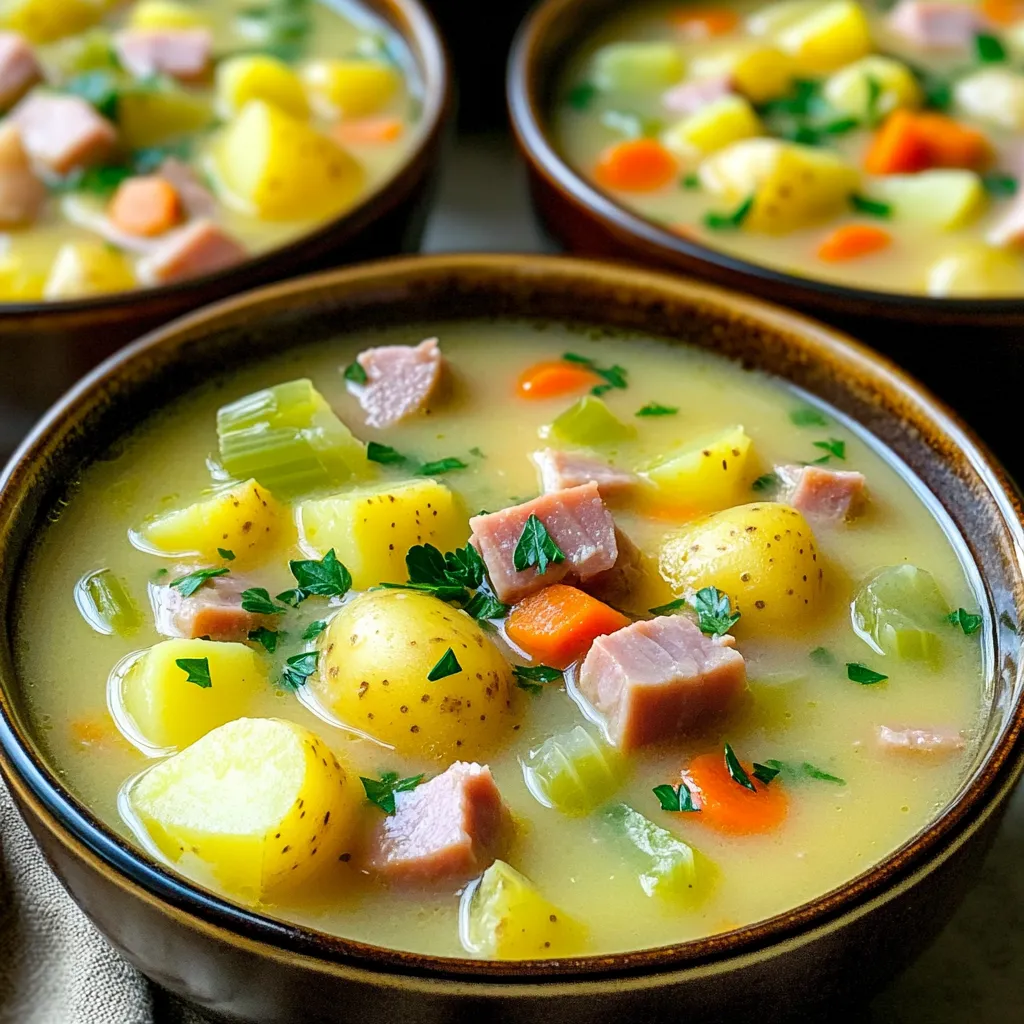 To make this soup, you'll need some simple and tasty ingredients. Here’s what you’ll gather: - 4 cups Yukon gold or russet potatoes, diced - 2 cups cooked ham, diced into bite-sized pieces - 1 cup carrots, diced - 1 cup celery, diced - 1 medium onion, chopped - 4 cups chicken or vegetable broth - 1 cup heavy cream - 2 cloves garlic, minced - 1 teaspoon dried thyme - 1 teaspoon dried parsley - Salt and freshly cracked black pepper to taste - 2 tablespoons olive oil Each ingredient plays a big role in the flavor and texture. The potatoes give the soup body, while the ham adds a savory taste. The broth brings everything together, creating a cozy feel. You can customize this soup with some fun add-ins. Here are some ideas: - Corn: Add a cup for sweetness. - Peas: A cup of peas can add color and taste. - Cheese: Stir in shredded cheese for a rich flavor. Try different seasonings to make it your own: - Paprika: This adds a smoky flavor. - Bay leaves: A couple can deepen the taste. Feel free to mix and match these options. They can make your soup unique and exciting. If you want to change the texture and flavor, consider these variations: - Chunky Style: Leave more potato pieces unmashed for a heartier soup. - Smooth Style: Blend the soup for a creamy texture. - Spicy Kick: Add crushed red pepper flakes for heat. These variations let you enjoy the soup in different ways. Each choice brings its own flavor, keeping your meal fresh and fun. Start with fresh ingredients. Gather your Yukon gold or russet potatoes. Dice them into small cubes. Next, take your cooked ham and cut it into bite-sized pieces. Chop the onion finely. Dice the carrots and celery into small bits. In a large skillet, heat olive oil over medium heat. Add the chopped onion and minced garlic. Stir them for about 5 minutes. You want the onion to turn translucent and the garlic to smell nice. Then toss in the diced carrots and celery. Sauté these for a few more minutes until they start to soften. Now it’s time to combine everything. In your slow cooker, add the diced potatoes and cooked ham. Pour in the sautéed vegetables. Sprinkle in the dried thyme and parsley. Add a pinch of salt and freshly cracked black pepper for taste. Carefully pour the chicken or vegetable broth over the mixture. Give it a gentle stir to make sure everything is mixed well. Cover the slow cooker with its lid. Set it to cook on low for 6 to 8 hours. You can also set it on high for 3 to 4 hours. The soup is ready when the potatoes are tender. Use a fork to check their softness. When the cooking time is up, take a potato masher and mash some of the potatoes right in the soup. This helps make it thicker and creamier. Leave some chunks for texture. Finally, pour in the heavy cream and stir well. Let it heat through for another 15 to 20 minutes on low. This blends all the flavors together nicely. You can taste it and adjust the seasoning if you want more salt or pepper. Enjoy your warm, creamy soup! To make your soup creamy, use heavy cream at the end. This adds richness. You can also mash some potatoes in the soup. This will thicken it and add texture. If you want a lighter soup, substitute half-and-half for the heavy cream. To save time, prep your vegetables the night before. Chop your potatoes, carrots, and celery, and store them in the fridge. You can also use pre-cooked ham. Just dice it and add it to your slow cooker. This cuts down on your cooking time. Don’t skip the sautéing step. Sautéing the onions and garlic adds a lot of flavor. Also, avoid overcooking the potatoes. They should be tender but not mushy. If you cook too long, the soup can become grainy. Finally, don’t forget to taste as you go. Adjust seasoning for the best flavor. {{image_4}} You can use different potatoes for this soup. Yukon gold gives a creamy texture. Russet potatoes are starchy and make the soup thick. Red potatoes hold their shape well. You can mix these types or stick to one. Each type brings its own taste and feel to the dish. If you want a meat-free option, try using smoked tofu or tempeh. These add a nice depth of flavor. You can also use cooked turkey or chicken. They work well in the soup too. For an even heartier taste, consider adding cooked bacon. It gives a smoky flavor without using ham. To make this soup dairy-free, swap heavy cream for coconut milk or cashew cream. Both options add creaminess without dairy. You can also use almond milk, but it may be thinner. For extra flavor, add nutritional yeast. It gives a cheesy taste that enhances the soup. After enjoying your soup, let it cool. Then, transfer it to an airtight container. This keeps it fresh for later. Store the container in the fridge. The soup stays good for about 3 to 4 days. If you want to save some soup for later, freezing is a great option. Pour the cooled soup into freezer-safe bags or containers. Leave some space for the soup to expand. This can help prevent spills. When you’re ready to eat, thaw the soup overnight in the fridge. You can also use the microwave for quick thawing. To reheat, pour the soup into a pot. Heat it over medium-low heat. Stir often to prevent sticking. If the soup is thick, add a splash of broth or water. You can also reheat in the microwave. Use a microwave-safe bowl and cover it. Heat in short bursts, stirring in between. Enjoy your warm and comforting soup! To thicken your soup, you can mash some of the potatoes in the pot. Use a potato masher and mash about half of the potatoes. This will give you a nice creamy texture while keeping some chunks for bite. You could also add a slurry of cornstarch and water. Mix one tablespoon of cornstarch with two tablespoons of cold water. Stir it in and let it cook for a few minutes. Both methods work well to create a hearty soup. Yes, you can make this soup ahead of time. It stores well in the fridge for up to 3 days. Just let it cool before you put it in an airtight container. When ready to serve, reheat it on the stove or in the microwave. If you want to freeze it, let it cool completely. Store it in a freezer-safe container for up to 3 months. Just remember to thaw it overnight in the fridge before reheating. Several sides go well with this soup. Here are some great options: - Crusty bread or a warm baguette for dipping - A fresh green salad for a light contrast - Roasted vegetables for added flavor - A simple fruit salad for a sweet touch These sides will make your meal more enjoyable and balanced. This blog covered all the steps for making slow cooker ham and potato soup. You learned about key ingredients and possible add-ins. I shared tips for creamy soup and how to save time. We also discussed variations, storage methods, and answered common questions. Enjoy creating this heartwarming dish. With these tips, your soup will impress everyone. Remember, cooking can be fun and simple. Happy cooking!