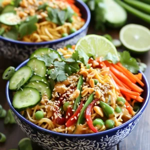 - 8 oz rice noodles - 1 cup snap peas, trimmed - 1 red bell pepper, thinly sliced - 1 medium carrot, julienned - 1 cucumber, julienned - 3 green onions, chopped - 1/4 cup fresh cilantro, chopped - 1/2 cup creamy peanut butter - 1/4 cup low-sodium soy sauce - 2 tablespoons fresh lime juice - 1 tablespoon honey or maple syrup - 1 tablespoon sesame oil - 1 teaspoon fresh ginger, minced - 1 clove garlic, minced The main ingredients make the dish shine. Rice noodles provide a soft base. Fresh vegetables add color and crunch. Snap peas, red bell pepper, carrot, and cucumber bring flavor and nutrients. The peanut sauce combines creamy peanut butter, soy sauce, lime juice, honey, sesame oil, ginger, and garlic. This mix gives the noodles their rich and tangy taste. - Crushed peanuts - Toasted sesame seeds - Fresh cilantro and green onions Garnishes take your dish to the next level. Crushed peanuts add crunch and a nutty flavor. Toasted sesame seeds give a nice touch and extra taste. Fresh cilantro and green onions add brightness and color. These garnishes make your Thai peanut noodles look beautiful and inviting. To start, you need a large pot of salted water. Bring it to a rolling boil. Once it's boiling, add 8 oz of rice noodles. Cook them according to the package instructions until they are al dente. This usually takes about 4 to 6 minutes. After that, drain the noodles. Rinse them immediately under cold water to stop the cooking. Set them aside while you prepare the other parts of the dish. Next, grab a medium bowl. In it, mix together the creamy peanut butter, low-sodium soy sauce, fresh lime juice, honey or maple syrup, sesame oil, minced ginger, and minced garlic. Whisk these ingredients until smooth. If you find the sauce too thick, add a tablespoon of warm water. Keep mixing until you reach the right consistency. Now it's time for the veggies! Heat a large skillet over medium heat. Add a splash of water or drizzle some sesame oil. Once it's hot, toss in 1 cup of snap peas, 1 thinly sliced red bell pepper, and 1 julienned carrot. Sauté these for about 3 to 4 minutes. Stir them often until they are tender but still crisp. Add the cooled rice noodles into the skillet with the sautéed vegetables. Pour the peanut sauce over everything. Use tongs or a spatula to gently toss everything together. Make sure the noodles and veggies are evenly coated in the sauce. This step is key to getting the best flavor. Once everything is mixed, take the skillet off the heat. Stir in the julienned cucumber, chopped green onions, and fresh cilantro. Be gentle while mixing to keep these ingredients crunchy and fresh. This adds a nice bite to the dish. Dish the Thai peanut noodles into bright bowls. For a fun touch, sprinkle crushed peanuts and toasted sesame seeds on top. You can also drizzle a bit of extra peanut sauce for extra flavor. Don’t forget to add a lime wedge on the side! This adds a zesty kick to each serving. To get the right sauce thickness, start with the base. Mix the creamy peanut butter, soy sauce, lime juice, honey, sesame oil, ginger, and garlic in a bowl. If the sauce is too thick, don't worry! Just add warm water, one tablespoon at a time. Stir well after each addition. This way, you can control how thick or thin you want it. Keep your veggies crisp and fresh! Heat your skillet and add a splash of water or sesame oil. Toss in your snap peas, red bell pepper, and carrots. Stir them often for about 3-4 minutes. This quick cooking time keeps them tender but still crunchy. Don't let them sit too long, or they will get too soft. Cooking noodles just right is key for great texture. Follow the package instructions carefully. Bring a pot of salted water to a boil before you add the rice noodles. Cook them until they are al dente, which means they should have a slight bite to them. Once cooked, drain and rinse under cold water. This stops the cooking process and keeps them from getting mushy. {{image_4}} If you want a vegan dish, swap honey for maple syrup. This change keeps the sweet flavor. Maple syrup blends well with the peanut sauce. You will still enjoy the creamy taste without using animal products. For a gluten-free meal, look for gluten-free soy sauce. Brands like Tamari or coconut aminos work great. They give the same salty taste without gluten. Always check the label to ensure it’s certified gluten-free. Feel free to switch up the nut butter. Almond or sunflower seed butter are good choices. You can also add different veggies. Try bell peppers, broccoli, or zucchini for a new twist. Each brings its own flavor and crunch to the dish. To keep your Thai peanut noodles fresh, store them in an airtight container. Make sure the noodles cool to room temperature first. Place the container in the fridge. If you want to save them for a longer time, you can freeze them. Just portion them out in freezer bags. Remove as much air as possible before sealing. When it’s time to eat your leftovers, you’ll want to reheat them carefully. The best way is to use a skillet. Heat it over medium-low heat and add a splash of water or oil. Toss the noodles gently until they warm up. This method helps keep the noodles from getting mushy. You can also use the microwave. Just cover the bowl with a damp paper towel to keep moisture in. Thai peanut noodles can stay fresh in the fridge for about 3 to 4 days. If you freeze them, they can last for up to 2 months. However, for the best taste and texture, try to eat them sooner. Eating them fresh always tastes best! Yes, you can make Thai peanut noodles ahead of time. This dish stores well. Here are some tips: - Prepare the noodles and sauce separately. - Cook and cool the noodles, then store them in an airtight container. - Keep the sauce in a jar with a tight lid in the fridge. - When ready to eat, combine them and add the fresh veggies. - These noodles taste great after a day in the fridge! This recipe is not very spicy. The peanut sauce has a rich, nutty flavor. If you want more heat, try these tips: - Add red pepper flakes or sriracha to the sauce. - You can also sprinkle chili powder on top when serving. - Adjust the spice to fit your taste. Thai peanut noodles offer many health benefits. Here’s a quick overview: - Rice noodles are gluten-free and low in calories. - Vegetables add vitamins and minerals, plus fiber for digestion. - Peanut butter is high in protein and healthy fats. - Fresh lime juice boosts vitamin C and helps your immune system. Yes, you can add protein to Thai peanut noodles! Here are some suggestions: - Tofu is a great plant-based option. - Cooked chicken adds a nice flavor. - Shrimp is quick to cook and pairs well with the sauce. - Try marinating proteins in the sauce for extra taste. Thai peanut noodles offer a simple yet delicious dish. We covered key ingredients, including rice noodles, fresh vegetables, and peanut sauce components. You learned how to cook the noodles, mix the sauce, and sauté the veggies for crunch. We also discussed variations, storage tips, and answered common questions. Now, you have all the tools to make great Thai peanut noodles. Enjoy cooking and discovering new flavors!