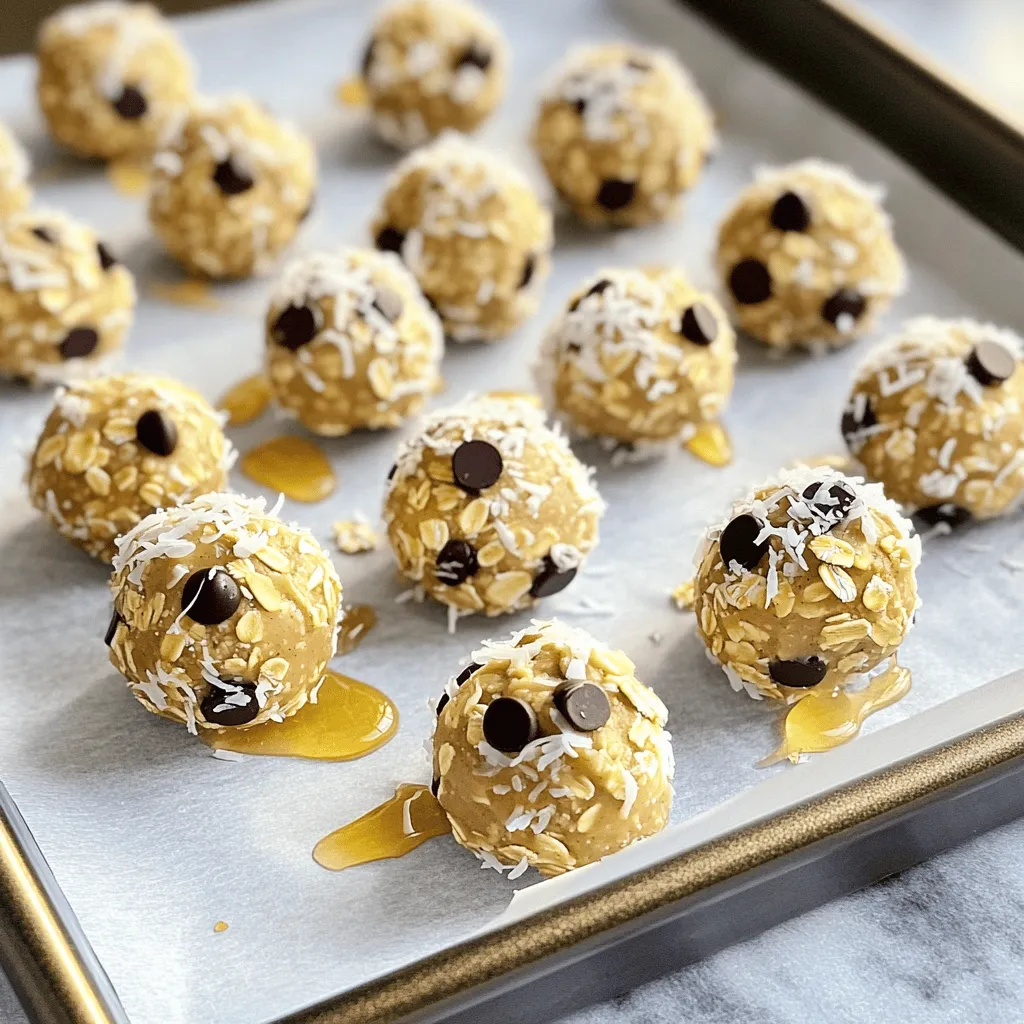 - 1 cup rolled oats - 1/2 cup natural peanut butter - 1/4 cup honey (or maple syrup for a vegan alternative) - 1/4 cup mini chocolate chips - 1/4 cup unsweetened shredded coconut - 1/2 teaspoon pure vanilla extract - Pinch of sea salt Each ingredient in these No Bake Peanut Butter Oatmeal Bites plays a key role. Rolled oats serve as a great base. They provide fiber and keep you full. Natural peanut butter adds creaminess and protein. Honey or maple syrup brings sweetness and binds everything together. Mini chocolate chips add fun and flavor. Shredded coconut gives texture and a hint of tropical taste. Pure vanilla extract boosts the overall flavor. A pinch of sea salt balances the sweetness. - Calories per serving: About 100 calories per bite. - Macronutrient breakdown: Each bite has about 10g carbs, 3g protein, and 5g fats. - Health benefits of ingredients: - Rolled oats: Good source of fiber and energy. - Peanut butter: Packed with protein and healthy fats. - Honey: Natural sweetener with antioxidants. - Chocolate chips: Small dose of joy with antioxidants. - Coconut: Provides healthy fats and fiber. These ingredients not only taste great but also offer many health benefits. You get energy from carbs, protein for muscle repair, and fats for lasting energy. Enjoy these bites as a snack or a quick breakfast! To start, gather your rolled oats, natural peanut butter, and honey or maple syrup. Add mini chocolate chips, shredded coconut, vanilla extract, and a pinch of sea salt to the bowl. Use a sturdy spatula or your hands to mix everything. You want to blend until it all sticks together well. This sticky consistency is key for forming the bites. Next, take small portions of the mixture. About one inch in size works best. Roll them into balls using your hands. The warmth of your hands helps shape the mixture easily. If the mix feels too sticky, wet your hands slightly with water. After rolling, place the bites on a parchment-lined baking sheet. Leave some space between each one to avoid sticking. Chill them in the refrigerator for about 30 minutes. This step helps the bites firm up and hold their shape. Once chilled, you can eat them right away or store them. Use an airtight container in the fridge for up to a week. Enjoy your tasty, healthy snack! To avoid stickiness, use a light coating of oil on your hands. This simple step helps keep the mixture from clinging to your fingers. If your mix seems too dry, add a touch more peanut butter or honey. A well-mixed blend ensures that every bite is full of flavor. To ensure even distribution of the mix, take your time while mixing. Use a sturdy spatula or your own hands to combine all the ingredients. This method helps spread the flavors throughout the mix, making each oatmeal bite taste just right. You can add more mix-ins to make your bites unique. Consider including chopped nuts, seeds, or dried fruits. Each addition brings a new texture and taste. If you prefer a less sweet bite, you can adjust the sweetness levels. Try using less honey or adding extra oats to balance the flavor. For serving styles, place the bites on a colorful platter. This makes the bites look fun and inviting. You can also drizzle melted chocolate over the top for a tasty touch. A sprinkle of shredded coconut adds a nice visual appeal too. Enjoy these bites with a glass of milk or your favorite plant-based drink. {{image_4}} To make these bites vegan, swap honey for maple syrup. This change keeps the sweetness but fits a plant-based diet. Maple syrup has a rich flavor that blends well with peanut butter. Stick to the same amount—1/4 cup works great. You might also want to check the peanut butter. Some brands add honey, so look for a 100% natural option. This ensures you keep the vegan touch. To maintain flavor and texture, use a creamy peanut butter. Chunky peanut butter can make it hard to form bites. If you want a little crunch, try adding chopped nuts instead. This keeps the bites fun and tasty. If you need nut-free bites, use sunflower seed butter. This option has a similar texture and taste. It also adds a nice nutty flavor without the nuts. Just swap the peanut butter for the same amount of sunflower seed butter. For gluten-free adjustments, ensure you use certified gluten-free oats. Some oats may be processed with gluten grains. This step is key for those with gluten allergies. Check labels to be safe. You can explore different nut butters for fun flavors. Almond butter and cashew butter work well too. Each nut butter brings its own taste and creaminess. Try to stick with smooth options for easy mixing. Adding spices can also change the flavor. A pinch of cinnamon gives warmth and depth. Cocoa powder adds a chocolatey twist that many love. Mix and match to find your favorite blend. To keep your oatmeal bites fresh, use an airtight container. This helps to keep moisture out and preserves flavor. You can store them in the fridge for easy snacking. Alternatively, you can freeze them for longer storage. Just remember to place them in a freezer-safe container. This way, they stay fresh for months. In the fridge, these bites last about one week. After that, they might lose their taste and texture. Check for signs of spoilage. Look for a change in smell or texture. If they feel dry or crumbly, it’s time to toss them. Enjoy your healthy snack while it's fresh! Yes, you can make these bites ahead of time. I suggest prepping them about a week in advance. Just make sure to keep them in an airtight container in the fridge. This way, they stay fresh and tasty for your busy week. Absolutely! These bites are perfect for kids. They are fun to eat and packed with good stuff. The sweetness from the honey and chocolate chips makes them appealing. Just keep in mind the peanut butter if there are allergies. You can easily swap it out for sun butter or another nut-free option. If your mixture feels dry, add a small splash of water or more peanut butter. This will help make it stick together. If it’s too wet, add a little more oats to soak up the extra moisture. Aim for a sticky, moldable texture for the best bites! These oatmeal bites are simple and fun to make. You learned about the essential ingredients, their health benefits, and how to mix and shape them perfectly. I shared tips for custom flavors and storage options to keep them fresh. Remember, you can always change ingredients based on your taste or dietary needs. Enjoy making these bites for yourself or your family. They are a tasty treat that fits many lifestyles and preferences.