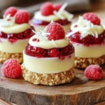 To make these no-bake white chocolate raspberry cups, gather these simple ingredients: - 1 cup white chocolate chips - 1/4 cup coconut oil - 1/2 cup fresh raspberries (plus extra for garnish) - 1/2 cup crushed digestive biscuits or graham crackers - 1 tablespoon powdered sugar - 1 teaspoon vanilla extract - Pinch of salt - White chocolate shavings (for garnish) Each ingredient plays a key role. The white chocolate chips provide sweetness and creaminess. Coconut oil gives a smooth texture. Fresh raspberries add a tart contrast. Crushed biscuits form the crunchy base. Powdered sugar sweetens and blends well. Vanilla extract enhances flavor. A pinch of salt balances the sweetness. You can swap some ingredients if needed. Here are a few ideas: - White chocolate chips: Use milk chocolate or dark chocolate chips for a different taste. - Coconut oil: Substitute with butter or vegetable oil for a similar texture. - Fresh raspberries: Strawberries, blueberries, or cherries can work well too. - Digestive biscuits: Graham crackers, Oreos, or any favorite cookie can be used. These swaps help fit your taste and what you have at home. Choosing the best raspberries is key for flavor. Here’s how to find the freshest ones: - Look for bright color: Ripe raspberries are deep red and shiny. - Check for firmness: They should feel plump and firm, not mushy. - Inspect for mold: Avoid containers with mold or squished berries. - Smell: Fresh raspberries have a sweet, fruity smell. Using fresh, high-quality raspberries elevates your treats. Enjoy the burst of flavor they bring! Start by lining a muffin tin with cupcake liners or silicone molds. This makes it easy to pop the treats out later. Ensure each liner is secure and ready for filling. This step is key for a neat presentation. In a microwave-safe bowl, add the white chocolate chips and coconut oil. Microwave this mix in 30-second bursts. Stir it well after each time. Keep going until the chocolate is smooth and shiny. This will give your cups a rich flavor and perfect texture. Once your chocolate is melted, stir in the powdered sugar, vanilla extract, and a pinch of salt. Mix it well until everything is blended. This step enhances the chocolate's taste and adds depth to your cups. Begin by scooping about 1 tablespoon of the melted chocolate mixture into each lined cup. This forms your base layer. Next, place a few fresh raspberries on top. Then, take your biscuit mix and add a spoonful over the raspberries. Press it down gently to make a firm layer. Pour another layer of melted white chocolate over the biscuit mix. Ensure it covers the raspberries completely. Keep layering until the cups are full. Place the muffin tin in the fridge for at least 2 hours. This step is vital for the chocolate to set. Once they are firm, gently take the cups out of their molds. For a nice touch, add more fresh raspberries and sprinkle white chocolate shavings on top. Enjoy these chilled for a refreshing treat! When making no-bake white chocolate raspberry cups, avoid these common mistakes: - Not using fresh raspberries: Old raspberries can ruin the taste. - Overheating the chocolate: This can make it grainy. - Not chilling long enough: Cups need time to set. To melt your chocolate smoothly, follow these tips: - Use low power: Microwave in 30-second bursts. - Stir often: This helps the chocolate melt evenly. - Add coconut oil: This keeps the chocolate smooth and shiny. Give your cups a twist with these ideas: - Top with whipped cream: This adds extra creaminess. - Use different fruits: Strawberries or blueberries also work well. - Serve with ice cream: This makes a fun dessert combo. {{image_4}} You can swap raspberries for other fruits. Strawberries, blueberries, or blackberries work great. Each fruit brings its own taste. Strawberries add sweetness. Blueberries bring a nice tartness. Blackberries offer a bold flavor. Simply layer the fruit as you would with raspberries. This keeps your cups fresh and exciting. While this recipe uses white chocolate, you can try others too. Dark chocolate gives a rich taste. Milk chocolate offers a creamier flavor. You can even blend chocolates for a unique twist. Remember to adjust any sweeteners if you use dark chocolate. Each type will change the cups’ flavor profile. To make these cups gluten-free, choose suitable biscuits. Look for gluten-free digestive biscuits or graham crackers. You can also use crushed nuts for a crunchy base. Just mix them with the melted chocolate like the original recipe. This way, everyone can enjoy these tasty treats without worry. To store leftover cups, place them in an airtight container. This keeps them fresh and tasty. Line the container with parchment paper for extra care. Make sure the cups do not touch each other to avoid sticking. If you want to freeze your cups, wrap each one in plastic wrap. Then, place them in a freezer-safe bag. This stops freezer burn and keeps the flavor. When ready to eat, let them thaw in the fridge overnight. These no-bake cups can last about five days in the fridge. After that, they may lose taste and texture. If frozen, they can stay good for up to three months. Always check for any changes in smell or look before eating. Yes, you can use dark chocolate. It will change the flavor. Dark chocolate adds a rich taste. It pairs well with raspberries. The sweetness of the raspberries will balance the dark chocolate. Just remember that it will not be as sweet. Store them in the fridge for up to five days. Keep them in an airtight container. This helps keep them fresh and tasty. If you want to enjoy them later, check for any signs of spoilage. The chocolate may lose some creaminess over time. You can use many fruits! Strawberries, blueberries, or even bananas work well. Each fruit gives a unique flavor. Try mixing different fruits for fun. Just make sure they are fresh and ripe for the best taste. This blog post covered everything you need to make delicious raspberry chocolate cups. You learned about key ingredients and how to choose fresh raspberries. I provided clear steps for preparation and tips to avoid common mistakes. Variations offered fun ideas for personal touches, and I outlined how to store leftovers properly. Remember, experimenting makes cooking fun. Enjoy making these treats your way!