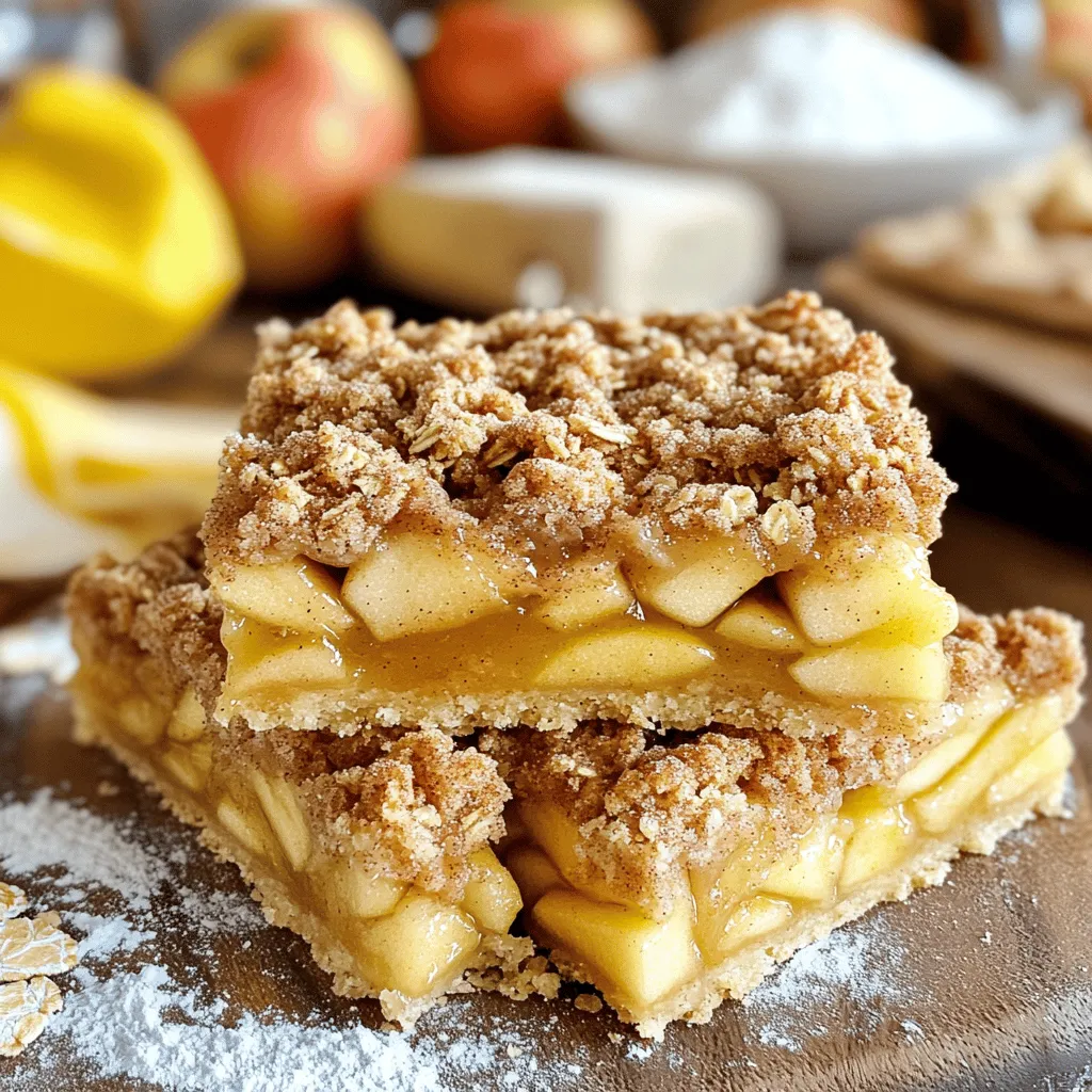 To make Cinnamon Streusel Apple Pie Bars, you will need: - 2 cups all-purpose flour - 1/2 cup granulated sugar - 1/2 cup packed brown sugar - 1 teaspoon ground cinnamon - 1/4 teaspoon ground nutmeg - 1/2 teaspoon baking powder - 1/2 teaspoon salt - 1 cup unsalted butter, softened - 1 cup rolled oats - 4 medium apples, peeled, cored, and diced - 1 tablespoon lemon juice - 1 tablespoon cornstarch - 1 teaspoon vanilla extract These ingredients mix together to create a sweet base, a flavorful apple filling, and a delightful streusel topping. If you don't have all the ingredients, here are some swaps: - Use whole wheat flour instead of all-purpose flour for a heartier texture. - Coconut sugar can replace granulated sugar for a richer taste. - Applesauce can substitute for butter, but the texture may change. - Oat flour works well in place of rolled oats if you're gluten-free. These substitutes can help you customize the recipe while keeping the bars tasty. The best apples for this recipe are Granny Smith or Honeycrisp. They add a nice tartness that balances the sweetness of the sugars. - Granny Smith: Crisp and tart, they hold their shape well during baking. - Honeycrisp: Sweet and juicy, they add a lovely flavor. Using a mix of these apples gives your bars an exciting taste. Enjoy experimenting with different types! Start by preheating your oven to 350°F (175°C). This step is key for even baking. While the oven heats, grease a 9x13-inch baking dish with butter. You can also line it with parchment paper. This makes it easier to take the bars out later. In a large bowl, combine 2 cups of all-purpose flour, 1/2 cup of granulated sugar, 1/2 cup of packed brown sugar, 1 teaspoon of ground cinnamon, 1/4 teaspoon of ground nutmeg, 1/2 teaspoon of baking powder, and 1/2 teaspoon of salt. Mix these dry ingredients well. Next, add 1 cup of softened unsalted butter. Use your fingers or a pastry cutter to mix until you see small crumbs. The mixture should look like coarse sand and have small pieces of butter. In another bowl, take 4 medium apples and peel, core, and dice them. I like using Granny Smith or Honeycrisp for their tart flavor. Drizzle 1 tablespoon of lemon juice over the apples to keep them fresh. Then, sprinkle 1 tablespoon of cornstarch and 1 teaspoon of vanilla extract on top. Toss the apples gently to coat them. This mixture will make your filling tasty. Now, take about 3/4 of the crumb mixture and press it firmly into the bottom of the baking dish. Spread the apple filling evenly over this layer. Finally, crumble the remaining oat mixture over the apples for the streusel topping. Now it’s time to bake! Put the baking dish in your preheated oven. Bake for 30 to 35 minutes. You want the topping to turn golden brown. Use a fork to check if the apples are tender. If they are, your bars are ready! To get a great crust, use cold butter. Cold butter helps the crust stay flaky. Mix it well with dry ingredients until it looks like crumbs. This step is key. Press the mixture firmly into the pan. Make sure it is even and compact. This helps it hold together while baking. Bake until golden brown. This shows that your crust is done. Wait a bit before cutting the bars. Let them cool for about 10 minutes in the pan. If you used parchment paper, lift the whole dessert out. Place it on a wire rack to cool completely. This way, it cuts better. Use a sharp knife to slice into bars. This keeps the edges neat. Serve them warm for a tasty treat. You can add a scoop of ice cream or caramel sauce on top for extra yum! You can boost flavor with a few add-ins. Try adding nuts, like walnuts or pecans. They add a nice crunch. You can also mix in dried fruit, like raisins or cranberries. For a spice twist, add a pinch of ginger or allspice. These choices make your bars unique and tasty. Don’t be afraid to experiment! {{image_4}} You can mix things up with your bars by changing flavors. Try adding nuts like walnuts or pecans for crunch. You can also add chocolate chips for sweetness. If you love spices, consider adding ginger or cardamom. These flavors can bring new life to your apple pie bars! If you need gluten-free bars, swap the all-purpose flour for a gluten-free blend. Many brands work well in baking. For a vegan option, use coconut oil instead of butter. You can also replace the eggs with flaxseed meal or applesauce. These swaps help everyone enjoy this tasty treat! While apples are great, you can use other fruits too! In summer, try peaches or berries. They add a fresh taste that pairs well with the streusel. In fall, add pears for a cozy flavor. This way, you can enjoy these bars all year round with whatever fruit is in season! To store leftover pie bars, let them cool fully. Place them in an airtight container. You can keep the bars at room temperature for up to three days. If you want to keep them longer, refrigerate them. They will last about a week in the fridge. Just remember to cover them well to keep them fresh. Freezing is a great option for longer storage. Cut the pie bars into squares first. Wrap each square in plastic wrap. Then, place them in a freezer-safe bag. You can freeze them for up to three months. When you're ready to eat, just pull out the number you want. To reheat, I suggest using the oven for the best flavor and texture. Preheat your oven to 350°F (175°C). Place the bars on a baking sheet. Cover them with foil to keep them moist. Heat for about 10-15 minutes. You can also use the microwave for a quick reheat. Just heat for 20-30 seconds, but this might make them softer. Enjoy your warm pie bars! The best apples for these bars are Granny Smith or Honeycrisp. Both apples bring a nice tartness that balances the sweetness of the sugars. Granny Smith apples are firm and tart, while Honeycrisp apples offer a sweet crunch. You can mix them too for added flavor. Yes, you can make these bars ahead of time! I suggest baking them a day or two before you plan to serve. This allows the flavors to blend well. Just store the bars in an airtight container at room temperature. If you want, you can also refrigerate them for a fresher taste. You can tell the bars are done when the topping is golden brown. Use a fork to check the apples; they should be tender. Bake for 30 to 35 minutes at 350°F (175°C). If the topping looks nice and brown and the apples are soft, they are ready to enjoy! This blog post covered all you need for delicious Cinnamon Streusel Apple Pie Bars. We explored key ingredients and substitutions, discussed how to prepare the crust and layers, and shared tips for the best outcome. Variations let you customize the recipe, while storage tips ensure freshness. Try these bars for a tasty treat. Adjust flavors and ingredients to make them your own. Everyone will love your tasty creation. Enjoy baking!