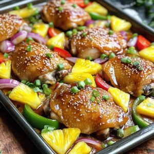- 4 boneless, skinless chicken thighs - 1 cup teriyaki sauce (homemade or store-bought) - 1 medium pineapple, peeled, cored, and diced into bite-sized chunks - 1 red bell pepper, thinly sliced - 1 green bell pepper, thinly sliced - 1 large red onion, cut into wedges - 2 tablespoons olive oil - 1 tablespoon sesame seeds for garnish - 2 green onions, thinly sliced for garnish - Additional vegetables, like zucchini or carrots - Flavor-enhancers, such as garlic or ginger This dish shines with its bright flavors and colorful presentation. The chicken thighs soak up the sweet teriyaki sauce, making each bite tender and juicy. Fresh pineapple adds a lovely sweetness, while the bell peppers and onions provide crunch and depth. If you want to mix it up, feel free to add more veggies or spices. This recipe is fun to customize! 1. Preheat your oven to 400°F (200°C). This helps cook the chicken evenly. 2. In a medium bowl, add the chicken thighs. Pour the teriyaki sauce over the chicken. Make sure every piece is well coated. Let it marinate for at least 15 minutes. For best flavor, you can refrigerate for up to 2 hours. 3. While the chicken marinates, prepare the veggies and pineapple. In a large bowl, mix the diced pineapple, sliced red bell pepper, green bell pepper, and red onion wedges. Drizzle olive oil on top and season with salt and pepper. Toss everything well to coat. 1. Grab a large baking sheet. Place the marinated chicken thighs in the center. Give them some space to cook evenly. 2. Spread the seasoned pineapple and vegetable mixture around the chicken. Make sure everything is spread out for optimal roasting. 3. Put the sheet pan in your preheated oven. Bake for about 25-30 minutes. The chicken should be fully cooked when it reaches 165°F (75°C). The pineapples and veggies will look caramelized at the edges. 1. When the pan is out of the oven, sprinkle sesame seeds over the dish. This adds a nice crunch and flavor. 2. Let the dish rest for a few minutes to blend the flavors. Just before serving, top with freshly sliced green onions for extra freshness. Serve this delightful dish directly from the sheet pan for a homey feel, or transfer it to a platter. Adding lime wedges on the side can give it a zesty twist. Enjoy your meal! - To infuse great flavor, let the chicken marinate. - Use teriyaki sauce for deep taste. - Marinate for at least 15 minutes. - For best results, refrigerate for up to 2 hours. - Save time by marinating overnight. - Arrange chicken with space around each piece. - This helps the chicken cook evenly. - Toss vegetables well in oil to prevent burning. - Keep an eye on the oven for burning. - Use a meat thermometer to check chicken doneness. - Serve directly from the sheet pan for a fun look. - For a more elegant touch, transfer to a platter. - Artfully arrange chicken and vegetables. - Add lime wedges for a zesty kick. - Sprinkle sesame seeds just before serving for crunch. {{image_4}} You can change proteins in this dish. Use tofu for a vegetarian option. Shrimp works well too. Just adjust cooking times. For sauces, try sweet chili sauce or soy sauce. These will give a different taste but still be yummy. Want to spice it up? Add garlic powder or ginger. Fresh herbs like cilantro or basil also add a nice touch. For a tropical twist, swap the pineapple for mango or add both. This adds a fun sweetness to the dish. If you prefer, make this in a slow cooker. Cook on low for 4-6 hours. This makes the chicken super tender. Grilling is another fun option. Grill the chicken and veggies until cooked through. This adds a nice smoky flavor. To keep your Teriyaki Chicken Pineapple fresh, store your leftovers in the fridge. Use an airtight container to seal in flavor. This helps avoid any unwanted smells or drying out. Try to eat the leftovers within three days for the best taste. If you want to save some for later, freezing is a good option. Place the chicken and veggies in a freezer-safe bag or container. Remove as much air as possible before sealing. This helps prevent freezer burn. You can freeze the dish for up to three months. When it’s time to eat your leftovers, you have two good options: the microwave or the oven. If you use the microwave, place your food in a bowl. Cover it with a microwave-safe lid or wrap. Heat it in 30-second intervals until warm. Stir between each interval for even heating. If you prefer the oven, preheat it to 350°F (175°C). Spread the chicken and veggies on a baking sheet. Heat for about 15 minutes, or until warmed through. This method helps keep the texture nice and crispy. In the fridge, your Teriyaki Chicken Pineapple lasts for about three days. Make sure to check for any signs of spoilage like off smells or odd textures. In the freezer, it can last up to three months. After that, the taste may fade. Always label your containers with the date, so you know how long they’ve been stored. To check if the chicken is done, use a meat thermometer. The internal temperature should reach 165°F (75°C). This ensures the chicken is safe to eat. You can also look for visual cues. The chicken should be no longer pink inside. The juices should run clear when you cut into it. If it’s still pink, cook it a bit longer. Yes, you can use frozen chicken thighs! If you choose this option, defrost them first for best results. You can defrost chicken in the fridge overnight. This keeps the chicken safe to eat. If you need a quick method, use a microwave. Set it to the defrost setting. Once thawed, continue with the marination step in the recipe. If cooking from frozen, increase the cooking time to about 40-45 minutes. Check the internal temperature to ensure it's cooked through. This dish pairs well with several side dishes. Consider serving it with steamed rice or quinoa. Both will soak up the delicious teriyaki sauce. You can also add a fresh salad for crunch. A simple cucumber or cabbage salad works well. For drinks, try a light, crisp white wine or sparkling water with lime. Both will complement the sweet and savory flavors of the dish. In this blog post, we explored making Teriyaki Chicken with Pineapple. We covered the main ingredients, including chicken thighs, teriyaki sauce, and fresh pineapple. I shared step-by-step instructions to simplify the cooking process. We also discussed tips to enhance flavor, variations for creativity, and the best ways to store and reheat leftovers. Enjoying this dish can be fun and easy. You can make it your own with swaps and additions. Happy cooking!