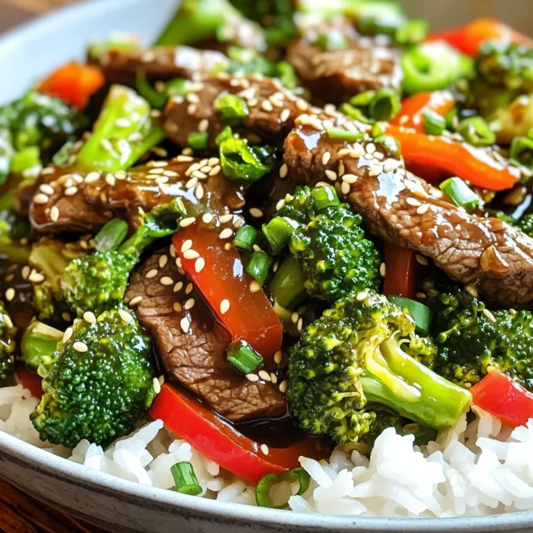 - 1 lb beef sirloin, thinly sliced against the grain - 2 cups broccoli florets, cut into bite-sized pieces - 1 red bell pepper, sliced into thin strips - 3 cloves garlic, minced finely - 1 tablespoon fresh ginger, grated or minced - 1/4 cup soy sauce (or tamari for gluten-free) - 2 tablespoons honey or maple syrup - Cooked rice or quinoa for serving - Sesame seeds for garnish - Green onions, sliced thinly, for garnish This dish shines with its core ingredients. The beef sirloin brings rich flavor and tenderness. Broccoli adds a nice crunch and vibrant color. I love using red bell pepper for its sweetness and texture. Together, they create a balanced, tasty meal. Garlic and ginger are key. They add warmth and depth to the dish. The soy sauce brings umami, while honey or maple syrup adds sweetness. This sweet-savory blend creates a wonderful teriyaki sauce. For serving, I recommend a bed of cooked rice or quinoa. They soak up the sauce well. Garnish with sesame seeds and green onions. These small touches add flavor and visual appeal. Enjoy the delicious mix of flavors and textures! To make a tasty teriyaki sauce, I start by mixing soy sauce, honey, minced garlic, and grated ginger in a small bowl. I whisk them together until they blend well. This sauce adds a rich flavor to the dish. Let it sit for a few minutes. This helps the flavors come together nicely. Next, I make the cornstarch slurry. In a separate bowl, I combine 1 tablespoon of cornstarch with 2 tablespoons of water. I stir it until the mixture is smooth. This slurry will help thicken the sauce later, making it nice and sticky. Now, it’s time to cook! First, I heat a large skillet or wok over medium-high heat. If my skillet isn’t non-stick, I drizzle a bit of oil to prevent sticking. Once the pan is hot, I add the sliced beef in a single layer. I sear it for about 2-3 minutes until it's browned on one side. Then, I flip the beef and cook it for another 1-2 minutes until it's just cooked through. I carefully remove the beef from the skillet and set it aside on a plate. In the same skillet, I add the broccoli florets and sliced red bell pepper. I stir-fry these veggies for about 5 minutes. I want them to be tender-crisp while keeping their bright colors. Next, I pour the prepared teriyaki sauce over the vegetables and stir to coat them evenly. I let the mixture simmer for 1-2 minutes to develop the flavor. Then, I add the seared beef back into the skillet. I pour in the cornstarch slurry and stir everything together. I cook for another 2-3 minutes, which allows the sauce to thicken and the beef to heat up completely. To get great results, high heat is key for searing. This helps the beef brown nicely. It locks in juices and adds flavor. Make sure your pan is hot before adding the beef. Listen for that sizzle! When cooking broccoli and bell peppers, keep them vibrant. Stir-fry them for about five minutes. This keeps them tender but still crunchy. The bright colors make the dish look fresh. Want to boost the taste? Try adding a pinch of red pepper flakes for heat. You can also use a splash of rice vinegar for a tangy kick. Fresh herbs like cilantro or basil can add a nice touch too. Experiment with flavors you love! Serving this dish in shallow bowls makes it pop. Layer the rice or quinoa first, then top with beef and veggies. This way, the colors shine through. A drizzle of extra sesame oil adds a glossy finish. Finally, sprinkle sesame seeds and green onions on top for extra flair! {{image_4}} You can easily adapt this recipe to suit your needs. If you're gluten-free, swap soy sauce for tamari. Tamari tastes similar but does not contain wheat. For a vegan version, replace honey with maple syrup. This change keeps the sweetness while making the dish plant-based. Feel free to switch up the protein in this dish. You can use chicken instead of beef for a lighter option. Tofu works well too, especially for a vegetarian meal. Just press the tofu to remove extra moisture before cooking. Shrimp is another tasty choice; it cooks quickly and adds a nice flavor. You can use any vegetables you like in this dish. Seasonal veggies work great, too! Try carrots for a crunch or snap peas for a sweet bite. Bell peppers are colorful and add flavor. Use what you enjoy most or what’s fresh at the market. This will keep the dish exciting and fun! To keep your Minute Teriyaki Beef & Broccoli fresh, store it in an airtight container. Place it in the fridge within two hours of cooking. This helps prevent bacteria growth. Leftovers can stay good for up to three days. Make sure to keep the beef and veggies together for the best taste. When you're ready to enjoy leftovers, use a microwave or stovetop. For the microwave, place the beef and broccoli in a microwave-safe dish. Heat it for 1-2 minutes, stirring halfway through. On the stovetop, add a splash of water to a pan. Heat over medium until hot, stirring often. This keeps the beef moist and the broccoli crunchy. Yes, you can freeze Minute Teriyaki Beef & Broccoli! To do this, let it cool completely first. Place it in a freezer-safe container or bag. Make sure to remove as much air as possible. It can last up to three months in the freezer. When you're ready to eat, thaw it overnight in the fridge. Reheat it on the stove or microwave for a quick meal. Preparing Minute Teriyaki Beef & Broccoli takes about 10 minutes. Cooking it takes another 10 minutes. In total, you will spend around 20 minutes from start to finish. This quick timing makes it perfect for busy weeknights. You can have a tasty meal ready in no time! Yes, you can use frozen vegetables! Frozen broccoli and red bell pepper work well. They save time and are often just as healthy as fresh ones. However, fresh vegetables may taste better. If you choose frozen, let them thaw a bit before cooking. This helps them cook evenly. This dish pairs great with rice or quinoa. They soak up the teriyaki sauce well. You can also serve it with a side salad for added crunch. If you want more flavor, try adding steamed edamame or pickled vegetables. These sides enhance your meal and add variety. In summary, making Teriyaki Beef & Broccoli is easy. Start with fresh beef, broccoli, and bell peppers. Mix soy sauce, honey, garlic, and ginger for flavor. Cook the beef on high heat for the best results. Don't forget garnishes like sesame seeds! Feel free to swap ingredients for a personal touch. Follow these tips for great meals and happy leftovers. Enjoy your cooking adventure and impress those at your table!