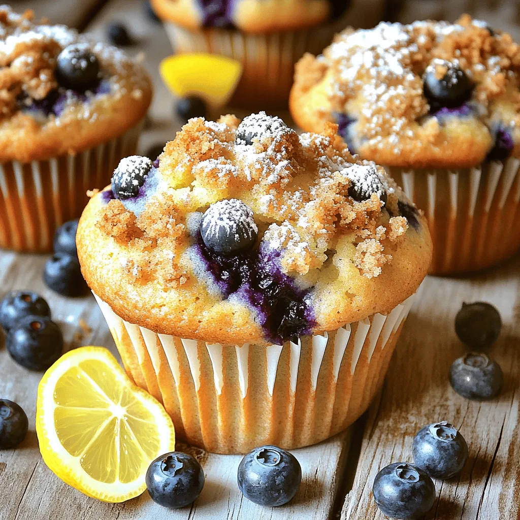 - 1 ½ cups all-purpose flour - 1 teaspoon baking powder - ½ teaspoon baking soda - ½ teaspoon salt - ½ cup unsalted butter, softened - ¾ cup granulated sugar - 2 large eggs - 1 teaspoon pure vanilla extract - Zest of 1 lemon - ½ cup buttermilk - 1 cup fresh blueberries - Streusel Topping Ingredients - ¼ cup all-purpose flour - ¼ cup packed brown sugar - 2 tablespoons cold unsalted butter, diced into small cubes - ½ teaspoon ground cinnamon Gathering the right ingredients makes all the difference. I love the blend of sweet blueberries and tart lemon. It creates a bright flavor that wakes up your taste buds. The streusel topping adds a nice crunch. The dry ingredients mix flour, baking powder, baking soda, and salt. This blend gives the muffins a light and airy texture. The wet ingredients include softened butter and sugar, which create a rich base. Adding eggs ensures the muffins rise well. The vanilla extract and lemon zest bring out a fresh taste. Buttermilk keeps the muffins moist and tender. Blueberries bring bursts of flavor in every bite. For the streusel, we use flour, brown sugar, cold butter, and cinnamon. This topping adds a sweet crunch that pairs perfectly with the soft muffin. Now that you know the ingredients, you're ready to create something delicious! - Preheat the oven to 375°F (190°C). - Prepare your muffin tin by using paper liners or greasing the cups well. - In a medium bowl, whisk together 1 ½ cups of flour, baking powder, baking soda, and salt. Set this aside for now. - In a large bowl, cream the softened butter and granulated sugar. Mix until light and fluffy, about 2-3 minutes. - Add the eggs one at a time, mixing well after each. Then, stir in the vanilla extract and lemon zest until combined. - Gradually mix in the dry ingredients with the buttermilk. Start and finish with the flour. Mix gently to keep the muffins tender. - Carefully fold in the fresh blueberries with a rubber spatula. Be gentle so you don’t smash them. - For the streusel topping, mix ¼ cup of flour, brown sugar, diced cold butter, and ground cinnamon in a small bowl. Use a fork to blend until it looks like coarse crumbs. - Spoon the batter into the muffin tin, filling each cup about two-thirds full. This allows room for rising. - Sprinkle the streusel topping generously over each muffin. - Bake for 18-20 minutes. Check if a toothpick comes out clean from the center of a muffin. - Let the muffins cool in the tin for about 5 minutes before moving them to a wire rack to cool completely. - Avoid overmixing to keep muffins tender: When mixing your batter, gently stir until just combined. Overmixing can lead to tough muffins. - Using room temperature ingredients for better texture: Bring your butter, eggs, and buttermilk to room temperature before mixing. This helps create a smooth batter and fluffy muffins. - How to achieve the right crumb texture: Use cold butter and mix until you see small crumbs. This gives the streusel a nice, crumbly texture that adds a perfect crunch. - Substitutes for streusel ingredients: If you run out of brown sugar, you can use white sugar with a bit of molasses. For a nutty flavor, consider adding chopped nuts to the streusel mix. - Dusting with powdered sugar: Once your muffins cool, sprinkle powdered sugar on top. This adds sweetness and makes them look fancy. - Garnishing tips with fruits: Top each muffin with a fresh blueberry or a small slice of lemon. This will make your muffins pop with color and flavor. {{image_4}} You can change up the taste of your muffins in fun ways. Adding lemon juice gives more zest. Just a tablespoon of fresh lemon juice can brighten the flavor. You might also like to add nuts or coconut flakes. Walnuts or pecans add a nice crunch. Coconut flakes give a sweet twist. Mix these in with the blueberries for surprising bites. If you need a gluten-free option, you can use gluten-free flour. Brands like almond or coconut flour work well. The muffins may be a bit denser, but still tasty. For dairy-free needs, swap buttermilk with almond milk or oat milk. Add a teaspoon of vinegar to mimic buttermilk’s tang. These changes help everyone enjoy this treat. You can make these muffins all year round with different berries. In summer, try using fresh raspberries or strawberries. They give a lovely color and flavor. In the fall, you can add diced apples or pears. This makes your muffins unique for any season. Just remember to adjust the sugar if you use sweeter fruits. To keep your blueberry lemon streusel muffins fresh, store them at room temperature. Place the muffins in an airtight container. This helps maintain their moisture and flavor. If you want them to last longer, you can refrigerate them. Wrap each muffin in plastic wrap or foil before placing them in a container. This will prevent them from drying out. Freezing muffins is a great way to keep them for later. To freeze, let the muffins cool completely. Once cool, wrap each muffin in plastic wrap. Place the wrapped muffins in a freezer-safe bag or container. This keeps them fresh and protects against freezer burn. When you are ready to eat one, remove it from the freezer. Let it sit at room temperature for a few hours. You can also reheat it in the oven at 350°F (175°C) for about 10 minutes. This will help restore their soft texture. Enjoy your muffins any time! Blueberry muffins stay good for about three days at room temperature. Keep them in an airtight container to stay fresh. If you put them in the fridge, they last about a week. Make sure to check for mold or dryness before eating. Yes, you can use frozen blueberries in these muffins. Just keep a few tips in mind. First, do not thaw the berries before adding them to the batter. This helps keep the muffins from turning blue. Also, toss the frozen blueberries in a bit of flour before folding them in. This helps them stay suspended in the batter and not sink to the bottom. If you do not have buttermilk, you can make a quick substitute. Mix one cup of milk with one tablespoon of lemon juice or vinegar. Let it sit for about five minutes. This will create a similar sour taste. You can also use plain yogurt or sour cream, but use less liquid in the recipe. These homemade blueberry muffins start with simple dry and wet ingredients, plus fresh blueberries. You learned how to mix, bake, and store these treats perfectly. Remember, using room temperature items helps the muffins rise nicely. You can even add your twist with nuts or lemon juice. Enjoy these muffins fresh, or freeze them for later. I hope you try making them soon! With these tips, you’ll bake muffins that everyone loves.