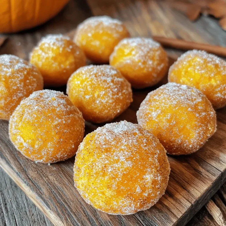 To make delightful pumpkin donut holes, you need a few simple ingredients. Here’s what you'll need: - 1 cup all-purpose flour - 1/2 cup pure pumpkin puree - 1/4 cup granulated sugar - 1/2 teaspoon baking powder - 1/2 teaspoon baking soda - 1/2 teaspoon ground cinnamon - 1/4 teaspoon ground nutmeg - 1/4 teaspoon ground ginger - 1/4 teaspoon salt - 1/2 cup plain yogurt or buttermilk - 1 large egg - 3 tablespoons unsalted butter - 1 teaspoon pure vanilla extract - 1/2 cup powdered sugar for coating - 2 tablespoons cinnamon sugar for coating These ingredients work together to create soft, tasty donut holes. The pumpkin puree adds moisture and flavor, while the spices bring warmth. The yogurt or buttermilk helps keep the donut holes fluffy. Each ingredient plays a key role in making the perfect treat. Using fresh pumpkin puree can give your donut holes a richer taste. If you want a tangy twist, use buttermilk instead of yogurt. Add in your favorite spices for different flavor profiles. Get ready to mix these ingredients into a delicious, warm treat! - Preheat your oven to 350°F (175°C). - Prepare a mini muffin pan or donut hole pan. Lightly grease it with non-stick spray or butter. - In a large mixing bowl, combine: - 1 cup all-purpose flour - 1/4 cup granulated sugar - 1/2 teaspoon baking powder - 1/2 teaspoon baking soda - 1/2 teaspoon ground cinnamon - 1/4 teaspoon ground nutmeg - 1/4 teaspoon ground ginger - 1/4 teaspoon salt Whisk these dry ingredients together until fluffy. - In a separate bowl, mix: - 1/2 cup pure pumpkin puree - 1/2 cup plain yogurt (or buttermilk for a tangy taste) - 1 large egg, at room temperature - 3 tablespoons melted unsalted butter - 1 teaspoon pure vanilla extract Whisk until smooth and creamy. - Gradually pour the wet mix into the dry mix. - With a spatula, fold until just combined. A few lumps are fine! - Fill each section of the pan about two-thirds full with batter. - Bake for 10-12 minutes. They are done when a toothpick comes out clean. - Cool in the pan for 5 minutes. - Transfer to a wire rack to cool completely. - While warm, roll each donut hole in a mix of: - 1/2 cup powdered sugar - 2 tablespoons cinnamon sugar Coat them well for a sweet finish. - Avoiding overmixing: Mix the wet and dry ingredients until just combined. Lumps are fine. Overmixing can make the donut holes tough. You want them light and fluffy. - Ensuring even baking: Fill each section of your pan evenly. This helps them bake at the same rate. Rotate the pan halfway through baking for golden-brown goodness on all sides. - Decorative serving suggestions: Use a pretty bowl to display your donut holes. Sprinkle some cinnamon sugar on top for a pop of color. - Accompaniments for serving: Serve with warm maple syrup or a side of cream cheese frosting. These dips add extra flavor and make the treat even more fun! {{image_4}} You can make tasty gluten-free donut holes easily. Start by swapping regular flour. Here are some great substitutes: - 1 cup almond flour - 1 cup oat flour - 1 cup gluten-free all-purpose flour These flours work well and keep the texture light. For the right texture, remember these tips: - Add a bit more baking powder. This helps them rise. - Mix in a tablespoon of ground flaxseed. It helps bind the ingredients. - Keep an eye on the baking time. Gluten-free dough can bake faster. Making vegan pumpkin donut holes is also simple. Replace dairy ingredients with plant-based options. Here are some swaps: - Use almond milk or oat milk instead of yogurt. - For butter, try coconut oil or vegan butter. Eggs can be tricky, but you have options. Use these alternatives: - 1 tablespoon ground flaxseed mixed with 2.5 tablespoons water. Let it sit for a few minutes. - 1/4 cup unsweetened applesauce can work too. These swaps keep the flavor while making them vegan. Enjoy your baking! To keep your pumpkin donut holes fresh, use an airtight container. This helps prevent them from drying out. You can store them at room temperature for up to three days. If you want to keep them longer, place them in the fridge. They will last for about a week in the fridge. For longer storage, you can freeze them. Place the donut holes in a freezer-safe bag. They can last up to three months in the freezer. Just remember to label the bag with the date. When you're ready to enjoy your donut holes again, reheating is easy. Preheat your oven to 350°F (175°C). Place the donut holes on a baking sheet. Heat them for about five to seven minutes. This will help them regain their soft texture. If you prefer a quicker method, you can use the microwave. Heat them in 10-second bursts until warm. However, this may make them a bit softer than baking. To keep the flavor, consider adding a sprinkle of cinnamon sugar after reheating. How long do pumpkin donut holes last? Pumpkin donut holes last about 2 to 3 days at room temperature. You can store them in an airtight container. If you want them to last longer, keep them in the fridge for up to a week. Can I freeze pumpkin donut holes? Yes, you can freeze pumpkin donut holes. Place them in a single layer on a baking sheet. Once frozen, transfer them to a freezer bag. They can last for up to 3 months in the freezer. Just thaw them at room temperature before enjoying. What can I substitute for pumpkin puree? You can use applesauce or mashed banana as a substitute for pumpkin puree. Both add moisture and sweetness. You can also use homemade pumpkin puree if you have it on hand. Are pumpkin donut holes healthy? Pumpkin donut holes are a treat but can be healthier than regular donuts. They use pumpkin, which is rich in vitamins. Using yogurt or buttermilk adds some protein. However, they still have sugar and butter, so enjoy them in moderation! You now have all the steps to make tasty pumpkin donut holes. We covered the key ingredients, preparation methods, and helpful tips to ensure success. Whether you need gluten-free or vegan options, I provided simple swaps. Remember to store your donut holes properly to keep them fresh. Enjoy these delightful treats at any event or just for fun. Happy baking!