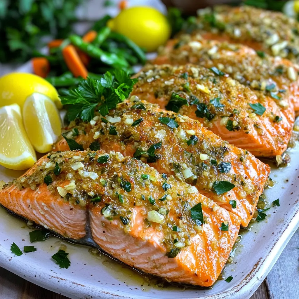 - Salmon fillets (4 pieces, 170g each) - 4 cloves garlic, finely chopped - 1 teaspoon dried thyme - 1 teaspoon dried oregano - 1 tablespoon fresh parsley, chopped - 2 tablespoons olive oil - Zest and juice of 1 lemon - Salt and pepper to taste - Lemon wedges - Fresh parsley Gather these ingredients before starting. Fresh herbs add great flavor. You can adjust the herbs based on your taste. Feel free to mix and match. The lemon zest gives a nice kick to the dish. Make sure your salmon is fresh for the best taste. Using good quality olive oil enhances the dish too. For the optional garnish, lemon wedges brighten the plate. Fresh parsley adds color and freshness. This recipe is fun and easy, so get ready to cook! - In a small bowl, mix 4 finely chopped garlic cloves with: - 1 teaspoon dried thyme - 1 teaspoon dried oregano - 1 tablespoon fresh parsley, chopped - 2 tablespoons olive oil - Zest and juice of 1 lemon - Add salt and pepper to taste. This mix will bring out great flavors. - Pat 4 salmon fillets dry with paper towels. This helps the herb paste stick well. - Spread the herb paste evenly on each fillet. Press down gently so it stays on. - Preheat your air fryer to 200°C (400°F) for about 5 minutes. - Place the salmon fillets in the basket, skin-side down. Make sure they have space and do not touch. - Cook for 8-10 minutes. The salmon is done when it reaches 63°C (145°F) inside. It should flake easily with a fork. - Check the salmon's doneness with a fork. It should be flaky but not dry. - Let it rest for a few minutes before serving. This helps the juices distribute evenly. To get a great crust on your salmon, start by drying the fillets. Use paper towels to remove any moisture. This helps the herb paste stick well. A dry surface also allows the salmon to crisp up nicely in the air fryer. For cooking, preheat your air fryer to 200°C (400°F). This step is key for a nice crust. Cook the salmon for 8 to 10 minutes. Check the fish's inner temperature; it should reach 63°C (145°F). This ensures the salmon is cooked but still juicy. Pair your salmon with side dishes like steamed veggies or a light salad. These options add freshness and balance. For presentation, serve the salmon on a nice plate with lemon wedges and a sprig of parsley. This makes your dish look inviting and colorful. One common mistake is overcooking the salmon. This can make it dry and tough. Keep an eye on the cooking time and check the temperature. Another mistake is not seasoning enough. The garlic and herbs add flavor, but don't skip the salt and pepper. They enhance all the great tastes in your dish. Season well for a delicious meal! {{image_4}} You can change herbs and spices to fit your taste. Try basil or dill for a fresh twist. You could also use paprika for a smoky flavor. If you want heat, add a pinch of cayenne or red pepper flakes. Different fish can work great too. Instead of salmon, use trout or cod. Both have a nice flavor and cook well in the air fryer. Just adjust cooking times based on the thickness of the fish. If you prefer, you can bake this dish in the oven. Preheat your oven to 200°C (400°F). Place the salmon on a lined baking sheet and cook for 12-15 minutes. Check that it reaches 63°C (145°F) before serving. Grilling is another fun option. Heat your grill to medium-high. Grill the salmon for about 5-7 minutes on each side. This method adds a nice char and flavor. Just watch closely to avoid overcooking. To keep your garlic herb crusted salmon fresh, store it properly. Use an airtight container. This will help keep moisture in and prevent odors from mixing. Place the salmon in the fridge within two hours of cooking. It should stay good for 3 to 4 days. When you're ready to enjoy leftovers, reheating is key. The best way is to use the air fryer. Set it to 160°C (320°F) and cook for about 5 minutes. This helps keep the fish moist and tasty. You can also use a microwave, but be careful. Heat it in short bursts to avoid drying it out. Enjoy your meal again! Cooking salmon in an air fryer takes about 8 to 10 minutes. Preheat your air fryer to 200°C (400°F) before cooking. Each fillet should reach an internal temperature of 63°C (145°F). This ensures the fish is safe to eat and tender. Yes, you can use frozen salmon. Just remember to thaw it first for even cooking. To thaw, place the salmon in the fridge overnight or use a microwave on defrost. Once thawed, follow the recipe as usual. Adjust the cooking time slightly if needed, usually adding a minute or two. Garlic herb crusted salmon pairs well with many sides. Consider these options: - Steamed vegetables like broccoli or green beans - A fresh salad with mixed greens - Roasted potatoes or sweet potatoes - Quinoa or rice for a hearty option These sides complement the salmon’s flavors and add color to your plate. This blog post covered how to make delicious garlic herb crusted salmon in an air fryer. You learned about the key ingredients and the easy steps to prepare and cook it. Tips helped you avoid common mistakes and offered serving ideas. Remember, good preparation leads to great meals. In the end, cooking salmon can be fun and rewarding. With these methods and tips, you will impress everyone at your next meal. Enjoy your cooking journey!
