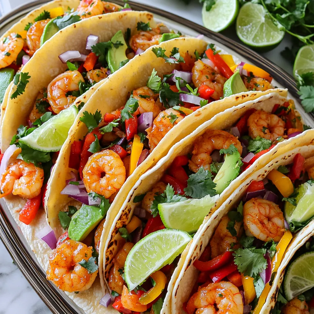 - 1 lb large shrimp, peeled and deveined - 2 tablespoons extra virgin olive oil - 2 teaspoons chili powder - 1 teaspoon ground cumin - 1 teaspoon smoked paprika - 1 teaspoon garlic powder - Zest and juice of 2 fresh limes - Sea salt and freshly cracked pepper to taste - 1 medium red bell pepper, sliced - 1 medium yellow bell pepper, sliced - 1 medium red onion, sliced - 8 small corn tortillas - Fresh cilantro leaves for garnish - 1 ripe avocado, sliced - Lime wedges for serving Gather these ingredients before you start cooking. The shrimp is the star, and the spices give it a bold kick. Fresh limes add zest, while the peppers and onion bring color and crunch. Corn tortillas are perfect for wrapping up all the flavors. I love to garnish with cilantro and avocado for a fresh finish. Don't forget the lime wedges for an extra burst of flavor! - Preheat oven to 400°F (200°C) - Line a large sheet pan with parchment paper Start by preheating your oven. This ensures even cooking. While it heats, grab a large sheet pan. Lining it with parchment paper makes for easy cleanup. - Combine olive oil and spices in a bowl - Whisk until smooth and well blended Next, you’ll create a zesty marinade. In a medium bowl, mix olive oil, chili powder, cumin, smoked paprika, garlic powder, lime zest, and lime juice. Whisk it all together until smooth. The blend should look rich and inviting. - Toss shrimp in marinade and rest for 10 minutes Now it’s time to marinate the shrimp. Add the peeled and deveined shrimp to the marinade. Toss them gently to coat every piece well. Let them rest for 10 minutes. This step adds a burst of flavor. - Spread bell peppers and red onion on the sheet pan While the shrimp soaks up the flavor, prepare your veggies. Take the sliced red and yellow bell peppers and red onion. Spread them evenly on the lined sheet pan. This colorful mix adds both flavor and nutrition. - Arrange marinated shrimp atop vegetables - Bake for 10-12 minutes until shrimp is pink After marinating, arrange the shrimp over the veggies on the sheet pan. Make sure to spread them out evenly. Bake in the preheated oven for 10-12 minutes. The shrimp should turn pink, and the veggies will soften perfectly. - Warm corn tortillas - Fill tortillas with shrimp and veggies - Garnish with cilantro and avocado While the shrimp and veggies bake, warm your corn tortillas. You can heat them in a skillet or microwave. Once warm, fill each tortilla with shrimp and veggies. Top with fresh cilantro and avocado slices. Serve with lime wedges for extra zest. Enjoy these bold and zesty tacos! - Marinate shrimp for a longer duration if possible. This helps the shrimp soak up the spices. - Use fresh ingredients for the best taste. Fresh shrimp and veggies make a big difference. - Layer shrimp and veggies for even flavor distribution. This way, every bite has a burst of taste. - Using warm tortillas enhances texture. Warm tortillas are soft and easy to fold. - Serve on a colorful platter. A vibrant plate makes your meal more inviting. - Accompany with lime wedges and cilantro. These add a fresh touch and bright flavor. {{image_4}} You can swap out shrimp for chicken. Just cut the chicken into bite-sized pieces. You can also try tofu for a plant-based option. Use firm tofu and press it to remove excess water. Another tasty choice is fish, like tilapia or cod. Both cook quickly and soak up flavors well. Want more spice? Add diced jalapeños to the mix for a nice kick. They bring heat and a fresh taste. You can also stir in black beans for extra fiber. Black beans add a creamy texture and boost nutrition. While corn tortillas are classic, try flour or whole wheat tortillas for a different bite. They offer a softer texture. For a low-carb meal, use lettuce wraps instead. They add crunch and freshness to your tacos. To keep your chili lime shrimp tacos fresh, store any leftovers in the fridge. Place the shrimp and veggies in an airtight container. This method helps keep the flavors intact. Use them within 2-3 days for the best quality. After that, the shrimp may lose its taste and texture. When you are ready to enjoy your tacos again, reheat them carefully. The best way is to use the oven or the stovetop. This keeps the shrimp tender and the veggies crisp. Avoid the microwave, as it can make the shrimp rubbery. Just warm them up slowly for a better meal. You can also freeze shrimp and veggies before cooking. This is a great option if you want to meal prep. Just thaw them in the fridge overnight before cooking. Follow the original recipe for cooking times and methods. This way, you can enjoy fresh tacos anytime you want! Look for a vibrant pink color and opaque texture. The shrimp should curl slightly. If you see these signs, your shrimp are ready to enjoy. Cooking shrimp too long can make them rubbery. So, keep an eye on them! Yes, you can marinate shrimp and prep veggies in advance. This saves time on busy days. Just keep everything in the fridge until you are ready to cook. When you're ready, bake the shrimp and veggies for a quick meal. Salsa, sour cream, or hot sauce are great options. They add more flavor and texture to your tacos. You can also try guacamole or a squeeze of fresh lime juice. These toppings make your tacos even more delicious! This recipe combines fresh shrimp with bright vegetables for tasty tacos. You learned the essential ingredients, how to prepare each part, and tips to ensure the best flavor. Variations allow you to customize the dish to your liking. For leftovers, remember to store them in an airtight container for freshness. Enjoying these homemade tacos is a delightful way to experience new flavors and share a meal with friends or family. Now, gather your ingredients and start cooking for a delicious and fun meal!