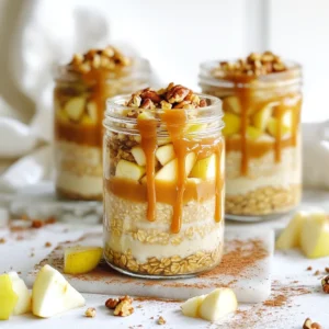 - 1 cup rolled oats - 1 ½ cups almond milk (or any milk of your choice) - 1 medium apple, diced (opt for a sweet variety like Fuji or Honeycrisp) - 2 tablespoons caramel sauce (plus extra for drizzling) These main ingredients form the heart of your caramel apple overnight oats. Rolled oats soak up the milk, making them creamy. Almond milk adds a nutty flavor. Sweet apples bring a fresh taste, while caramel sauce gives that sweet touch. - 1 tablespoon maple syrup (optional for added sweetness) - Chopped nuts (such as pecans or walnuts) for topping Optional ingredients can enhance the dish. Maple syrup can add extra sweetness. Chopped nuts provide a nice crunch and extra flavor. - 1 tablespoon chia seeds - 1 teaspoon ground cinnamon - A pinch of salt Seasoning is key for flavor. Chia seeds help thicken the oats. Ground cinnamon adds warmth, and a pinch of salt balances the sweetness. Combine 1 cup of rolled oats, 1 ½ cups of almond milk, and 1 tablespoon of chia seeds in a large bowl. Stir the mixture well. The chia seeds will help thicken the oats. Let it rest for about 5 minutes. This time allows the chia seeds to absorb some liquid and enhances the texture. After the chia seeds have thickened the mix, fold in 1 diced apple and 2 tablespoons of caramel sauce. You can use sweet apples like Fuji or Honeycrisp for a delicious bite. Add 1 teaspoon of ground cinnamon and a pinch of salt. Stir everything until it blends nicely. The cinnamon adds warmth, while the caramel brings sweetness. Divide the oat mixture into individual jars. Make sure to share the diced apples evenly. Seal the jars tightly and place them in the fridge. Chill overnight or for at least 4 hours. This allows the oats to soak up the milk and the flavors to meld. In the morning, give the oats a good stir. Top each jar with more caramel sauce and a sprinkle of chopped nuts. Pecans or walnuts add a lovely crunch. For a pretty presentation, serve in clear glass jars. Enjoy your tasty breakfast boost! To get the best texture, you should soak your oats well. Combine rolled oats, almond milk, and chia seeds in a bowl. Stir everything together. Let the mixture sit for about five minutes. This allows the chia seeds to absorb liquid and thicken the mix. When you add the diced apple and caramel, make sure to fold it gently. This helps keep the oats soft and creamy. To boost the flavor, consider adding a dash of nutmeg or a drop of vanilla. These spices blend well with the apple and caramel. If you want a healthier option, try using date syrup or a homemade caramel made with dates. These options give you that sweet taste without the extra sugar. Get creative when serving your oats! You can layer them in clear jars to show off the colorful layers. For a nice touch, garnish with extra apple slices and a drizzle of caramel on top. You can also pair your oats with fresh fruits or a dollop of yogurt. This adds more texture and flavor to your breakfast. {{image_4}} You can add nuts or seeds for extra crunch. Chopped pecans or walnuts work well. They add a nice texture and flavor. You can also try sunflower seeds or pumpkin seeds for a fun twist. Other fruit options include pears or berries. Diced pears add sweetness and a soft bite. Berries like blueberries or strawberries bring a tart flavor. Experiment with different fruits to find your favorite mix. Making this dish vegan or dairy-free is easy. Just swap almond milk for any plant-based milk you prefer. Options like soy, oat, or coconut milk are great choices. If you need gluten-free oats, look for certified gluten-free rolled oats. They provide the same great taste without the gluten. Always check labels to ensure your choices fit your needs. Fall-inspired variations can include pumpkin spice. Just add a teaspoon of pumpkin spice to the mix. It gives a warm, cozy flavor perfect for autumn. For holiday-themed oats, try adding cranberries. Dried cranberries add a sweet-tart flavor. Mix them in before refrigerating to enjoy a festive treat. These simple twists can make your breakfast exciting all year round! To keep your caramel apple overnight oats fresh, store them in airtight containers. Glass jars or plastic containers work well. Make sure to seal them tightly to prevent air from getting in. This keeps your oats tasty and safe to eat. You can store these oats in the fridge for up to five days. Check for signs of spoilage before eating. If you see any mold or if they smell sour, throw them out. Fresh oats taste best, so aim to eat them within a few days. Preparing overnight oats in bulk saves time. Make a few servings at once and store them. You can also freeze them for longer storage. Just make sure to leave some space in the container, as the oats will expand. When you're ready to eat, thaw them overnight in the fridge. Rolled oats are the best choice for overnight oats. They absorb liquid well and become soft overnight. Quick oats cook faster but may turn mushy. Steel-cut oats are chewier and require longer to soak. They are less ideal for overnight recipes. Yes, you can use water instead of milk. However, milk adds creaminess and flavor. If you want more taste, try almond milk, oat milk, or soy milk. Each option brings a different flavor to your oats. To make this recipe healthier, you can reduce the caramel sauce. Use less or choose a sugar-free version. Adding nuts boosts protein and healthy fats. You can also add seeds or fresh fruit for extra nutrients. You can make these oats without chia seeds. If you skip them, use mashed banana or yogurt to thicken the mix. Both options add creaminess and flavor to the oats, keeping them delicious. To heat overnight oats, place them in a microwave-safe bowl. Heat for 30 to 60 seconds. Stir the oats halfway through to ensure even heating. Add a splash of milk if they seem dry. Enjoy warm for a cozy breakfast! This blog post outlined how to make delicious overnight oats. We discussed the main ingredients like oats, almond milk, and sweet apples. I shared tips to enhance flavor and texture. You learned about variations and dietary substitutions to suit your needs. Now, you have the knowledge to create your own tasty overnight oats, perfect for any meal. Enjoy experimenting with flavors and make this recipe your own! Your breakfast can be both healthy and fun. Get creative and enjoy every bite!