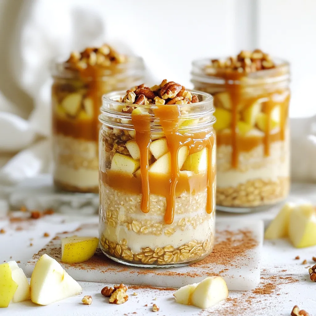 - 1 cup rolled oats - 1 ½ cups almond milk (or any milk of your choice) - 1 medium apple, diced (opt for a sweet variety like Fuji or Honeycrisp) - 2 tablespoons caramel sauce (plus extra for drizzling) These main ingredients form the heart of your caramel apple overnight oats. Rolled oats soak up the milk, making them creamy. Almond milk adds a nutty flavor. Sweet apples bring a fresh taste, while caramel sauce gives that sweet touch. - 1 tablespoon maple syrup (optional for added sweetness) - Chopped nuts (such as pecans or walnuts) for topping Optional ingredients can enhance the dish. Maple syrup can add extra sweetness. Chopped nuts provide a nice crunch and extra flavor. - 1 tablespoon chia seeds - 1 teaspoon ground cinnamon - A pinch of salt Seasoning is key for flavor. Chia seeds help thicken the oats. Ground cinnamon adds warmth, and a pinch of salt balances the sweetness. Combine 1 cup of rolled oats, 1 ½ cups of almond milk, and 1 tablespoon of chia seeds in a large bowl. Stir the mixture well. The chia seeds will help thicken the oats. Let it rest for about 5 minutes. This time allows the chia seeds to absorb some liquid and enhances the texture. After the chia seeds have thickened the mix, fold in 1 diced apple and 2 tablespoons of caramel sauce. You can use sweet apples like Fuji or Honeycrisp for a delicious bite. Add 1 teaspoon of ground cinnamon and a pinch of salt. Stir everything until it blends nicely. The cinnamon adds warmth, while the caramel brings sweetness. Divide the oat mixture into individual jars. Make sure to share the diced apples evenly. Seal the jars tightly and place them in the fridge. Chill overnight or for at least 4 hours. This allows the oats to soak up the milk and the flavors to meld. In the morning, give the oats a good stir. Top each jar with more caramel sauce and a sprinkle of chopped nuts. Pecans or walnuts add a lovely crunch. For a pretty presentation, serve in clear glass jars. Enjoy your tasty breakfast boost! To get the best texture, you should soak your oats well. Combine rolled oats, almond milk, and chia seeds in a bowl. Stir everything together. Let the mixture sit for about five minutes. This allows the chia seeds to absorb liquid and thicken the mix. When you add the diced apple and caramel, make sure to fold it gently. This helps keep the oats soft and creamy. To boost the flavor, consider adding a dash of nutmeg or a drop of vanilla. These spices blend well with the apple and caramel. If you want a healthier option, try using date syrup or a homemade caramel made with dates. These options give you that sweet taste without the extra sugar. Get creative when serving your oats! You can layer them in clear jars to show off the colorful layers. For a nice touch, garnish with extra apple slices and a drizzle of caramel on top. You can also pair your oats with fresh fruits or a dollop of yogurt. This adds more texture and flavor to your breakfast. {{image_4}} You can add nuts or seeds for extra crunch. Chopped pecans or walnuts work well. They add a nice texture and flavor. You can also try sunflower seeds or pumpkin seeds for a fun twist. Other fruit options include pears or berries. Diced pears add sweetness and a soft bite. Berries like blueberries or strawberries bring a tart flavor. Experiment with different fruits to find your favorite mix. Making this dish vegan or dairy-free is easy. Just swap almond milk for any plant-based milk you prefer. Options like soy, oat, or coconut milk are great choices. If you need gluten-free oats, look for certified gluten-free rolled oats. They provide the same great taste without the gluten. Always check labels to ensure your choices fit your needs. Fall-inspired variations can include pumpkin spice. Just add a teaspoon of pumpkin spice to the mix. It gives a warm, cozy flavor perfect for autumn. For holiday-themed oats, try adding cranberries. Dried cranberries add a sweet-tart flavor. Mix them in before refrigerating to enjoy a festive treat. These simple twists can make your breakfast exciting all year round! To keep your caramel apple overnight oats fresh, store them in airtight containers. Glass jars or plastic containers work well. Make sure to seal them tightly to prevent air from getting in. This keeps your oats tasty and safe to eat. You can store these oats in the fridge for up to five days. Check for signs of spoilage before eating. If you see any mold or if they smell sour, throw them out. Fresh oats taste best, so aim to eat them within a few days. Preparing overnight oats in bulk saves time. Make a few servings at once and store them. You can also freeze them for longer storage. Just make sure to leave some space in the container, as the oats will expand. When you're ready to eat, thaw them overnight in the fridge. Rolled oats are the best choice for overnight oats. They absorb liquid well and become soft overnight. Quick oats cook faster but may turn mushy. Steel-cut oats are chewier and require longer to soak. They are less ideal for overnight recipes. Yes, you can use water instead of milk. However, milk adds creaminess and flavor. If you want more taste, try almond milk, oat milk, or soy milk. Each option brings a different flavor to your oats. To make this recipe healthier, you can reduce the caramel sauce. Use less or choose a sugar-free version. Adding nuts boosts protein and healthy fats. You can also add seeds or fresh fruit for extra nutrients. You can make these oats without chia seeds. If you skip them, use mashed banana or yogurt to thicken the mix. Both options add creaminess and flavor to the oats, keeping them delicious. To heat overnight oats, place them in a microwave-safe bowl. Heat for 30 to 60 seconds. Stir the oats halfway through to ensure even heating. Add a splash of milk if they seem dry. Enjoy warm for a cozy breakfast! This blog post outlined how to make delicious overnight oats. We discussed the main ingredients like oats, almond milk, and sweet apples. I shared tips to enhance flavor and texture. You learned about variations and dietary substitutions to suit your needs. Now, you have the knowledge to create your own tasty overnight oats, perfect for any meal. Enjoy experimenting with flavors and make this recipe your own! Your breakfast can be both healthy and fun. Get creative and enjoy every bite!