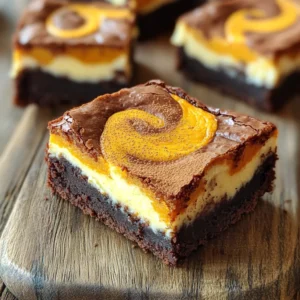 - 1 cup unsalted butter - 8 oz dark chocolate, chopped - 1 cup granulated sugar - 1/2 cup packed brown sugar - 4 large eggs - 1 teaspoon vanilla extract - 1 cup all-purpose flour - 1/2 cup unsweetened cocoa powder - 1/4 teaspoon salt - 1/2 teaspoon baking powder - 1 cup pumpkin puree - 8 oz cream cheese, softened - 1/4 cup powdered sugar - 1 teaspoon pumpkin pie spice - 1 teaspoon ground cinnamon Gather these ingredients before you start. The butter and chocolate melt together to give a rich base. The sugars add sweetness and moisture. Eggs help bind everything, while the flour and cocoa create that classic brownie texture. The addition of pumpkin puree and cream cheese makes this dessert special. Pumpkin adds flavor and moisture. The cream cheese gives a creamy swirl that balances the brownie base. Spices like pumpkin pie spice and cinnamon give warmth. These flavors work well with chocolate and pumpkin. Make sure to use unsalted butter for better control of the saltiness. Use high-quality dark chocolate for the best taste. You can also choose low-fat cream cheese for a lighter option. With these ingredients, you are set to create a sweet treat that combines rich brownie flavor with creamy pumpkin goodness. 1. Preheat your oven to 350°F (175°C). 2. Prepare a 9x13 inch baking pan. Grease it and line it with parchment paper. 3. In a medium saucepan, melt 1 cup of unsalted butter and 8 oz of chopped dark chocolate over low heat. Stir until smooth. Remove from heat and let cool slightly. 4. In a large bowl, combine 1 cup of granulated sugar, 1/2 cup of packed brown sugar, 4 large eggs, and 1 teaspoon of vanilla extract. Whisk until smooth. 1. Slowly pour the warm chocolate mixture into the sugar-egg mixture. Stir to combine. 2. In another bowl, sift together 1 cup of all-purpose flour, 1/2 cup of unsweetened cocoa powder, 1/4 teaspoon of salt, and 1/2 teaspoon of baking powder. 3. Gently fold the dry ingredients into the wet mixture. Mix until no flour streaks remain. 1. In a separate bowl, beat 8 oz of softened cream cheese with 1/4 cup of powdered sugar, 1 teaspoon of pumpkin pie spice, and 1 teaspoon of ground cinnamon until smooth. 2. Fold in 1 cup of pumpkin puree until well combined. 3. Pour half of the brownie batter into the prepared pan. Spread it evenly. 4. Spoon dollops of the pumpkin mixture over the brownie layer. 5. Add spoonfuls of the remaining brownie batter on top of the pumpkin layer. 6. Use a knife or skewer to gently swirl the two mixtures together. Create a marbled effect without fully blending. 1. Place the pan in the preheated oven. Bake for 30 to 35 minutes. 2. Check for doneness by inserting a toothpick into the center. It should come out with a few moist crumbs, but not wet batter. 3. Once baked, let the brownies cool in the pan for at least 20 minutes. Use the parchment paper to lift them out. Slice into squares for serving. To make these brownies great, avoid overmixing the batter. Overmixing can lead to tough brownies. Mix just until you no longer see dry flour. This will keep your brownies soft and chewy. Use the right baking pan for best results. A 9x13 inch pan works well, but you can use a glass or metal pan. Glass pans give a nice, even bake. If you use a metal pan, check for doneness a bit earlier. When serving, a dollop of whipped cream adds a nice touch. You can also add a scoop of vanilla ice cream for extra delight. A light sprinkle of cinnamon on top makes them look festive. Store any leftovers in an airtight container. They will stay fresh for about three days at room temperature. If you want to keep them longer, refrigerate them. Just let them come to room temperature before serving again. If your brownies turn out too dense, it could be due to too much mixing. To fix this, be gentle when you fold in the dry ingredients. If your brownies are too cakey, check your baking time. They may have baked too long. A toothpick should come out with a few moist crumbs, not clean. Next time, try reducing the bake time by a few minutes. {{image_4}} You can make these brownies even more exciting. Try adding nuts or chocolate chips. Nuts like walnuts or pecans add a nice crunch. Chocolate chips give a sweet surprise in every bite. You can also play with spices like nutmeg. A little nutmeg can enhance the pumpkin flavor. Remember, a small amount goes a long way! Want to make a lighter version? Use low-fat cream cheese instead of regular cream cheese. It still tastes good but cuts down on calories. You can also swap sweeteners for healthier options. Use honey or maple syrup instead of sugar. This change keeps the brownies sweet while being a bit better for you. Get creative with your ingredients! You can use other purees for different flavors. Try sweet potato or butternut squash for a fun twist. Adjust spices for different holidays too. For Christmas, add some peppermint extract. It makes the brownies festive and unique. Enjoy changing these brownies all year round! To keep your brownies fresh, store them properly. The best way is to wrap them tightly in plastic wrap. Then, place them in an airtight container. This keeps them moist and tasty. If you want to store brownies in the fridge, place them in an airtight container. They can stay fresh for up to a week. Just remember to let them cool completely first. This keeps the texture right. For long-term storage, you can freeze brownies. Cut them into squares and wrap each piece in plastic wrap. Then, place them in a freezer bag. They can last for up to three months. When you're ready to eat them, let them thaw in the fridge overnight. At room temperature, these brownies last about three to four days. They stay soft and delicious if stored well. Watch for signs of spoilage. If you see mold or if they smell sour, it's best to toss them. Dryness can also mean they are past their prime. If they feel hard or crumbly, they may no longer taste good. Always check before you enjoy! Yes, you can make these brownies ahead. Bake them and let them cool. Once cool, wrap them in plastic wrap. Place them in the fridge for up to three days. You can also freeze brownies for up to three months. Just remember to cut them into squares first. To check if your brownies are done, insert a toothpick in the center. If it comes out with a few moist crumbs, they are ready. If it has wet batter, let them bake a bit longer. Keep an eye on them to avoid overbaking. If you lack pumpkin puree, use applesauce or mashed bananas. These will add moisture and sweetness. You can also try butternut squash puree for a similar flavor. Each option will give a unique twist to your brownies. These brownies are not gluten-free due to all-purpose flour. For a gluten-free option, replace all-purpose flour with almond flour or a gluten-free flour blend. This swap will still give you a delicious treat without gluten. You can definitely add frosting if you want extra sweetness. A light cream cheese frosting pairs well with the flavors. Just make sure the brownies are cool before you spread the frosting. This way, it won’t melt or slide off. These brownies blend rich chocolate and pumpkin for a unique treat. We discussed the ingredients, preparation steps, and baking tips. I shared ways to perfect the recipe and suggested fun variations. Storing and serving ideas help keep these brownies fresh. Remember, baking is an art. Enjoy experimenting with flavors and textures. You can create your perfect brownie while making lasting memories in the kitchen. Dive in and create your own delightful version!