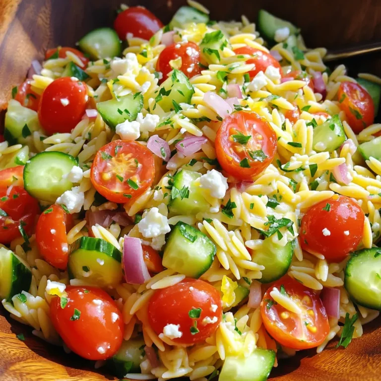 To create a tasty lemon garlic orzo salad, use these main ingredients: - 1 cup orzo pasta - 2 cups vegetable broth - 1 lemon, zested and juiced - 3 cloves garlic, finely minced - 1 cup cherry tomatoes, halved - 1 medium cucumber, diced - 1/4 cup red onion, finely chopped - 1/4 cup fresh parsley, roughly chopped These ingredients give the salad a fresh and bright flavor. The orzo pasta serves as a hearty base, while the lemon and garlic add a zesty touch. For added depth, consider these optional ingredients: - 1/4 cup feta cheese, crumbled - Sliced olives - Diced bell peppers - Avocado chunks These add-ins can elevate your salad. Feta cheese provides creaminess, while olives add a salty kick. For the dressing, use these simple ingredients: - 3 tablespoons extra virgin olive oil - Salt and freshly cracked pepper to taste The olive oil blends well with the lemon juice and garlic. Adjust the salt and pepper to suit your taste. This dressing ties all the flavors together beautifully. Start by boiling 2 cups of vegetable broth. Use a medium saucepan. Once the broth is boiling, add 1 cup of orzo pasta. Cook it for about 8-10 minutes. You want the orzo to be al dente, which means it should be tender but still firm. After cooking, drain the orzo in a colander. Rinse it with cold water right away. This stops the cooking and keeps it from getting mushy. While the orzo cools, grab a large mixing bowl. In this bowl, whisk together the juice and zest of 1 lemon. Add 3 minced garlic cloves and 3 tablespoons of extra virgin olive oil. Don’t forget to add salt and freshly cracked pepper. Mix it well until all the ingredients blend together. The dressing should be smooth and flavorful. Add the halved cherry tomatoes, diced cucumber, finely chopped red onion, and chopped parsley to the dressing. Toss gently so the veggies get covered in that zesty mix. Next, add the cooled orzo. Fold it in carefully to mix everything well. If you like, sprinkle 1/4 cup of crumbled feta cheese on top. Lightly mix it in for added flavor. Taste the salad now. Adjust the seasoning if needed. If you want more zing, add more lemon juice or salt. Let the salad chill in the fridge for at least 15 minutes. This helps all the flavors blend together. When ready to serve, put the salad in a large bowl or individual plates. Garnish it with a sprig of fresh parsley and a lemon wedge for a pop of color. Enjoy your fresh and flavorful salad! To cook orzo well, start with a rolling boil. Use two cups of vegetable broth for one cup of orzo. Stir the pasta gently as it cooks, about 8-10 minutes. You want it al dente, which means it should be tender but have a slight bite. After cooking, drain the orzo and rinse it under cold water. This stops the cooking and keeps it from getting mushy. Let it cool before mixing it into your salad. To add more flavor, use fresh lemon juice and zest. The zest gives a bright taste, while the juice adds tartness. Minced garlic is key for a strong flavor. You can also toss in some chopped olives or bell peppers for extra crunch. If you want more depth, consider adding a splash of white wine vinegar. Fresh herbs like basil or mint can brighten up the salad, too. Sprinkle in some salt and pepper as you mix, tasting as you go to get it just right. Serving your salad well makes a big difference. Use a large, shallow bowl or individual plates to show off the colorful ingredients. A sprig of fresh parsley on top adds a nice touch. Place a lemon wedge on the side for a pop of color and freshness. If you use feta cheese, sprinkle it on top right before serving. This makes the dish look delicious and inviting, ensuring your guests will want to dig in! {{image_4}} This salad shines in its vegetarian form. You can enrich it by adding: - Chickpeas: These add protein and a nice texture. - Bell Peppers: For more crunch and sweetness. - Avocado: Creaminess that pairs well with lemon. - Spinach or Kale: Extra greens boost nutrition and flavor. You can mix and match any of these to fit your taste. If you need a gluten-free choice, look for gluten-free orzo. Many brands make it from rice or corn. You can also try quinoa or brown rice. Both offer great texture and flavor. These options keep the salad light and tasty while being safe for gluten-sensitive diets. Make this salad year-round by changing the veggies based on the season. In summer, add fresh corn and zucchini. In fall, try roasted sweet potatoes and apples. Winter can bring in roasted beets or citrus fruits. These swaps keep the salad fresh and exciting through every season. To keep your orzo salad fresh, store it in an airtight container. Make sure to remove as much air as possible. This will help to keep the flavors intact. If you have leftover feta cheese, store it separately to avoid sogginess. Your lemon garlic orzo salad stays good in the fridge for about 3 days. After that, the veggies may start to lose their crispness. Always check for any signs of spoilage before eating. If it smells off or looks strange, don’t risk it. You can enjoy this salad cold or warm. If you prefer to reheat it, do so gently. Place the salad in a microwave-safe dish and heat it for 30 seconds. Stir and check the temperature, then heat again if needed. Avoid overheating, as this can make the orzo mushy. Yes, you can make this salad ahead of time. It tastes even better after chilling. I suggest making it a few hours before you eat. Just keep it in the fridge. This lets the flavors mix nicely. If you make it the night before, the taste will deepen! You can add many vegetables to this salad. Try bell peppers for crunch. Spinach or arugula can add greens. You can also include shredded carrots for sweetness. Feel free to use what you love. Customize it to your taste! Yes, this recipe is great for meal prep. You can store it in containers for easy meals. It holds up well in the fridge for several days. Just remember to leave out the feta until you're ready to eat. This keeps it fresh and tasty! Absolutely! You can use other pasta shapes. Try small shells or ditalini for a similar bite. Even gluten-free pasta works well. Just cook it according to the package instructions. This recipe is flexible, so make it your own! You now know how to make a tasty lemon garlic orzo salad. The fresh ingredients mix perfectly, while the dressing adds a blast of flavor. You can customize the salad with extra veggies or swap in gluten-free options. Store leftovers for easy meals later. This dish is great for meal prep or a tasty side. I hope you enjoy creating this fresh and healthy salad!