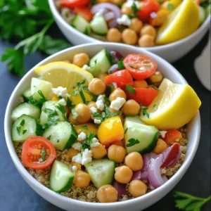 To make these bowls, you need simple, fresh ingredients. Here’s what you will need: - 1 cup quinoa, thoroughly rinsed - 2 cups vegetable broth or water - 1 can (15 oz) chickpeas, drained and rinsed - 1 medium cucumber, diced into bite-sized pieces - 1 cup cherry tomatoes, halved - ½ medium red onion, finely chopped - 1 bell pepper (any color), diced - ½ cup Kalamata olives, sliced in half - ¼ cup fresh parsley, finely chopped - 1 teaspoon dried oregano - Juice of 1 fresh lemon - 3 tablespoons extra virgin olive oil - Salt and pepper to taste - Crumbled feta cheese (optional, for garnish) These ingredients blend well and create a colorful dish. The chickpeas and quinoa add protein, while veggies add crunch. You can switch out some fresh ingredients if you cannot find them. Here are some ideas: - Use canned beans instead of chickpeas. Black beans work well. - Substitute any bell pepper with your favorite type. - Swap cucumber for diced zucchini or carrot. - Change cherry tomatoes to diced regular tomatoes. - Fresh parsley can be replaced with cilantro for a different taste. These swaps keep the dish fresh and fun, while still offering great flavor. Garnishes can take your bowls to the next level. Here are some tasty options: - Crumbled feta cheese adds a creamy touch. - A sprinkle of sesame seeds gives a nice crunch. - Sliced avocado adds creaminess and healthy fats. - A drizzle of balsamic glaze adds a sweet finish. - Fresh herbs, like mint or basil, make it bright and fresh. Choose any garnishes you enjoy to make your meal special. To cook quinoa perfectly, start by rinsing it well. This helps remove any bitter taste. In a medium pot, mix 1 cup of quinoa with 2 cups of vegetable broth or water. Place it over medium heat and bring it to a boil. Once it boils, reduce the heat to low and cover the pot. Let it simmer for 15 minutes. After that, remove it from heat and let it sit for 5 more minutes. Fluff the quinoa gently with a fork. This step makes the grains light and fluffy. In a large bowl, combine the drained chickpeas, diced cucumber, halved cherry tomatoes, finely chopped red onion, diced bell pepper, sliced Kalamata olives, and freshly chopped parsley. Mix gently. You want all the veggies to blend well without squishing them. This mix adds color and crunch to your bowl. For the dressing, take a small bowl and whisk together the juice of one lemon, 3 tablespoons of extra virgin olive oil, and 1 teaspoon of dried oregano. Add a pinch of salt and pepper to taste. Taste the dressing and adjust the seasoning if needed. This dressing brings tangy flavor that brightens the dish. Now, you are ready to combine everything! Drizzle the dressing over the vegetable mix and toss gently. Serve the quinoa in bowls, topped with the chickpea mix. Enjoy your fresh and vibrant Mediterranean Chickpea Quinoa Bowls! To cook quinoa well, start by rinsing it. This step removes the bitter coating. Use a medium pot and combine one cup of quinoa with two cups of vegetable broth or water. Set the heat to medium and bring it to a boil. Once it boils, lower the heat and cover the pot. Let it simmer for about 15 minutes. After that, turn off the heat and let it sit for five minutes with the lid on. Fluff it gently with a fork. This method ensures fluffy, perfectly cooked quinoa. When serving your bowls, make them look appealing. Begin with a scoop of fluffy quinoa at the base. Then, add a generous portion of the chickpea and vegetable mix on top. To enhance the look, consider using lemon wedges on the side. This gives a bright touch and allows guests to add some citrus. You can also sprinkle fresh parsley on top or drizzle extra olive oil for a vibrant finish. These Mediterranean bowls can pair well with many sides. Consider serving them with warm pita bread for a classic touch. A side of tzatziki sauce adds a creamy element that complements the dish. You can also enjoy them with grilled vegetables for a hearty meal. Feel free to mix and match to suit your taste and make the meal your own. {{image_4}} You can easily make this dish vegan and gluten-free. The base of quinoa and chickpeas is already gluten-free. To keep it vegan, skip the feta cheese. You can also add avocado for a creamy texture. Fresh herbs like basil or mint can add flavor too. Use your favorite plant-based dressing, like tahini, for a new twist. If you're looking to add protein, grilled chicken works great. Simply season the chicken with lemon juice, salt, and pepper, then grill until cooked. For a plant-based option, try cubed tofu. Marinate the tofu in the same dressing and bake or pan-fry until golden. This adds heartiness to your bowl and keeps it filling. You can change the veggies based on the season. In summer, add zucchini or corn for sweetness. In fall, roasted sweet potatoes bring warmth and flavor. Winter could use kale or spinach for extra greens. Always aim for fresh, local produce to enhance the taste and nutrition of your bowl. Each season brings new flavors and colors to your Mediterranean chickpea quinoa bowls! To keep your Mediterranean Chickpea Quinoa Bowls fresh, store them in airtight containers. This prevents air from spoiling the food. Place the quinoa and chickpea mixture in separate containers. This way, the flavors stay fresh. If you add feta, keep it in a different container. Store the bowls in the fridge for the best results. When you’re ready to enjoy leftovers, take out the quinoa and chickpeas. Reheat them in the microwave. Use a microwave-safe bowl and cover it to keep moisture in. Heat in short bursts. Stir between each burst for even warming. If you want to enjoy it cold, add a splash of lemon juice to brighten the flavors. The quinoa can last up to five days in the fridge. The chickpea mixture also stays fresh for about five days. If you store the dressing separately, it can last a week. Just remember, the fresher the ingredients, the better the taste. Always check for any signs of spoilage before eating. Yes, you can make these bowls ahead of time. Prepare the quinoa and chickpea mix in advance. Store them separately in airtight containers. When you are ready to eat, just combine them and add the dressing. This way, the flavors will still shine bright! Chickpeas are rich in protein and fiber. They help keep you full and satisfied. They also support heart health and digestion. Quinoa is a complete protein, meaning it has all nine essential amino acids. It is also gluten-free, making it great for many diets. Together, they make a nutritious meal that fuels your body. You can easily change this recipe to match your taste. Try different veggies like spinach or carrots. You can also swap chickpeas for black beans or lentils. Add spices like cumin or paprika for a kick. For creaminess, you might add avocado or tahini. The options are endless! Mediterranean Chickpea Quinoa Bowls are easy to make and delicious. We covered key ingredients, cooking tips, and storage. These bowls are versatile and can fit your tastes. Use the tips to impress at meals. You can make them ahead and enjoy their health benefits. Try adding proteins or seasonal veggies for fun. This dish shines in flavor and nutrition, making it a great choice for any meal. Enjoy creating your own bowl masterpiece!