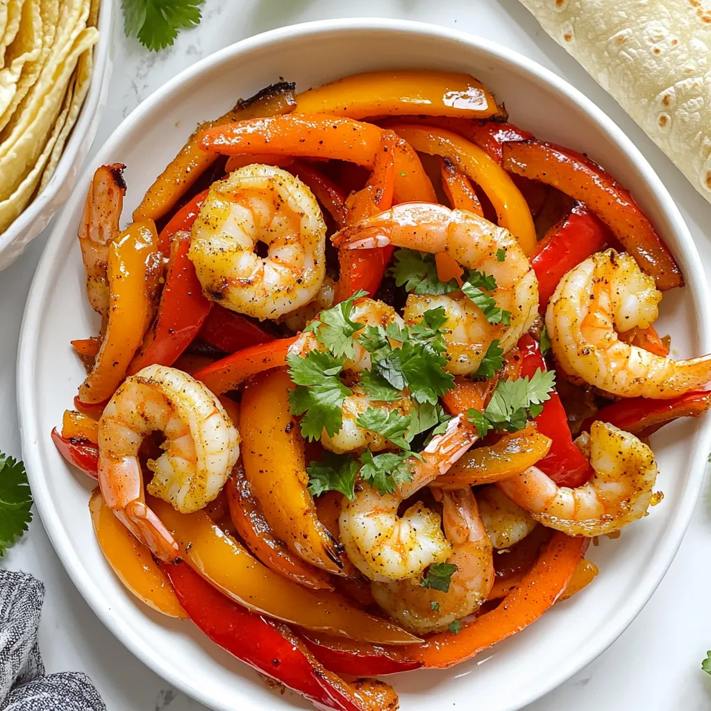 - 1 pound shrimp, peeled and deveined - 1 red bell pepper, thinly sliced - 1 yellow bell pepper, thinly sliced - 1 red onion, thinly sliced - 3 tablespoons olive oil - 2 tablespoons chili powder - 1 tablespoon ground cumin - 1 teaspoon garlic powder - Zest and juice of 2 fresh limes - Salt and black pepper to taste The shrimp is the star of this dish. It cooks quickly and soaks up all the flavors. I always choose fresh shrimp for the best taste. Bell peppers and onion add sweetness and crunch. The colors make the dish look amazing, too. Olive oil helps the spices stick and adds richness. Chili powder and cumin bring heat and depth. Garlic powder adds a savory punch. Lime zest and juice give a bright, tangy flavor. Salt and pepper enhance all these tastes. - Corn tortillas, warmed, for serving - Fresh cilantro, chopped, for garnish Warm corn tortillas are perfect for wrapping the fajitas. They add a soft texture. Fresh cilantro gives a pop of color and a fresh taste. You can also add lime wedges for squeezing. These little touches make each bite better. - Mixing bowl - Sheet pan - Oven You need a mixing bowl to combine the shrimp and veggies. A sheet pan is important for even cooking. The oven should be hot enough to roast the ingredients quickly. This setup makes the cooking process simple and efficient. Set your oven to 400°F (200°C). This temperature helps roast the shrimp and veggies to perfection. In a large mixing bowl, combine 1 pound of peeled shrimp, 1 thinly sliced red bell pepper, 1 thinly sliced yellow bell pepper, and 1 thinly sliced red onion. Toss them lightly to mix. This step ensures every bite is full of flavor. In a small bowl, whisk together 3 tablespoons of olive oil, 2 tablespoons of chili powder, 1 tablespoon of ground cumin, 1 teaspoon of garlic powder, the zest of 2 limes, and the juice of those limes. Add salt and black pepper to taste. This marinade will give your dish a zesty kick. Drizzle the marinade over the shrimp and vegetable mix. Toss everything well, so each piece gets coated. Spread the mixture in a single layer on a large sheet pan. This helps them cook evenly. Bake for 15-20 minutes. The shrimp will turn pink, and the veggies will get tender and slightly charred. After baking, let the pan cool for a minute. Serve the chili lime shrimp and veggies on warm corn tortillas. Garnish with fresh chopped cilantro for extra flavor and color. Enjoy your delicious fajitas! How to ensure perfect shrimp texture To get tender shrimp, cook them just right. They should turn pink and opaque. Overcooking makes shrimp rubbery. Watch them closely during baking. Best practices for roasting veggies Slice bell peppers and onions thinly for even cooking. Toss them with olive oil and spices before roasting. Spread them out on the sheet pan. This helps them caramelize and get that nice char. Complementary sides and dips Serve your fajitas with fresh guacamole or a tangy salsa. These dips add flavor and texture. You can also pair them with a crisp salad or rice for a complete meal. Presentation ideas for a vibrant display Use a colorful platter to showcase your fajitas. Arrange the shrimp and veggies neatly. Add lime wedges around the platter for squeezing. A small bowl of salsa or guacamole makes it even more inviting. What to do if shrimp is overcooked If your shrimp is overcooked, there’s no saving them. They become tough and chewy. Next time, check them at the 10-minute mark to ensure they stay tender. Adjusting spice levels to your preference If you like your fajitas spicier, add more chili powder. For milder flavor, reduce the spices. Don't forget to taste your marinade before adding it to the shrimp and veggies. {{image_4}} You can switch out the shrimp for other proteins. Chicken works well and adds heartiness. Tofu is a great plant-based option. Both choices soak up the chili lime flavors nicely. For veggies, feel free to get creative. Try zucchini, mushrooms, or even corn. Each adds its own taste and texture. Mix and match to find your favorite combo! If you want to change the taste, add new spices. For a kick, you can use smoked paprika or cayenne pepper. They bring heat and depth. If you prefer a sweeter vibe, try cumin and coriander. You can also explore different culinary styles. Use Caribbean spices like allspice and thyme for a tropical flair. This twist will give your fajitas an exciting new taste. For gluten-free options, use corn tortillas. They are easy to find and delicious. Just check the label to ensure they meet your needs. If you're watching carbs, skip the tortillas. Instead, serve your fajita mix over a bed of lettuce. This keeps it light and fresh without losing flavor. To keep your chili lime shrimp fajitas fresh, store leftovers in the fridge. Use an airtight container to prevent moisture loss. They can last up to three days. Make sure the shrimp and veggies cool down before sealing the container. This helps maintain their flavor and texture. When ready to enjoy leftovers, reheat them in a pan over medium heat. This method warms the dish evenly and keeps the shrimp tender. Stir occasionally to avoid sticking. You can also use a microwave, but be careful. Heat in short bursts to keep the shrimp from overcooking. If you need to freeze your fajitas, place the shrimp and veggies in a freezer-safe bag. Remove as much air as possible to prevent freezer burn. They can last for about three months in the freezer. When you want to eat them, thaw overnight in the fridge. Then, reheat in a pan for the best texture. Yes, you can prepare the shrimp fajitas ahead of time. Start by cutting the veggies and marinating the shrimp. Store them in the fridge for up to 24 hours. This saves time and makes cooking easier later. When ready, just bake them as directed. Shrimp fajitas can stay fresh in the fridge for about 3 days. Store them in an airtight container. Always check for any off smells or changes in color before eating. If unsure, it’s best to throw it away for safety. Yes, frozen shrimp works well for this dish. Just thaw them in the fridge overnight or in cold water for about 30 minutes. Make sure they are peeled and deveined before use. Cooking time may be slightly longer, so keep an eye on them. Serve your fajitas with warm corn tortillas. Add sides like rice, beans, or a fresh salad. For drinks, try a light beer, lemonade, or a refreshing margarita. They pair well with the zesty flavors of the shrimp. In this blog post, we explored how to make delicious shrimp fajitas. We covered the main ingredients, like shrimp and bell peppers, and shared tips for perfect cooking. I shared step-by-step instructions for making and baking the fajitas. You learned about variations and storage tips to keep your dish fresh. Fajitas are fun, easy, and customizable. Try new flavors to make them your own! Enjoy the tasty experience.