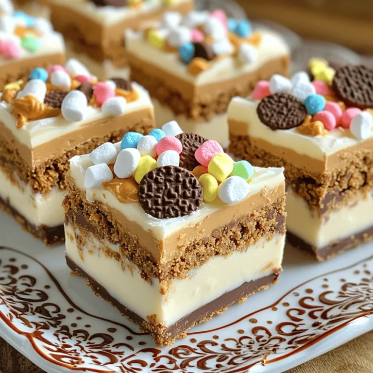 - 1 cup cookie crumbs (made from chocolate sandwich cookies) - 1 cup creamy peanut butter - 1 cup sweetened condensed milk - 1 ½ cups white chocolate chips - 1 teaspoon vanilla extract - ½ cup crushed chocolate sandwich cookies (for topping) - ¼ cup mini marshmallows (optional, for added texture) To make these fudge bars, gather your ingredients first. You need cookie crumbs made from chocolate sandwich cookies. You can crush these cookies in a bag or use a food processor. Creamy peanut butter adds richness. Sweetened condensed milk gives the fudge a sweet touch. White chocolate chips bring a creamy texture. Don’t forget the vanilla extract for flavor. For toppings, use crushed chocolate sandwich cookies. If you like, add mini marshmallows for extra fun. These simple ingredients come together to create a treat that is both easy and delicious. Enjoy making these fudge bars! First, grab your 8x8 inch baking dish. Line it with parchment paper. Leave some paper hanging over the sides. This makes it easy to lift the fudge out later. You want to be able to remove it without mess. In a large mixing bowl, combine 1 cup of cookie crumbs with 1 cup of creamy peanut butter. Mix them well until you have a smooth, uniform blend. Now, add in 1 cup of sweetened condensed milk. Stir continuously until everything blends nicely. Next, let’s melt 1 ½ cups of white chocolate chips. Place them in a microwave-safe bowl. Microwave them for 30 seconds at a time, stirring in between. Keep doing this until the chocolate is fully melted and smooth. Pour the melted white chocolate into the cookie mixture. Don’t forget to add 1 teaspoon of vanilla extract. Stir everything together until it is evenly mixed. Now, if you want extra fun, fold in ¼ cup of mini marshmallows and ½ cup of crushed chocolate sandwich cookies. Be gentle; you don’t want to break them too much. Transfer the fudge mixture into your lined baking dish. Use a spatula to spread it evenly. For a nice finish, sprinkle more crushed cookies on top. Press them in lightly so they stick. Place the dish in the refrigerator. Let it chill for at least 3 hours. You want it to be firm to the touch. Once it is set, use the parchment paper to lift the fudge out. Cut it into 16 bars for serving. Enjoy your sweet treat! To get the best fudge bars, focus on the smoothness of the mixture. Start with well-blended cookie crumbs and peanut butter. Mix until the texture is uniform. When you add sweetened condensed milk, stir until it is fully combined. This step is key for a creamy bar. Chilling time is also very important. Place your dish in the refrigerator for at least three hours. This helps the fudge set properly. If you skip this step, your bars may not hold together well. Trust me, patience pays off here! To keep your fudge bars fresh, store them in an airtight container. This helps prevent them from drying out. You can also layer them with parchment paper. It stops them from sticking together. For the best results, use a container that fits your fudge tightly. This keeps air out and maintains their soft texture. If you want to freeze them, wrap each bar in plastic wrap. Then place them in a freezer-safe bag. When serving, make your fudge bars look great! Arrange them on a pretty platter. Add whole chocolate sandwich cookies for a fun touch. For a sweet finish, drizzle melted white chocolate over the top. Pair these fudge bars with cold milk or coffee. The rich flavors work well with both drinks. You can even serve them at parties or gatherings. Everyone will love the tasty treat! {{image_4}} You can make these fudge bars even better! Try adding nuts like walnuts or pecans. They add a nice crunch and flavor. You can also use different types of chocolate. Dark chocolate chips offer a rich taste, while milk chocolate is sweeter. You can switch up the cookies for the crust too. Use mint cookies for a fresh twist or vanilla cookies for a lighter base. Each change gives a new and exciting flavor! If you need gluten-free options, use gluten-free chocolate sandwich cookies. This simple swap keeps the taste while making it safe for those with gluten allergies. For nut allergies, use sun butter instead of peanut butter. It has a similar smoothness and works well in this recipe. You can also skip the nuts and still enjoy the fudge bars. These changes let everyone enjoy the treat! Each serving of these cookies and cream fudge bars has about 200 calories. This number can vary based on exact ingredients used. Here are some key nutritional facts: - Sugar: Approximately 18 grams - Fat: Roughly 10 grams - Protein: About 4 grams These bars pack a sweet punch, thanks to the chocolate cookies and creamy peanut butter. When enjoying these fudge bars, it's wise to think about portion control. One bar is enough to satisfy your sweet tooth without overindulging. To make your dessert more balanced, consider adding fruits or nuts. Fresh berries or sliced bananas can add freshness. Nuts will give a nice crunch and some healthy fats. You will know the fudge is set when it feels firm to the touch. After chilling for at least 3 hours, check the edges first. If they are no longer sticky, that's a good sign. You can also gently press the center with your finger. If it holds its shape, it's ready to cut. Yes, you can make these fudge bars in advance. They store well in the fridge for up to a week. To keep them fresh, place them in an airtight container. You can also freeze them for up to two months. Just wrap each bar in plastic wrap before freezing. Thaw them in the fridge when you want to enjoy them. You can find ready-made cookies and cream fudge bars at grocery stores and online. Brands like Trader Joe's and Target often carry these treats. Check the dessert aisle or the freezer section. Local bakeries may also offer fresh options. Always look for a store that sells high-quality ingredients. This blog post covers everything you need for delicious fudge bars. We explored key ingredients, like cookie crumbs and creamy peanut butter, and detailed each baking step. I shared tips for perfect texture and storage methods to keep your fudge fresh. You also learned about fun flavor variations and nutritional insights. Now, enjoy making these tasty treats. They are easy, fun, and always a hit! Happy baking!