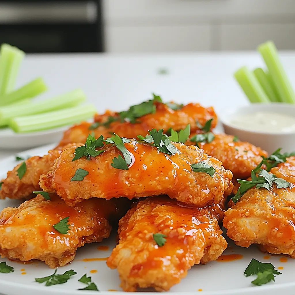 - 1 pound chicken tenderloins - 1 cup buttermilk (or 1 cup milk mixed with 1 tablespoon lemon juice) - 1 cup all-purpose flour - 1 teaspoon garlic powder - 1 teaspoon onion powder - 1 teaspoon smoked paprika - 1/2 teaspoon cayenne pepper (adjust for spice) - Salt and pepper to taste - 1/2 cup buffalo sauce (reserve more for tossing) - 2 tablespoons olive oil (for coating) - Fresh parsley, finely chopped (for garnish) The key to crispy buffalo chicken tenders lies in the right ingredients. Start with fresh chicken tenderloins. They cook quickly and stay juicy. Next, soak them in buttermilk. This step adds flavor and keeps the chicken tender. If you don't have buttermilk, mix milk with lemon juice. It works just as well! For the crunch, combine all-purpose flour with spices. Garlic powder and onion powder give it depth. Smoked paprika adds a nice touch of smokiness. Cayenne pepper provides heat, but adjust it to your taste. Don't forget salt and pepper to enhance the flavors. Buffalo sauce is the star here. Use a good brand or homemade sauce for the best taste. Olive oil is crucial for a crispy crust. It helps the coating brown perfectly. Finally, fresh parsley adds a pop of color. It makes the dish look even more appealing. Gather all these ingredients, and you’re ready to create a crispy delight in your air fryer! To start, I marinate the chicken in buttermilk. This helps keep the chicken juicy and adds flavor. I put the chicken tenderloins in a bowl and pour in the buttermilk. I make sure they are fully covered. I cover the bowl with plastic wrap and place it in the fridge. Let it sit for at least 30 minutes, but no more than 2 hours. After that, I take the chicken out and let the excess buttermilk drip off. Next, I prepare the coating. I combine the flour, garlic powder, onion powder, smoked paprika, cayenne pepper, salt, and pepper in a separate bowl. I whisk these together until well mixed. This seasoned flour creates a tasty crust. I take each chicken tenderloin and dredge it in the flour mix. I coat it well and shake off any extra flour to keep it from clumping. Now, I preheat the air fryer. I set it to 400°F (200°C) for about 5 minutes. This step is key for a crispy finish. I then lightly spray the air fryer basket with cooking spray or brush it with olive oil. I arrange the chicken tenders in a single layer in the basket. I make sure they are not crowded. This allows for even cooking. I give the tops a light spray of olive oil for extra crunch. I cook the chicken tenders for 10 to 12 minutes. At the halfway mark, I flip them over for even browning. The chicken is ready when it is golden brown and reaches an internal temperature of 165°F (74°C). I always check with a meat thermometer to be sure. Once the tenders are done, I transfer them to a clean bowl. I drizzle buffalo sauce over the hot tenders. I toss them gently to coat every piece. I like to adjust the sauce to my taste, adding more if I want extra heat. The result is a plate full of spicy, crispy goodness. Marinating the chicken is key to great flavor. For the best taste and tenderness, soak the chicken in buttermilk for at least 30 minutes. You can marinate it for up to 2 hours for an even richer flavor. If you want variety, try using yogurt or a mix of soy sauce and honey for your marinade. Both options add unique flavors. To make your tenders crispy, preheat your air fryer to 400°F (200°C) for about 5 minutes. This step helps seal in moisture and gives a nice crunch. Also, avoid overcrowding the basket. Cook in a single layer. This ensures even cooking and helps the tenders become crispy on all sides. Buffalo chicken tenders pair well with crunchy celery sticks and creamy ranch or blue cheese dressing. These sides help balance the spice. For a fun presentation, serve the tenders on a rustic wooden platter. You can also use small bowls for a more elegant look. Garnishing with fresh parsley adds a vibrant touch. Enjoy sharing these tasty bites! {{image_4}} To kick up the heat, add more cayenne or hot sauce. You can adjust the spice level in two easy ways. First, increase the cayenne pepper in the flour mixture. Start with an extra 1/4 teaspoon and taste. If you want more heat, add more! Second, drizzle extra hot sauce over the tenders after tossing in buffalo sauce. This adds a zesty kick that spice lovers will adore. If you need a gluten-free option, swap all-purpose flour for gluten-free flour. Brands like almond flour or coconut flour work great. Use the same amount as regular flour, but check the texture. You may need to add a bit more liquid to the mix. This keeps the tenders moist and tasty while avoiding gluten. For a twist on flavor, try adding other seasonings. Mix in some Italian herbs like oregano or basil for a unique taste. You can even add a hint of ranch seasoning to the flour mix. This gives your chicken a whole new vibe. Remember, the key is to experiment and find your favorite blend! To keep your buffalo chicken tenders fresh, allow them to cool down. Place them in an airtight container. Make sure to separate layers with parchment paper to avoid sticking. This method helps maintain their crunch. For the best results, reheat the tenders in the air fryer. Set it to 350°F (175°C) for about 5-7 minutes. This keeps them crispy. You can also use a conventional oven at the same temperature. Avoid the microwave; it can make them soggy. Buffalo chicken tenders can last up to 3 days in the fridge. If you freeze them, they can stay good for up to 3 months. Just make sure to store them in a freezer-safe bag. Always label the bag with the date for easy tracking. Yes, you can use frozen chicken tenderloins. First, thaw them completely. This takes about 24 hours in the fridge. Once thawed, follow the same marinating steps. If you cook them straight from frozen, add a few extra minutes to the cooking time. Make sure to check that the chicken reaches 165°F (74°C) inside. Many sauces work great with buffalo chicken tenders. Here are a few tasty options: - Ranch dressing - Blue cheese dressing - Honey mustard - Garlic aioli - Creamy sriracha sauce These sauces enhance the spicy flavor and add a cool touch. Making buffalo sauce is easy and fun! Here’s a simple recipe: 1. In a small bowl, mix together: - 1/2 cup hot sauce (like Frank’s RedHot) - 1/4 cup melted butter - 1 tablespoon white vinegar - 1/4 teaspoon garlic powder 2. Stir until it’s well combined. 3. Adjust the heat by adding more hot sauce if you like it spicier. This sauce is perfect for tossing your cooked chicken tenders! Yes, you can bake these tenders! Preheat your oven to 425°F (220°C). After coating the chicken, place them on a baking sheet lined with parchment paper. Bake for 20-25 minutes, flipping them halfway. Just like in the air fryer, ensure they reach an internal temperature of 165°F (74°C). Enjoy the same crispy delight! In this article, we explored how to make delicious buffalo chicken tenders. We covered important ingredients like chicken tenderloins, buttermilk, and spices. I shared easy steps for preparation, coating, and air frying for perfect crunch. You learned tips for marinating and serving, plus variations to try. Remember, practice brings skill. Don't hesitate to experiment with flavors and temperatures. Enjoy making these tasty tenders for friends or family at your next meal!