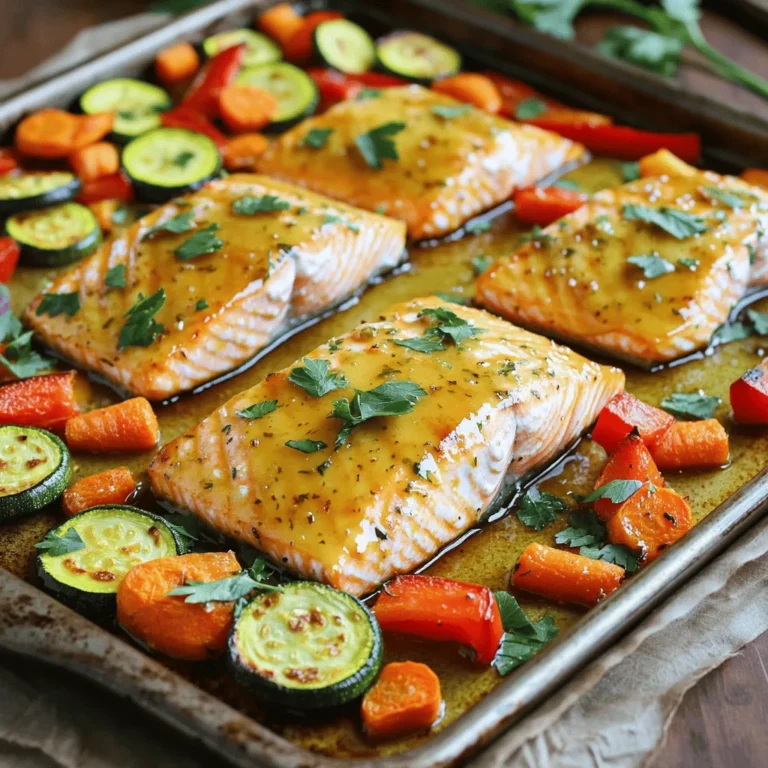 - 4 salmon fillets - 1/4 cup pure maple syrup - 2 tablespoons soy sauce (or tamari) - 1 tablespoon Dijon mustard - 1 teaspoon garlic powder - 1 teaspoon onion powder - 1/2 teaspoon black pepper - 1 medium zucchini, sliced into half-moons - 1 red bell pepper, chopped into bite-sized pieces - 1 cup baby carrots, whole or halved if large - 1 tablespoon olive oil - 1 tablespoon fresh parsley, finely chopped - Lemon wedges When I cook this dish, I love starting with fresh ingredients. The salmon is the star here. It is rich in flavor and packed with nutrients. The maple syrup adds a sweet touch. Use pure maple syrup for the best taste. The soy sauce or tamari gives it a savory kick. Dijon mustard adds a nice tang. I also enjoy using garlic and onion powders. They bring depth to the glaze. Black pepper gives a little heat. The veggies are just as important. Zucchini, red bell pepper, and baby carrots add color and crunch. These vegetables roast well and soak up the glaze. For garnish, I drizzle olive oil over the veggies. This helps them crisp up nicely. Fresh parsley brightens the plate. A squeeze of lemon adds zest and freshness. This dish is not just tasty; it looks beautiful too! Preheating your oven is key. It helps cook the salmon evenly. Set your oven to 400°F (200°C). This temperature works best for roasting. To make the maple glaze, mix the following: - 1/4 cup pure maple syrup - 2 tablespoons soy sauce (or tamari) - 1 tablespoon Dijon mustard - 1 teaspoon garlic powder - 1 teaspoon onion powder - 1/2 teaspoon black pepper Whisk these ingredients together in a bowl. You want a smooth and thick glaze. This adds great flavor to the salmon. For the vegetables, use: - 1 medium zucchini, sliced into half-moons - 1 red bell pepper, chopped into small pieces - 1 cup baby carrots, whole or halved Spread the veggies out on a large sheet pan. Drizzle 1 tablespoon olive oil over them. Toss the veggies by hand to coat them well. Make sure they are in a single layer to roast evenly. Now it's time for the salmon. Place 4 salmon fillets on the veggies. Make space for each piece. Pour half of the maple glaze over the salmon. Ensure each fillet is covered well. Put the sheet pan in the preheated oven. Bake for 15 minutes. This cooks the salmon and veggies perfectly. After baking, remove the pan and brush the rest of the glaze over everything. Switch your oven to broil. Broil for 2-3 minutes. This gives the dish a nice caramelized finish. After broiling, take the pan out of the oven. Let it sit for a couple of minutes. For a beautiful touch, sprinkle fresh parsley on top. You can serve directly from the pan or plate each piece. Adding lemon wedges on the side makes it even better! To cook salmon just right, check its color. The flesh should turn from bright red to a light pink when done. Use a fork to flake it gently. If it flakes easily, it's ready. Avoid overcooking, as it can dry out. Aim for an internal temp of 145°F. Try adding more flavor with spices. You can use paprika or cumin for a kick. Fresh herbs like dill or basil can brighten the dish. Dried herbs are fine but fresh adds more taste. Don't be shy; mix and match to find what you love! Prep your veggies first. Cut them into even pieces for quick cooking. Start roasting them five minutes before adding the salmon. This way, they get tender but not mushy. Salmon cooks fast, so keep an eye on it. A total of 15-20 minutes is all you need! {{image_4}} You can change the protein if you want. Try chicken or tofu instead of salmon. Both options work great with the maple glaze. They can soak up the flavor nicely. For veggies, swap out zucchini for asparagus or broccoli. You can use any favorite vegetables. Just keep the cooking time in mind. Want to add a kick? Use spice blends like Cajun or Italian seasoning. These will change the taste of the dish. You can also squeeze fresh lemon or lime juice on top. This adds a nice bright flavor. If you like it spicy, add red pepper flakes. A little spice can go a long way. If you need a gluten-free option, use tamari instead of soy sauce. It's a great alternative. For a low-calorie meal, use less maple syrup. You can cut the amount in half if you want. This will still keep your dish sweet and tasty. Always feel free to adjust based on your needs. To store your leftovers, use airtight containers. Glass or BPA-free plastic works best. Make sure to cool the dish to room temperature before sealing. Place the containers in the fridge. Enjoy them within three days for the best taste. For reheating salmon, use the oven or a microwave. If using the oven, set it to 350°F (175°C). Place the salmon on a baking sheet and cover it with foil. Heat for about 10 minutes. This keeps the fish moist. If using a microwave, heat in short bursts. Check often to avoid overcooking. You can freeze leftovers for later use. Wrap individual portions tightly in plastic wrap. Then, place them in freezer bags. Be sure to remove as much air as possible. For thawing, place the salmon in the fridge overnight. You can also use the microwave. Just be careful not to cook it while defrosting. The best way to check salmon doneness is to use a fork. Flake the fish gently at its thickest part. If it flakes easily and is opaque, it is done. Salmon should reach an internal temperature of 145°F (63°C). You can also look for a slightly golden crust on top. This adds flavor and texture. Yes, you can use frozen salmon. Just thaw it first for even cooking. To thaw, place salmon in the fridge overnight or submerge it in cold water for about an hour. If you are short on time, you can cook it from frozen, but it may take a few extra minutes in the oven. Keep an eye on it to avoid overcooking. Some great sides for this dish include: - Quinoa or rice for a hearty base - Steamed asparagus for a fresh crunch - A simple green salad with lemon dressing - Mashed potatoes for a comforting touch These sides will complement the sweet and savory flavors of the salmon and veggies. To keep your veggies crisp, follow these tips: - Cut veggies into similar sizes for even cooking. - Toss them in olive oil before roasting. - Spread them out in a single layer on the sheet pan. - Avoid overcrowding the pan, which traps steam. - Roast at a high temperature, like 400°F (200°C), to promote browning. These steps ensure that your vegetables stay vibrant and crunchy. In this blog post, we explored how to make delicious sheet pan maple glazed salmon with veggies. We covered the key ingredients, including salmon, veggies, and the maple glaze. I shared step-by-step instructions and tips for perfecting your dish. Remember, using fresh ingredients can enhance flavors. Don’t hesitate to experiment with variations and storage tips. Now, you’re all set to create a tasty meal that impresses friends and family! Enjoy the cooking process and savor your culinary success.
