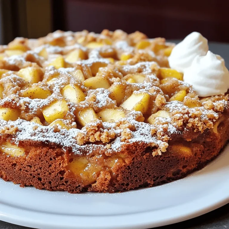 - 2 cups all-purpose flour - 1 cup granulated sugar - 1/2 cup unsalted butter, softened - 1/2 cup brown sugar, packed - 1 teaspoon baking powder - 1 teaspoon baking soda - 1 teaspoon ground cinnamon - 1/2 teaspoon salt - 1 cup sour cream - 2 large eggs - 2 cups apples, peeled and diced - 1/2 cup walnuts, chopped (optional) For the cake, choose sweet apples like Honeycrisp or Fuji. These types add great taste. You need both flours for the cake and topping. The sour cream keeps the cake moist and soft. Butter adds flavor and richness. The sugars help caramelize the cake and give it a lovely color. - 1/2 cup all-purpose flour - 1/4 cup brown sugar, packed - 1 teaspoon ground cinnamon - 1/4 cup unsalted butter, cold and cubed The crumble topping gives your cake a crunchy texture. Cold butter is key to making the crumble light. Mix it with your fingers for the best results. This topping adds a sweet and spicy layer that pairs well with the apples. Using these ingredients, you create a delicious treat that is perfect for any time of the day. Enjoy the process and the wonderful smells that fill your kitchen! 1. First, preheat your oven to 350°F (175°C). This step is key for even baking. 2. Next, prepare a 9x13 inch baking dish. Grease it well or line it with parchment paper. This helps the cake come out easily. 3. In a large bowl, cream together softened butter, granulated sugar, and brown sugar. Use a hand or stand mixer for about 3 to 4 minutes. The mix should look light and fluffy. 1. Now, add the eggs one by one. Mix well after each addition. Then, add in the sour cream and blend until smooth. 2. In another bowl, sift together flour, baking powder, baking soda, ground cinnamon, and salt. This helps the dry mix blend evenly. 1. Gradually combine the dry mix into the wet mix. Stir gently until just blended. Do not over-mix, or the cake may be dense. 2. Fold in the diced apples and chopped walnuts carefully. This ensures the apples are evenly spread. 3. Pour the batter into your prepared baking dish. Use a spatula to smooth it out evenly. 1. For the crumble topping, mix flour, brown sugar, and ground cinnamon in a medium bowl. 2. Add cold, cubed butter. Use your fingers or a pastry cutter to mix until it resembles coarse crumbs. 3. Evenly sprinkle the crumble topping over the cake batter. Make sure to cover the surface well. 1. Bake in the preheated oven for 30 to 35 minutes. 2. To test if it’s done, insert a toothpick in the center. It should come out clean or with a few moist crumbs. 3. Once done, let the cake cool in the dish for about 10 minutes. After that, transfer it to a wire rack to cool completely. - Avoiding over-mixing: When you mix the wet and dry ingredients, do it gently. Over-mixing can make your cake tough. You want a soft and fluffy texture. As soon as the flour is mixed in, stop. It’s okay if some small lumps remain. - Choosing the best apples: Sweet apples like Honeycrisp or Fuji work best. These apples add natural sweetness and great flavor. The softer varieties can turn mushy, so stick to those crisp ones to keep the cake delightful. - Presentation ideas: To make your cake look fancy, dust it with powdered sugar. A dollop of whipped cream adds charm too. You can even sprinkle extra cinnamon or add a few apple slices on top for a lovely finish. - Pairing with beverages: This cake pairs well with coffee or tea. A warm cup of cinnamon tea complements the flavors perfectly. It also works with apple cider, making it a cozy treat for fall gatherings. - Ensuring proper measuring of ingredients: Use measuring cups and spoons. Avoid packing flour tightly; this can lead to dry cake. Always spoon flour into the cup and level it off with a knife for accuracy. - Monitoring baking time: Keep an eye on your cake while it bakes. Start checking at 30 minutes. Insert a toothpick in the center. If it comes out clean or with a few crumbs, it’s done. Baking too long can dry out your cake. {{image_4}} You can switch up the fruits in this cake. Instead of apples, try pears or berries. Each fruit adds a new taste. Pears bring a soft, sweet flavor. Berries add a tart pop that pairs well with cinnamon. You can also play with nuts. If you don’t like walnuts, use pecans or almonds. These nuts add crunch and richness. For a gluten-free option, use almond flour or oat flour. These flours work well in this recipe. They keep the cake moist and tasty. If you need a dairy-free cake, swap sour cream for coconut yogurt. It adds creaminess without the dairy. You can also use vegan butter instead of regular butter. In fall, add nutmeg or cloves to enhance the spice. In spring, try adding lemon zest for a fresh taste. You can also make mini versions of this cake. Bake them in muffin tins for easy serving. These mini treats are great for parties or breakfast. To keep your cake fresh, store it in an airtight container. Cover it tightly if you don't have a container. This way, the cake will stay moist. It lasts up to three days at room temperature. If you want to keep it longer, refrigerate it for up to a week. You can freeze slices of this cake for later enjoyment. First, let the cake cool completely. Then, wrap each slice in plastic wrap. Place the wrapped slices in a freezer bag or container. For the best taste, try to eat them within three months. To thaw, remove the slice from the freezer. Place it in the fridge overnight or leave it at room temperature for a few hours. To reheat your cake, use the oven or microwave. For the oven, preheat to 350°F (175°C). Place the slice on a baking sheet, cover it with foil, and heat for about 10 minutes. This keeps it moist. If you use the microwave, heat it for about 15-20 seconds. Check to ensure it doesn’t dry out. Enjoy your warm, delicious cake! Cinnamon Apple Crumble Coffee Cake stays fresh for about 3 to 4 days when stored right. Keep it in an airtight container at room temperature. If you notice it getting dry, cover it well with plastic wrap. For longer storage, you can freeze it. Wrap slices tightly in plastic wrap, then place them in a freezer bag. This way, it can last for about 2 to 3 months. Yes, you can make this coffee cake ahead of time. Prepare the cake up to the baking step. Cover the batter and chill it in the fridge for up to 24 hours. When you are ready to bake, just take it out and let it sit for about 30 minutes. Then add the crumble topping and bake as instructed. This method saves time and makes it easy for busy mornings or gatherings. Serve the Cinnamon Apple Crumble Coffee Cake warm for the best taste. Dust it lightly with powdered sugar for a pretty look. A dollop of whipped cream adds a nice touch, too. You can also sprinkle some extra cinnamon on top or add a few apple slices for color. Pair it with coffee or tea, and enjoy a cozy treat with friends and family. Absolutely! You can use other fruits like pears, berries, or peaches in this recipe. Each fruit brings its own flavor. For example, pears add a sweet softness, while berries give a burst of tartness. Remember, you may need to adjust the sugar slightly based on the sweetness of the fruit you choose. Make sure to chop them into similar sizes for even baking. This blog post covered the key ingredients for a delicious cinnamon apple crumble coffee cake. We discussed preparation steps, tips for perfecting your cake, and tasty variations. Remember, choosing the right apples and avoiding over-mixing are crucial for success. Whether you enjoy it fresh, freeze it, or serve it with cream, this cake is sure to please. Embrace the joy of baking and explore different flavors. Happy baking!