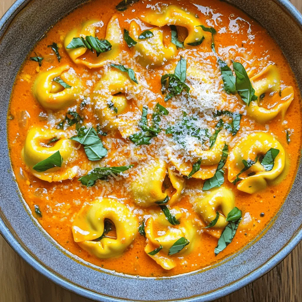 To make this dish, gather these ingredients: - 2 cups cheese tortellini (fresh or frozen) - 1 tablespoon extra virgin olive oil - 3 cloves garlic, finely minced - 1 can (15 oz) crushed tomatoes - 2 cups vegetable broth - 1 cup heavy cream - 1 teaspoon Italian seasoning blend - Salt and freshly ground black pepper to taste - 1 cup fresh basil leaves, roughly chopped - ½ cup freshly grated Parmesan cheese - Optional: A pinch of red pepper flakes for added spice When measuring ingredients, use dry measuring cups for solids and liquid measuring cups for liquids. For herbs, like basil, pack them lightly in the cup for better accuracy. Use a scale for cheese and tortellini to ensure you get the right amount. I love using Barilla for tortellini; it has great flavor. For canned tomatoes, Muir Glen offers rich and tasty options. For heavy cream, any brand from your local dairy should work well. If you're looking for Italian seasoning, McCormick’s blend is reliable and flavorful. 1. Heat the oil: Use a large pot. Add one tablespoon of olive oil over medium heat. 2. Sauté the garlic: Add three minced garlic cloves. Stir for one minute until it smells good. 3. Add tomatoes and broth: Pour in one can of crushed tomatoes and two cups of vegetable broth. 4. Season the mix: Whisk in one teaspoon of Italian seasoning, salt, and pepper. Let it simmer. 5. Cook the tortellini: Add two cups of tortellini to the pot. Cook for 5-7 minutes, stirring gently. 6. Stir in cream: Lower the heat. Mix in one cup of heavy cream until the sauce is smooth. 7. Add basil: Toss in one cup of chopped basil. Stir until the basil wilts a bit. 8. Finish with cheese: Add half a cup of grated Parmesan cheese. Stir until melted and creamy. 9. Let it rest: Remove the pot from heat. Allow it to sit for a few minutes to thicken. I recommend watching cooking videos online for a visual guide. They show each step clearly. Seeing the process can help you get the timing right. Look for videos that focus on creamy tortellini recipes. - Sautéing: Keep the garlic moving in the pan. This ensures it cooks evenly and does not burn. - Simmering: Let your sauce gently bubble. This allows flavors to blend well. - Stirring: Stir gently when adding tortellini. This keeps it from sticking to the pot. - Resting: Allowing the dish to sit helps the sauce thicken. It also enhances the flavors. When making Creamy Tomato Basil Tortellini, a few mistakes can happen. First, don’t let the garlic burn. It can taste bitter if cooked too long. Keep an eye on it and cook until just fragrant. Second, avoid overcooking the tortellini. Follow package directions closely. Overcooked pasta can turn mushy and lose texture. Finally, taste the sauce before serving. Adjust the seasoning if needed. A pinch of salt can make a big difference. To boost the flavor of your dish, consider adding a pinch of red pepper flakes. This will add a nice kick. You can also use fresh herbs. Try adding thyme or oregano along with the basil. Fresh herbs give a brighter taste than dried ones. Another tip is to finish with a drizzle of high-quality olive oil. This adds richness and depth to the dish. Lastly, don’t skip the freshly grated Parmesan cheese. It adds creaminess and umami. For this recipe, you need a large pot. A heavy-bottomed pot works best, as it heats evenly. You’ll also need a sturdy wooden spoon for stirring. A whisk is helpful for mixing the broth and seasoning. Lastly, have a sharp knife and cutting board ready for chopping the garlic and basil. Using the right tools makes cooking easier and more enjoyable. {{image_4}} You can use many types of tortellini in this dish. Cheese tortellini is classic, but you can also try spinach or mushroom-filled ones. Each option adds a unique taste. If you want more protein, look for tortellini filled with chicken or even sausage. These choices will change the dish's flavor and texture, making it new and exciting. To make this dish vegan, swap the heavy cream with coconut milk or cashew cream. Use a dairy-free cheese to replace the Parmesan. For gluten-free needs, choose gluten-free tortellini. They are widely available and taste great too. These changes keep the meal creamy and delicious without losing the fun. You can add different herbs for a new twist. Try oregano or thyme for a different taste. For more heat, add more red pepper flakes. You can also include veggies like spinach or zucchini. Just toss them in during the cooking process. Each addition brings new life to your creamy tomato basil tortellini. To store leftover creamy tortellini, first let it cool. Then, place it in an airtight container. This keeps the dish fresh and tasty. Store it in the fridge for up to three days. If you want to enjoy it later, freezing is a good option. When you're ready to eat the leftovers, take them out of the fridge. You can reheat them on the stove. Just add a splash of water or broth to keep it creamy. Heat it over low heat, stirring often. You can also use the microwave. Heat in short bursts, stirring in between, until warm. If you want to freeze creamy tortellini, use a freezer-safe container. Leave some space at the top for expansion. It can last in the freezer for up to three months. When you’re ready to eat, thaw it overnight in the fridge. After that, reheat using the guidelines above for a quick meal. Yes, you can use frozen tortellini. Just add it directly to the pot with the sauce. You do not need to thaw it first. It will cook in the sauce as it heats up. Follow the package instructions for cooking time. This method saves time and still tastes great. To add spice, use red pepper flakes. A pinch goes a long way. You can mix it in when you add the cream. For more heat, add extra flakes to your bowl before serving. Another option is to use spicy Italian sausage instead of tortellini. This dish pairs well with a salad or garlic bread. A simple green salad adds a fresh touch. You can also serve it with crusty bread for dipping. For a drink, try a light white wine or sparkling water. Enjoy your meal! In this blog post, we explored how to make a delicious creamy tomato basil tortellini. We covered the key ingredients, cooking steps, and helpful tips to avoid mistakes. We also looked at storage methods and answered common questions. Making this dish can be simple and fun. With the right ingredients and techniques, you can impress anyone. The variations give you ways to customize your meal. Enjoy your cooking and share your tasty results!