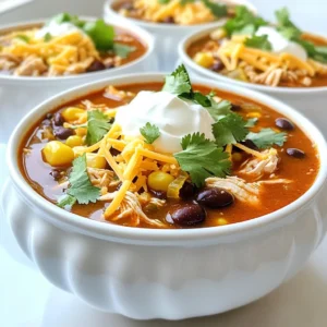 - 1 pound boneless, skinless chicken breasts - 1 can (15 oz) black beans, drained and rinsed - 1 can (15 oz) sweet corn, drained - 1 can (10 oz) zesty red enchilada sauce - 1 medium onion, finely chopped - 2 cloves garlic, minced - 1 can (14.5 oz) diced tomatoes with green chilies - 4 cups chicken broth - 1 tablespoon chili powder - 1 teaspoon ground cumin - 1 teaspoon smoked paprika - Salt and black pepper, to taste - 1 cup shredded cheddar cheese (for garnishing) - Fresh cilantro, chopped (for garnishing) - Sour cream or Greek yogurt (for a creamy garnish) - Crispy tortilla chips (for serving) You can swap chicken breasts for thighs if you prefer. They stay moist and tender. If you want a vegetarian option, use beans and extra veggies instead of chicken. For a kick, add jalapeños or hot sauce. You can choose low-sodium broth to control salt levels. If you like more sweetness, try using fire-roasted tomatoes. Fresh ingredients make a big difference. They enhance flavors and create a better dish. Fresh cilantro adds brightness. Fresh garlic packs a punch. Using good quality chicken broth gives depth. The better the ingredients, the tastier your Chicken Enchilada Soup will be. Always aim for the best quality for the best taste. First, place 1 pound of boneless, skinless chicken breasts at the bottom of your slow cooker. This chicken acts as the base for the soup. Next, in a mixing bowl, combine the following ingredients: - 1 can (15 oz) black beans, drained and rinsed - 1 can (15 oz) sweet corn, drained - 1 can (10 oz) zesty red enchilada sauce - 1 medium onion, finely chopped - 2 cloves garlic, minced - 1 can (14.5 oz) diced tomatoes with green chilies - 4 cups savory chicken broth - 1 tablespoon chili powder - 1 teaspoon ground cumin - 1 teaspoon smoked paprika - Salt and black pepper to taste Mix these well to ensure all flavors blend together. Now, pour the mixture over the chicken breasts. Make sure the chicken is well covered. Cover the slow cooker with its lid. Set it to cook on low for 6 to 7 hours or on high for 3 to 4 hours. The chicken will become tender and reach 165°F. When cooking is done, remove the chicken from the soup. Use two forks to shred it into bite-sized pieces. Return the chicken to the soup and stir well. Taste the soup and adjust the seasoning if needed. Let the soup sit on the 'warm' setting for 10 to 15 minutes. This helps all the flavors come together. To serve, ladle the soup into bowls. Garnish with: - 1 cup shredded cheddar cheese - Fresh cilantro, roughly chopped - A dollop of sour cream or Greek yogurt - Crispy tortilla chips Enjoy this easy and tasty meal! To boost the taste of your Chicken Enchilada Soup, use fresh spices. Chili powder adds warmth and depth. Ground cumin gives a nice earthiness. Smoked paprika brings a subtle smoky flavor. You can also try adding a splash of lime juice for some zest. If you like heat, add some diced jalapeños or a pinch of cayenne pepper. Each spice can transform your soup into a flavor-packed dish. For a creamy soup, ensure you use enough broth. The right amount makes the soup rich but not too thin. If the soup seems too thick, add a little more chicken broth. If you like it chunky, mash some beans with a fork. This will create a nice texture. Stir well after shredding the chicken to blend everything together. Let it sit for a while so the flavors mingle. When serving your soup, garnish it well. I love adding shredded cheddar cheese for a gooey top. Fresh cilantro gives a burst of flavor. A dollop of sour cream or Greek yogurt adds creaminess. Don't forget crispy tortilla chips for crunch. You can also serve this soup with a side of cornbread or a light salad. These pairings make the meal even better. {{image_4}} You can boost the nutrition of your Chicken Enchilada Soup by adding more vegetables. Consider using: - 1 bell pepper, chopped - 1 zucchini, diced - 1 cup chopped spinach or kale These veggies add flavor and color. Just toss them in with the other ingredients. They will cook down nicely in the slow cooker. If you like heat, spice up your soup! Here are some easy ways to add more kick: - Add 1-2 jalapeños, chopped, to the mix. - Use spicy enchilada sauce instead of the regular kind. - Sprinkle in some crushed red pepper flakes. Start with a little spice, then taste and adjust as needed. You can always add more heat! Making this soup dairy-free or vegan is simple. For a vegan version, replace: - Chicken with 1 can (15 oz) chickpeas or cooked lentils. - Chicken broth with vegetable broth. For a dairy-free garnish, skip the cheese and sour cream. Instead, top with avocado slices or a dollop of dairy-free yogurt. Enjoy a deliciously rich soup without any animal products! After enjoying your Chicken Enchilada Soup, let it cool down to room temperature. Then, transfer the soup to an airtight container. Make sure to seal it tightly to keep the soup fresh. You can store the soup in the fridge for up to four days. This way, you can easily enjoy the tasty leftovers later in the week. Freezing this soup is a great option if you want to keep it longer. First, let the soup cool completely. Then, pour it into freezer-safe bags or containers. Leave some space at the top because the soup will expand when frozen. Label the bags with the date and type of soup. You can freeze it for up to three months. When you’re ready to eat, thaw it in the fridge overnight. To reheat, use a pot on the stove over medium heat. Stir the soup gently to ensure it warms evenly. If the soup is too thick, add a splash of chicken broth or water to loosen it. You can also use the microwave. Just pour the soup into a microwave-safe bowl, cover it, and heat in one-minute intervals. Stir between each interval until it’s hot. Enjoy your delicious soup again, just like the first time! Yes, you can use frozen chicken in the slow cooker. Just remember to add a bit more time to cook it. If you use frozen chicken, cook it on low for about 8 hours. This ensures it cooks through and is safe to eat. Just make sure the chicken reaches 165°F before serving. You can store leftovers in the fridge for up to four days. Just put the soup in an airtight container. If you want to keep it longer, freeze it. Frozen soup can last for about three months. When you are ready to eat, thaw in the fridge overnight before reheating. Toppings can make your soup even better. Here are some great ideas: - Shredded cheddar cheese for creaminess - Fresh cilantro for a burst of flavor - Sour cream or Greek yogurt for a creamy touch - Crispy tortilla chips for added crunch Feel free to mix and match to find your favorite topping! You learned how to make a tasty Chicken Enchilada Soup. We covered each ingredient, cooking steps, and fun tips to boost flavors. Fresh ingredients matter for the best taste. You can adapt the recipe with various veggies or make it vegan. Proper storage keeps leftovers fresh and tasty. In closing, this soup is easy and fun to make. Enjoy experimenting with flavors and serving styles! Savor each bowl and share it with others. Happy cooking!