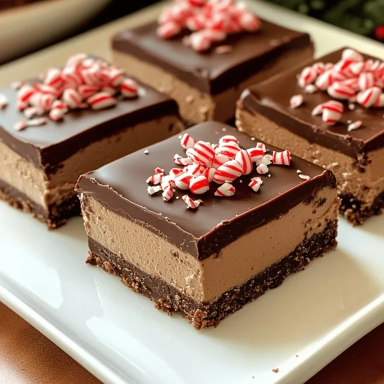 To make your No Bake Chocolate Peppermint Cheesecake Bars, gather these ingredients: - 1 ½ cups chocolate graham cracker crumbs - ½ cup unsweetened cocoa powder - ½ cup unsalted butter, melted - 1 cup cream cheese, softened to room temperature - ½ cup powdered sugar - 1 teaspoon peppermint extract - 2 cups whipped cream (or 1 tub of store-bought whipped topping) - ½ cup semi-sweet chocolate chips - Crushed peppermint candies for garnish These ingredients work together to create a rich and creamy treat. The chocolate graham cracker crumbs form a sweet base, while the cream cheese gives the bars their creamy texture. The unsweetened cocoa powder adds depth, and the peppermint extract brings that festive flavor. Whipped cream makes the filling light and fluffy. The semi-sweet chocolate chips provide a delicious drizzle, and crushed peppermint candies add a fun crunch on top. Each ingredient plays a vital role in making these bars a hit. - In a medium bowl, combine 1 ½ cups of chocolate graham cracker crumbs, ½ cup of unsweetened cocoa powder, and ½ cup of melted unsalted butter. - Mix the ingredients well with a spatula or fork. The mixture should be crumbly yet hold together when pressed. - Transfer the crust mixture into a 9x9 inch baking pan. - Use the back of a measuring cup or your fingers to press the mixture evenly into the bottom of the pan. - Place the pan in the refrigerator. This helps the crust firm up while you make the filling. - In a large mixing bowl, beat 1 cup of softened cream cheese with an electric mixer. - Continue until the cream cheese is smooth and creamy. - Gradually add ½ cup of powdered sugar and 1 teaspoon of peppermint extract to the cream cheese. - Mix well until all ingredients are fully blended and there are no lumps. - Carefully add 2 cups of whipped cream to the cream cheese mixture. - Use a spatula to gently fold in the whipped cream. Be cautious to keep the light and airy texture. - Once combined, pour the creamy cheesecake filling over the chilled crust. - Use a spatula to spread and smooth the cheesecake mixture across the surface. - Melt ½ cup of semi-sweet chocolate chips in a microwave-safe bowl. - Heat in 30-second intervals, stirring in between, until the chocolate is melted and smooth. - Drizzle the melted chocolate over the cheesecake layer using a fork or piping bag. - Return the assembled cheesecake bars to the refrigerator to chill for at least 4 hours. - This helps the filling firm up, making it easier to slice. To make your cheesecake smooth, start with softened cream cheese. Cold cream cheese makes lumps. Leave it out for about 30 minutes before mixing. This helps it blend well and gives you a nice, creamy texture. When folding in whipped cream, be gentle. Use a spatula to scoop from the bottom. This keeps the air in the whipped cream. If you mix too hard, the filling can become dense. You want it light and fluffy, just like clouds. For the best look, garnish with crushed peppermint candies. They add a festive touch and a nice crunch. You can also drizzle extra melted chocolate on top. It makes the bars even more enticing. When serving, present the bars on a pretty platter. A sprig of mint on top makes them pop. Use fun holiday-themed plates to add cheer. This small touch can make your dessert shine during any celebration. {{image_4}} You can easily change the flavor of your cheesecake bars. Instead of peppermint extract, try using vanilla or almond extract. This swap can give your bars a new twist. For a crunchy topping, consider crushed Oreos instead of peppermint candies. This adds a sweet contrast to the creamy cheesecake. You can mix and match flavors to create your own unique treat. Want to make a lighter version? You can use lower-calorie cream cheese. This keeps the rich flavor without the extra calories. For a lighter topping, substitute whipped cream with Greek yogurt. It adds creaminess while giving you a boost of protein. These changes make it easier to enjoy your dessert without guilt. To keep your no bake chocolate peppermint cheesecake bars fresh, follow these tips: - Refrigerate: Store the leftover bars in the fridge. Use an airtight container to keep them fresh. - Layering: Place parchment paper between layers if stacking. This helps to prevent sticking. Freezing these cheesecake bars is simple. Here’s how to do it: - Wrap well: First, cut the bars into squares. Wrap each piece tightly in plastic wrap. - Use containers: Place the wrapped bars in a freezer-safe container. Label it with the date. - Thawing: When you're ready to enjoy, remove a bar from the freezer. Let it thaw in the fridge for a few hours. - Serving tips: Serve chilled for the best taste and texture. Yes, you can make these cheesecake bars ahead of time. I recommend making them at least one day before you plan to serve them. This gives the flavors a chance to develop. The optimal refrigeration time is about four hours, but overnight is even better for the best taste. If you don’t have peppermint extract, you can use other options. Try using mint extract for a similar flavor. You can also use crushed peppermint candies, but they will add texture. Vanilla extract works too, but it won’t have the same minty taste. You can tell the cheesecake is set by checking a few signs. The filling should feel firm to the touch and should not jiggle. Another tip is to insert a toothpick into the center. If it comes out clean, it’s ready. Be sure to chill it long enough for a nice, firm texture. You learned how to make delicious cheesecake bars step by step. We covered the right ingredients, from chocolate graham for the crust to whipped cream for the filling. Tips on achieving the perfect texture and creative serving ideas add to your success. Whether you want to try new flavors or store leftovers, you have the info you need. Enjoy making these treats and share them with friends and family. Simple steps lead to great flavors, so get started and impress everyone with your cheesecake bars!