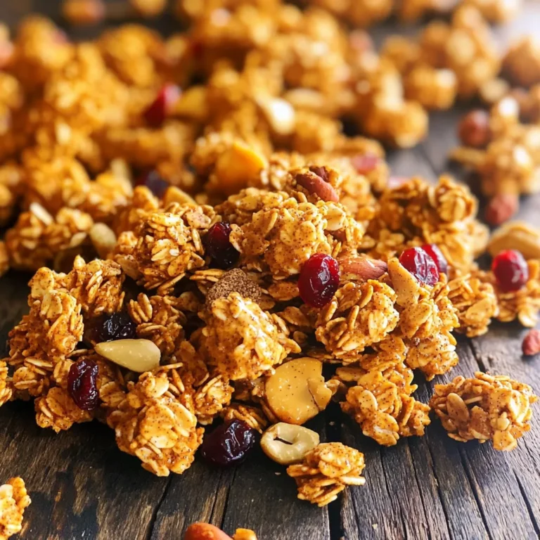 To make Pumpkin Pie Granola Clusters, you'll need these key ingredients: - 2 cups rolled oats - 1 cup pumpkin puree - 1/2 cup pure maple syrup - 1/2 cup almond butter - 1 teaspoon pure vanilla extract - 1 teaspoon pumpkin pie spice - 1/2 teaspoon fine sea salt - 1 cup mixed nuts (like almonds, pecans, walnuts) - 1/2 cup dried cranberries or raisins - 1/4 cup chia seeds Rolled oats form the base. They add crunch and fiber. Pumpkin puree gives moisture and flavor. Maple syrup sweetens the mix. Almond butter binds ingredients together and adds richness. Vanilla extract enhances the taste. Pumpkin pie spice brings warmth, while sea salt balances sweetness. Mixed nuts offer crunch, and dried fruits add sweetness and chewiness. Chia seeds boost nutrition and create a unique texture. You can easily switch out some ingredients in this recipe. For example, if you don’t have almond butter, peanut butter works well. Use honey instead of maple syrup for a different flavor. Feel free to swap nuts based on your taste. Try walnuts, hazelnuts, or even pumpkin seeds. If you don't like raisins, dried apples or apricots are great choices too. Add a scoop of protein powder for extra nutrition. You can also throw in some dark chocolate chips for a sweet treat. Choose high-quality ingredients for the best taste. Look for 100% pure maple syrup; avoid the fake stuff. Buy fresh pumpkin puree or make your own from roasted pumpkins. Use raw or lightly roasted nuts for better flavor. Check the expiration date on dried fruits to ensure freshness. When selecting spices, fresh ones add more flavor. Store spices in a cool, dark place to keep them potent. These choices will make your granola clusters taste amazing! First, preheat your oven to 350°F (175°C). This helps the granola bake evenly. Next, line a baking sheet with parchment paper. This makes cleanup easy and helps prevent sticking. In a large mixing bowl, combine the rolled oats, pumpkin puree, and pure maple syrup. Add the almond butter, pure vanilla extract, pumpkin pie spice, and fine sea salt. Use a sturdy spoon to mix until everything blends well into a sticky mass. Now, gently fold in the mixed nuts, dried cranberries, and chia seeds. This adds a nice crunch and flavor. Once mixed, it’s time to form clusters. With clean hands or a spatula, scoop the mixture and shape it into golf-ball-sized clusters. Place them on the prepared baking sheet, leaving space between each one to allow for expansion. Now, it's time to bake! Put the baking sheet in your preheated oven. Bake for 20 to 25 minutes. Keep an eye on them near the end, as they should turn golden brown. When they feel firm to the touch, they are done. After baking, carefully take the sheet out of the oven. Let the granola clusters cool completely on the sheet. They will become firmer as they cool. If any clusters are too large, break them into smaller pieces. Store them in an airtight container. They will stay fresh for up to two weeks. Enjoy your tasty pumpkin pie granola clusters! To make perfect clusters, ensure you mix well. The sticky mix helps bind your oats together. Use your hands to shape them. Form them into golf ball-sized balls. Space them out on the baking sheet. This allows the heat to circulate freely. Watch them closely as they bake. They should turn golden brown and feel firm. If you like it sweeter, add more maple syrup. You can also try honey or agave for different flavors. For a spicier kick, add more pumpkin pie spice. If you prefer less sweetness, cut back on the syrup. Taste the mixture before baking to find your perfect balance. Remember, flavors deepen as they cook. Store your granola clusters in an airtight container. This keeps them crunchy and fresh. You can keep them at room temperature for up to two weeks. If you want them to last longer, store them in the fridge. Just let them come to room temperature before eating. Enjoy your tasty snacks anytime! {{image_4}} You can easily boost the flavor of your pumpkin pie granola clusters. Try adding a pinch of nutmeg for warmth. A splash of orange zest brings a bright twist. For chocolate lovers, mix in dark chocolate chips. You can also swap the dried cranberries for chopped apples. Each choice adds a new taste to savor. Making these clusters gluten-free is simple. Just use gluten-free oats instead of regular ones. For nut-free options, you can skip the mixed nuts. Sunflower seeds or pumpkin seeds work well as a substitute. This way, everyone can enjoy this tasty treat without worries. You can change the recipe for different holidays. For Thanksgiving, add a touch of maple syrup to enhance the sweetness. During Christmas, try adding dried cherries and a hint of cinnamon. In the spring, mix in some chopped dried apricots for a fresh twist. These small changes let you celebrate each season with a new flavor. You can eat pumpkin pie granola clusters in many fun ways. First, enjoy them as a snack right out of the jar. They are crunchy and tasty! You can also sprinkle them on yogurt for breakfast. This adds a nice crunch and flavor. Try mixing them into your morning oatmeal for extra texture. You can even use them as a topping for ice cream. The clusters will add a fall twist to your dessert. These granola clusters pair well with various foods. Try them with sliced bananas or apples for a healthy treat. You can mix them into smoothies for added crunch and flavor. They also work great in granola bars. Just chop them up and add them to your favorite bar recipe. For a cozy drink, enjoy them with warm spiced cider. The flavors will remind you of autumn. To share your granola clusters, think about fun ways to present them. Use a rustic bowl or a clear glass jar. This makes a lovely display on your table. You can also package them in clear bags tied with twine for gifts. Adding a label with the recipe can make it extra special. These clusters look great on a snack table during fall gatherings or holidays. They are sure to impress your friends and family! Yes, you can use quick oats. They will change the texture. Quick oats make softer clusters. Rolled oats give a chewier bite. If you prefer a crunchier granola, stick with rolled oats. These clusters stay fresh for up to two weeks. Store them in an airtight container. Keep them at room temperature. They may lose crunch if stored too long. Yes, you can freeze the clusters. Place them in a freezer-safe bag. Remove as much air as possible. They will last up to three months in the freezer. Thaw them at room temperature before munching. You can use peanut butter instead of almond butter. Sunflower seed butter is another great choice. Each option will still give a tasty flavor. Choose what you like best! This blog post covered key details about making delicious granola clusters. We discussed essential ingredients, how to prepare and bake them, and tips for storing freshness. You learned about fun variations and creative serving ideas. In the end, with the right ingredients and simple steps, you can make tasty granola clusters. Enjoy experimenting and finding your favorite flavors. Happy cooking!