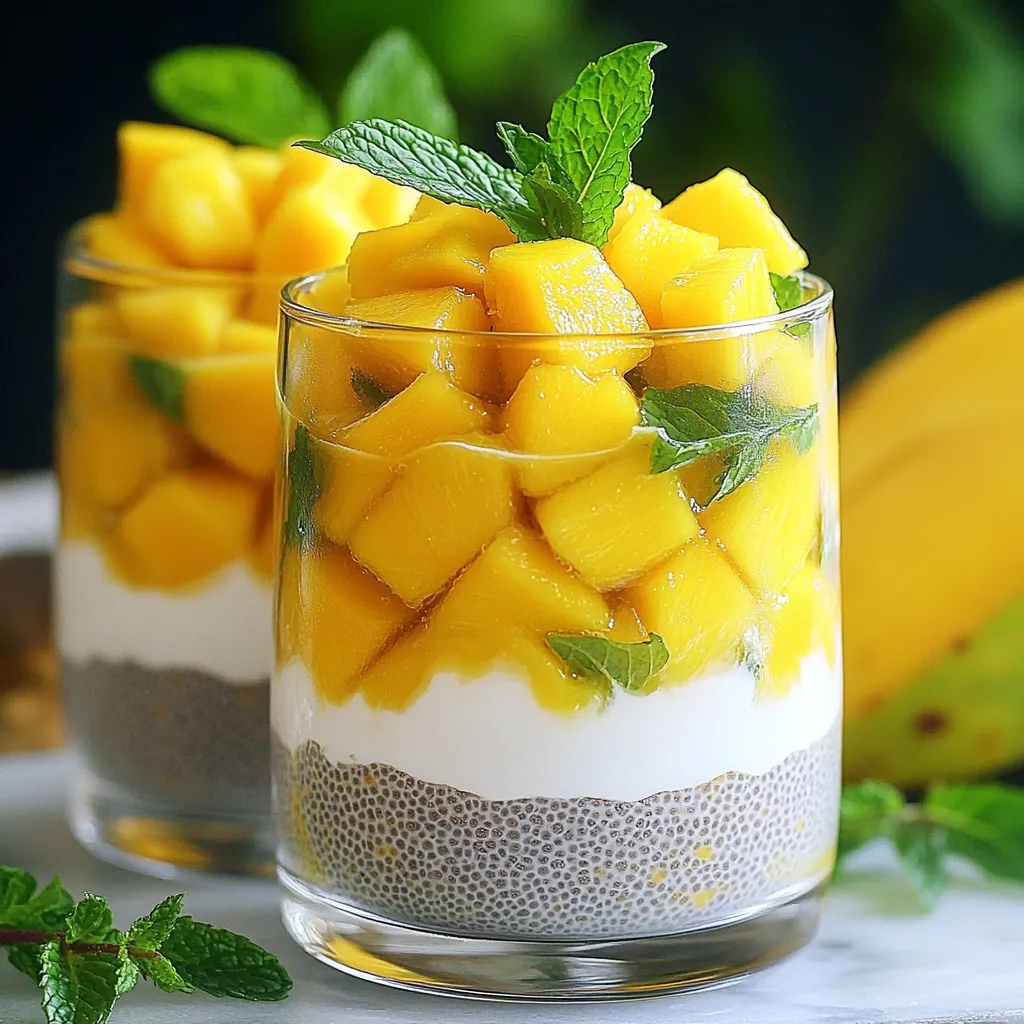 For mango coconut chia pudding, you need the following key ingredients: - 1 cup coconut milk (canned or carton) - 1/4 cup chia seeds - 2 tablespoons maple syrup (or honey) - 1 ripe mango, peeled and diced - 1/2 teaspoon pure vanilla extract - 1/4 teaspoon fine sea salt These ingredients work together to create a creamy and sweet pudding. The coconut milk adds a rich flavor, while chia seeds give it a fun texture. The mango brings a burst of freshness. You can add some fun garnishes if you like! Here are a few ideas: - Fresh mint leaves for color and flavor - Extra mango cubes for a pretty look - Shredded coconut for added texture These garnishes make the dish look special and taste even better. If you cannot find coconut milk or prefer a different flavor, try these substitutes: - Almond milk or soy milk for a lighter option - Greek yogurt for a creamier texture For sweeteners, you can use: - Agave syrup instead of maple syrup - Stevia for a low-calorie choice These swaps let you enjoy the pudding while fitting your taste or diet. Start by grabbing a large mixing bowl. Add 1 cup of coconut milk. You can use canned or carton coconut milk. Next, pour in 1/4 cup of chia seeds. These tiny seeds are packed with nutrients. Then, add 2 tablespoons of maple syrup for sweetness. If you prefer, you can swap maple syrup with honey. Don’t forget to add 1/2 teaspoon of pure vanilla extract and 1/4 teaspoon of fine sea salt. Now comes the fun part—mix it all! Use a whisk or spoon to stir well. Make sure the chia seeds spread evenly in the coconut milk. Once mixed, cover the bowl tightly with plastic wrap or a lid. Place it in the refrigerator. Let it chill for about 4 hours. If you have time, letting it sit overnight gives the best results. This allows the chia seeds to soak up the liquid. They will grow and create a creamy pudding-like texture. After chilling, take the bowl out of the fridge. Stir the mixture again to break any clumps. Your pudding should look thick and smooth now. Now, it’s time to make it pretty! Grab some serving glasses or bowls. Start with a spoonful of your chia pudding at the bottom. Next, add a layer of diced mango cubes. Make it colorful by alternating layers. Continue adding chia pudding and then more mango. Fill the glasses nearly to the top. Finish with a final layer of mango on top. For a nice touch, add some more mango cubes and fresh mint leaves. This adds a pop of color and a fresh flavor. Serve these chilled and enjoy every bite! To get the best texture, start with the right ratio of chia seeds to liquid. I use 1/4 cup of chia seeds for every cup of coconut milk. This mix gives you a thick and creamy pudding. Stir the mixture well after mixing. This prevents clumps from forming. After chilling, stir again to ensure the chia seeds are evenly spread. If you want a smoother texture, you can blend the mixture before chilling. Sweetness is a personal choice. I use 2 tablespoons of maple syrup, but you can adjust this. If you like it sweeter, add more syrup or honey. If you prefer less sweetness, reduce the amount. Always taste before serving. You can also mix in mashed banana for a natural sweetness boost. Store leftovers in an airtight container. This keeps the pudding fresh and tasty. It lasts in the fridge for up to three days. If you notice the pudding thickening too much, stir in a bit of coconut milk. This will restore its creamy texture. Always add fresh fruit just before serving for the best taste! {{image_4}} You can mix in other fruits for a fun twist. Try adding pineapple or kiwi. These fruits pair well with mango and coconut. You can also use berries for a vibrant look. Just remember to adjust the sweetness if you add tart fruits like raspberries. This recipe is already dairy-free. Use coconut milk from a carton or can. For vegan sweetness, stick with maple syrup. Honey is not vegan, so skip it if you want. You can also use agave syrup as a sweetener. To boost flavor, consider adding spices like cinnamon or nutmeg. A pinch can add warmth and depth. You can also mix in a bit of lime or lemon juice for a zesty kick. Fresh herbs like basil or mint can give a fresh touch, too. Chia seeds are small but mighty. They are packed with fiber, which helps keep you full. Fiber also aids in digestion. Chia seeds offer a good source of protein, making them great for muscle health. They are rich in omega-3 fatty acids, which are good for your heart. With their high antioxidant content, they can help fight free radicals in your body. Eating chia seeds can support healthy skin and may even boost your mood. This recipe serves four, making it easy to share. Each serving has about 200 calories. The coconut milk adds creaminess and flavor, contributing around 100 calories per serving. Chia seeds provide 60 calories. The maple syrup adds sweetness, with about 30 calories per serving. Mango, the star of this dish, has around 10 calories per serving. With fresh mint, you get minimal calories, but it adds a burst of flavor. The key nutrients in this pudding include: - Fiber: Supports digestion and fullness. - Protein: Helps build and repair muscles. - Omega-3 Fatty Acids: Promotes heart health. - Antioxidants: Protects the body from damage. - Vitamins A and C: Boosts immune health and skin health. Enjoying this pudding not only satisfies your sweet tooth but also nourishes your body with essential nutrients. Yes, you can make this pudding ahead of time. It is great for meal prep. I like to prepare it the night before. This allows the chia seeds to soak well. You can enjoy it the next day or even later in the week. I love to serve this pudding in clear glasses. It looks beautiful with layers of mango and chia. You can also top it with fresh mint leaves. This adds a nice touch and makes it look fancy. It’s perfect for brunch or as a light dessert. This dessert lasts about 3 to 5 days in the fridge. Just make sure to cover it tightly. If you notice any liquid separation, just stir it well. This keeps the pudding tasty and fresh for a longer time. Yes, frozen mango works well in this recipe. Just make sure to thaw it first. Drain any excess liquid before adding it to the pudding. This keeps the texture right and adds that fruity flavor we love. Absolutely! This recipe is naturally gluten-free. All the ingredients, like chia seeds and coconut milk, do not contain gluten. It is a safe dessert for those with gluten allergies or sensitivities. Enjoy with peace of mind! Mango Coconut Chia Pudding is easy and fun to make. We covered key ingredients, steps, and tips to get the best results. You can mix in tropical fruits and adjust sweetness to your taste. This pudding is not only tasty but also packed with nutrients from chia seeds. Enjoy presenting it beautifully and share with friends. Remember, it’s a great make-ahead dessert. I hope you try this simple recipe and enjoy all the delicious variations it can offer.