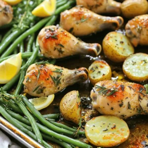 - 8 chicken drumsticks - 4 cloves garlic, finely minced - 2 tablespoons fresh rosemary, finely chopped - 2 tablespoons fresh thyme, finely chopped - 1 tablespoon fresh parsley, finely chopped - 1 pound baby potatoes, halved - 2 cups fresh green beans, trimmed Chicken drumsticks are a great choice here. They become juicy and tender when roasted. Garlic and herbs add strong flavor, making every bite delightful. The baby potatoes and green beans are colorful and nutritious. They round out the meal perfectly. - 3 tablespoons extra virgin olive oil - Juice of 1 juicy lemon - Salt and freshly ground black pepper, to taste - 1 teaspoon smoked paprika Olive oil is key. It helps the chicken and veggies cook well. Lemon juice brightens the dish, adding a fresh taste. Salt and pepper are must-haves for seasoning. Smoked paprika gives a nice depth of flavor. - Fresh herbs - Lemon wedges Adding fresh herbs as a garnish makes the dish look special. Lemon wedges give a pop of color and extra zing. You can serve these alongside for a fresh touch. - Preheat your oven to 425°F (220°C). This step is key for a crispy finish. - In a large bowl, mix 4 cloves of minced garlic, 2 tablespoons of chopped rosemary, 2 tablespoons of chopped thyme, and 1 tablespoon of chopped parsley. These herbs bring great flavor. - Add 3 tablespoons of extra virgin olive oil, juice from 1 lemon, salt, pepper, and 1 teaspoon of smoked paprika. Stir well to blend all the ingredients into a tasty marinade. - Take 8 chicken drumsticks and coat them well in the garlic herb marinade. Make sure every part is covered. - Cover the bowl. Let the chicken marinate for at least 30 minutes. For more flavor, refrigerate it for up to 1 hour. - While your chicken marinates, prepare 1 pound of halved baby potatoes. Toss them with olive oil, salt, and pepper. This adds flavor to the potatoes. - After marination, take a large baking sheet. Place the chicken drumsticks on one side and the seasoned baby potatoes on the other. - Roast everything in your preheated oven for 20 minutes. This will start cooking the chicken and soften the potatoes. - After 20 minutes, add 2 cups of trimmed green beans to the baking sheet. Drizzle olive oil over them and season with salt and pepper. - Return the baking sheet to the oven. Roast for another 20-25 minutes. The chicken needs to reach an internal temperature of 165°F (75°C). The potatoes should be golden and tender. - When done, remove the pan from the oven and let it rest for 5 minutes. This helps the flavors blend before you serve. How long should you marinate for maximum flavor? I recommend at least 30 minutes. If you can, marinate for up to one hour. This extra time helps the flavors sink in. For best practices in even seasoning, make sure to coat each drumstick well in the marinade. Use your hands or a brush to cover every inch. This ensures each bite is tasty and flavorful. How can you ensure the chicken reaches the proper internal temperature? Use a meat thermometer. The chicken should hit 165°F (75°C) to be safe to eat. Insert the thermometer into the thickest part of the drumstick for an accurate reading. To avoid overcooked vegetables, add the green beans halfway through cooking. This keeps them crisp and bright. If you toss them in too early, they might turn mushy. What are some serving suggestions? You can serve the chicken and veggies right from the baking sheet for a rustic feel. This looks great and saves on dishes! For garnishing ideas, add fresh herbs on top just before serving. Chopped parsley or thyme brightens the dish. You can also add lemon wedges for a pop of color and a zesty flavor boost. {{image_4}} You can change up the herbs in this recipe. Try using sage or oregano. These herbs give a nice twist to the dish. You can also use dried herbs if fresh ones are not available. Just use less of them since dried herbs are more potent. Adjust the flavor by mixing in some chili flakes for heat or a dash of cumin for warmth. Feel free to swap the baby potatoes and green beans with other veggies. Carrots, bell peppers, or zucchini can work well. Just remember, cooking times may change with different veggies. For example, carrots take longer, while zucchini cooks faster. Keep an eye on them to avoid overcooking. You can easily adapt this recipe for an air fryer. Cook the chicken at 375°F for about 25-30 minutes. Check for doneness using a meat thermometer. For grilling, marinate the chicken as usual. Cook it over medium heat, turning often, for about 20-25 minutes. This gives a smoky flavor that pairs well with the herbs. - Use airtight containers for best results. - Store leftovers in the fridge for up to 3 days. Proper storage keeps your chicken moist and tasty. If you’ve made a lot, divide it into smaller portions. This way, you can enjoy it again without losing flavor. - Reheat in the oven for best flavor. - Set the oven to 350°F (175°C) and warm for about 15-20 minutes. Using the oven keeps the skin crispy. If you're in a hurry, a microwave works too. Just cover the chicken with a damp paper towel to prevent it from drying out. - You can freeze the drumsticks before cooking. - Place them in a freezer-safe bag. For best taste, use them within 3 months. To cook, thaw them overnight in the fridge. After thawing, follow the original cooking instructions. This way, you’ll still get a fresh meal! You should cook chicken drumsticks at 425°F for about 40 to 45 minutes. The first 20 minutes, roast the chicken with the baby potatoes. After that, add the green beans and roast for another 20 to 25 minutes. Always check that the chicken's internal temperature is at least 165°F for safety. Yes, you can use frozen chicken drumsticks. However, you must thaw them before cooking. The best way is to place them in the fridge for a few hours or overnight. You can also use the microwave to thaw them quickly. If you cook them from frozen, increase the cooking time by about 10 to 15 minutes. Garlic herb chicken drumsticks pair well with many sides. Here are some great options: - Rice: Fluffy white rice or brown rice works well. - Salad: A fresh green salad adds crunch and freshness. - Bread: Crusty bread or dinner rolls are nice for sopping up juices. - Grilled veggies: Zucchini, bell peppers, or asparagus add color and flavor. - Pasta: A light pasta salad can complement the dish nicely. Feel free to mix and match these sides to create a meal you love! This blog post covered all you need to make garlic herb chicken drumsticks. You learned about the best ingredients and how to prepare them for great flavor. I shared tips on marinating, cooking times, and keeping your dish tasty. Don't forget optional garnishes to make your meal pop. Explore different herbs, veggies, or even air-fry your drumsticks for a twist. Follow the storage and reheating tips for leftovers. Get creative and enjoy your cooking!