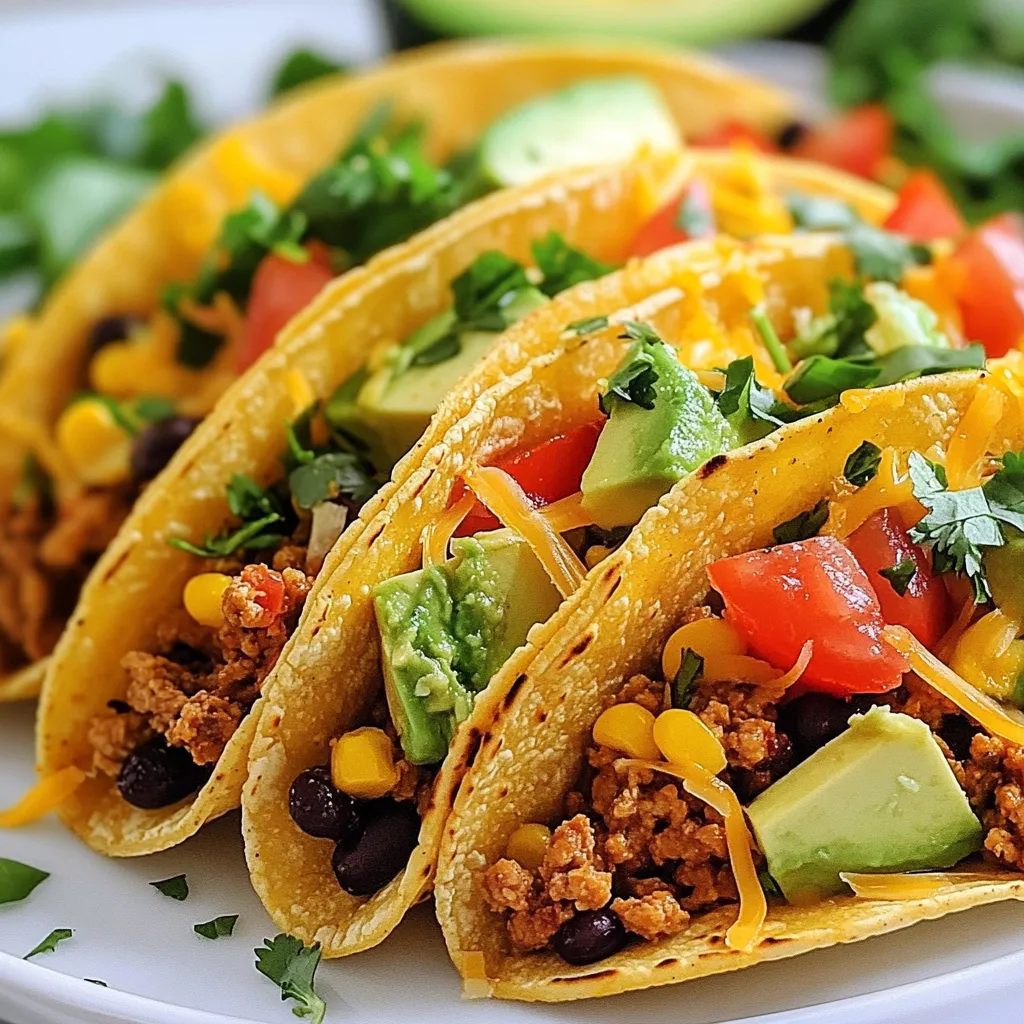 - 1 lb ground chicken - 1 tablespoon olive oil - 1 small onion, finely chopped - 2 cloves garlic, minced - 1 tablespoon taco seasoning - 1/2 cup tomato sauce - 1/2 cup corn kernels (canned or frozen) - 1 cup black beans, rinsed and drained - Salt and pepper to taste - 8 small taco shells or tortillas - Shredded lettuce - Diced tomatoes - Shredded cheese - Sour cream - Avocado slices When you make kid-approved ground chicken tacos, you need simple, tasty ingredients. Ground chicken is lean and cooks quickly. Olive oil helps to sauté the onion and garlic, giving a nice flavor. The onion adds sweetness, while garlic gives a punch. Taco seasoning brings that classic taco taste. Tomato sauce binds everything together and adds moisture. Corn is sweet and colorful, and black beans add protein and fiber. You can adjust salt and pepper based on your family's taste. For toppings, I suggest shredded lettuce for crunch, diced tomatoes for freshness, and cheese for creaminess. Sour cream adds coolness, and avocado slices give a rich texture. These toppings let kids build their own tacos, making mealtime fun! {{ingredient_image_2}} 1. Heat one tablespoon of olive oil in a large skillet over medium heat. Wait until it shimmers. 2. Add one small, finely chopped onion to the skillet. Sauté for about three to four minutes. Stir it occasionally until the onion softens and turns clear. 3. Stir in two cloves of minced garlic. Cook for one more minute until it's fragrant and slightly golden. 4. Increase the heat a bit and add one pound of ground chicken to the skillet. Use a spatula to break the meat apart as it cooks. Cook until the chicken is fully browned and no longer pink, about six to eight minutes. 5. Mix in one tablespoon of taco seasoning, half a cup of tomato sauce, half a cup of corn kernels, and one cup of rinsed and drained black beans. Stir well to combine everything. Season with salt and pepper to your taste. 6. Lower the heat to a gentle simmer and let it cook for about five minutes. This helps blend the flavors nicely. 1. While the chicken mixture simmers, warm eight small taco shells in a preheated oven or in the microwave. Follow the package instructions for best results. 1. Spoon a generous portion of the chicken mixture into each taco shell. 2. Add your favorite toppings like shredded lettuce, diced tomatoes, shredded cheese, sour cream, and creamy avocado slices. Arrange them well for a fun presentation. How to customize toppings for picky eaters Kids can be tough when it comes to food. Keep toppings simple. Offer shredded lettuce, diced tomatoes, cheese, sour cream, and avocado slices. Let them pick what they want. This turns taco night into a fun and personal experience. You can also try adding mild salsa for a little kick. Suggested sides to pair with the tacos Pair your tacos with sides that kids love. Try corn on the cob, rice, or a fresh fruit salad. These sides complement the tacos nicely. They also add color to the plate, making it more appealing. Spicing options for adults For adults, enhance flavor with spices. Add a pinch of cayenne or chili powder for heat. A splash of lime juice brightens the taste. Fresh cilantro adds an herbal note that works well too. Tips for balancing flavors with salt and acid Balancing flavors is key. Taste your taco filling and adjust salt as needed. Add more acid with lime juice or a bit of vinegar. This creates a well-rounded flavor. Remember, a little can go a long way! Pro Tips Fresh Ingredients: Using fresh vegetables and herbs can enhance the flavor and nutritional value of your tacos. Customize Your Seasoning: Feel free to adjust the amount of taco seasoning based on your family's taste preferences. Adding a pinch of cayenne can give it a nice kick! Make it a Taco Bar: Set up a taco bar with various toppings so everyone can personalize their tacos and have fun building their own. Leftover Magic: Use any leftover chicken mixture in burritos, quesadillas, or even as a topping for nachos for another delicious meal. {{image_4}} You can easily swap ground chicken for ground turkey or beef. Both options work well and taste great. Turkey is leaner, while beef brings a richer flavor. You can also add more veggies. Bell peppers, zucchini, or even spinach can boost nutrition and flavor. Just chop them finely and toss them in with the onions. If you want to change up the flavor, try different taco seasoning blends. You might find a spicy mix or a smoky one that excites your taste buds. You can also make your own taco seasoning at home. Here’s a simple recipe: - 1 tablespoon chili powder - 1 teaspoon cumin - 1 teaspoon paprika - 1 teaspoon garlic powder - 1 teaspoon onion powder - Salt and pepper to taste Mix these spices together and add them to your chicken mixture. This gives you control over the flavor and spice level. Enjoy your cooking adventure! To keep your chicken taco mixture fresh, place it in an airtight container. This will lock in moisture and flavors. You can store it in the fridge for up to three days. If you want to keep it longer, freeze the mixture. It can last in the freezer for about three months. Just remember to label the container with the date. For taco shells, keep them in their original packaging or a sealed bag. Store them in a cool, dry place. This will help keep them crisp. If the shells are already opened, use them within a week for the best taste. To reheat the chicken filling, use a skillet over medium heat. Stir it often until it's hot. You can also use the microwave. Just cover it with a damp paper towel to keep it moist. Heat it for 1-2 minutes, stirring halfway through. For taco shells, you can warm them in the oven or microwave. If using the oven, heat to 350°F and warm for about 5-7 minutes. If you use the microwave, do it for 30 seconds. This keeps the shells from getting soggy. For soft tortillas, wrap them in a damp paper towel. This way, they stay soft and warm. Yes, you can use frozen ground chicken. Just thaw it in the fridge overnight. If you're short on time, you can also use the microwave. Once thawed, cook it like fresh chicken. This way, you can make these tasty tacos quickly. Here are some great sides to pair with your tacos: - Mexican rice - Refried beans - Chips with salsa - Fresh fruit salad - Corn on the cob These sides balance well with the flavors of the tacos. They are fun and easy to prepare. To spice up the tacos, try these ideas: - Add sliced jalapeños to the chicken mixture. - Use hot taco seasoning instead of mild. - Top with spicy salsa or hot sauce. These simple changes will give your tacos a nice kick. Yes, you can prep the filling ahead of time. Make the chicken mixture and store it in an airtight container. It can stay fresh in the fridge for up to three days. When ready to eat, just reheat the filling and serve it in warm taco shells. You learned how to make tasty chicken tacos. We covered all the key parts: main ingredients, cooking the filling, and toppings. I shared tips for kids and ways to spice things up. You can even swap ingredients or get creative with toppings. Don’t forget about storing leftovers and reheating them right. Enjoy your taco night and customize it to fit everyone's taste! Cooking can be fun and easy.