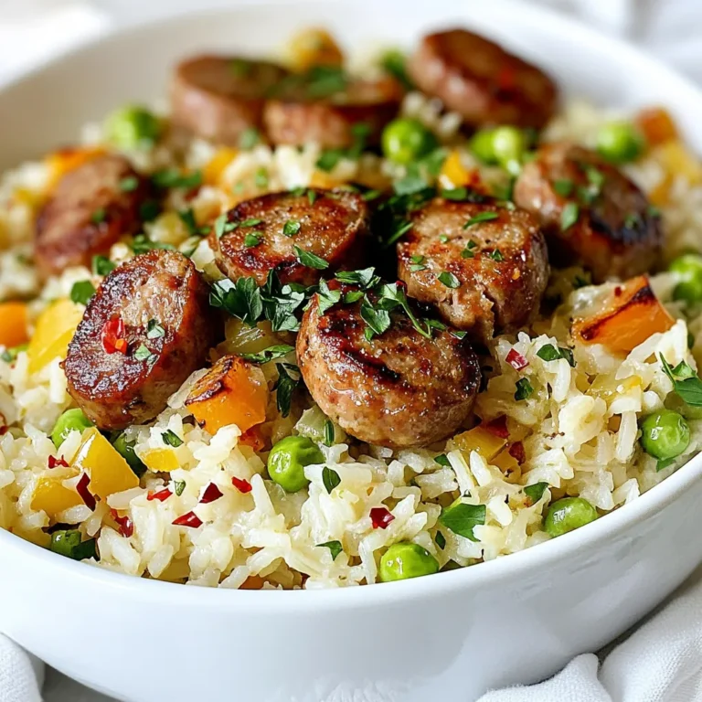 - 1 lb spicy Italian sausage, sliced into bite-sized pieces - 1 cup long-grain white rice, rinsed - 1 medium onion, finely chopped - 1 bell pepper, diced into small cubes - 1 can diced tomatoes, drained - 2 cups chicken broth, preferably low-sodium - 1 teaspoon smoked paprika - 1 teaspoon dried oregano - ½ teaspoon red pepper flakes - Salt and black pepper to taste - Fresh parsley, chopped - Additional red pepper flakes for added kick In this recipe, the main ingredients shine through simple, quality items. Spicy Italian sausage brings a bold flavor that makes the dish hearty. The long-grain white rice soaks up all the tasty juices. Using onion and bell pepper adds a sweet crunch. Diced tomatoes and chicken broth create a rich base. For seasonings, smoked paprika gives a warm, smoky taste. Dried oregano adds a touch of earthiness. Red pepper flakes provide a nice heat, but you can adjust them to suit your taste. A pinch of salt and black pepper rounds out the flavors perfectly. Don’t forget the optional garnishes! Fresh parsley adds color and freshness. A sprinkle of extra red pepper flakes can give it a spicy boost. This dish is all about balance and comfort. Enjoy cooking! {{ingredient_image_2}} - Heat 2 tablespoons of olive oil in a large pot over medium heat. - Add 1 pound of spicy Italian sausage, sliced into bite-sized pieces. Cook for 5-7 minutes. Stir often until the sausage turns brown. Remove the sausage and set it aside. - In the same pot, add 1 medium onion, finely chopped, and 1 diced bell pepper. Cook for 3-4 minutes until soft. - Next, stir in 2 cloves of minced garlic, 1 teaspoon of smoked paprika, 1 teaspoon of dried oregano, and ½ teaspoon of red pepper flakes. Cook for another minute until fragrant. - Add 1 cup of rinsed long-grain white rice to the pot. Mix well to coat the rice with the veggies and spices. - Pour in 2 cups of chicken broth and 1 can of drained diced tomatoes. Stir everything together. - Bring the pot to a rolling boil. - Once boiling, lower the heat to simmer and cover the pot tightly. Let it cook for 15-20 minutes until the rice is tender. - After simmering, gently stir in the cooked sausage and 1 cup of frozen peas. Mix until well combined. - Cover the pot again and let it sit for 5 more minutes to heat through. Taste and add salt and pepper as needed. To make your One Pot Sausage and Rice shine, focus on two main areas: spices and sausage. - Using different spices and herbs: You can swap smoked paprika for cumin or turmeric. This change will give your dish a new taste. Add fresh herbs like thyme or basil for a burst of flavor. They will brighten the whole meal. - Selecting the right sausage: Use spicy Italian sausage for a kick. If you prefer milder flavors, go for sweet Italian sausage. You can even try chicken or turkey sausage for a lighter twist. Getting the rice just right is key. Follow these tips for perfect rice. - Perfecting rice cooking: Rinse the rice well before cooking. This step removes excess starch and keeps the grains separate. Once you add the rice to the pot, stir it well to coat it with oil. This helps the rice cook evenly. - Adjusting heat for best results: Start with high heat to boil the broth. Then, lower the heat to let it simmer slowly. This method ensures the rice cooks evenly and absorbs all the flavors. Make your dish look as good as it tastes. Here are some fun ideas. - Creative plating ideas: Serve the sausage and rice in vibrant bowls. This adds color to your meal. Garnish each bowl with fresh parsley for a pop of green. - Accompaniments that complement the dish: Pair the meal with a light salad or crusty bread. A crisp green salad adds freshness and balance. Bread can soak up the tasty juices. These sides complete your comfort meal beautifully. Pro Tips Choose Your Sausage Wisely: Opt for a high-quality spicy Italian sausage for maximum flavor. If you prefer a milder dish, you can use a sweet Italian sausage instead. Rinse the Rice: Rinsing the rice before cooking helps remove excess starch, resulting in fluffier grains and preventing the rice from becoming gummy. Customize Your Veggies: Feel free to throw in other vegetables like zucchini or spinach based on your preference or what you have on hand. Just add them at the same time as the bell pepper. Let It Rest: Allowing the dish to sit covered for a few minutes after cooking helps the flavors meld together and ensures a tastier meal. {{image_4}} You can change the sausage for a new taste. Try chicken sausage for a lighter dish. You can also use smoked sausage for a different flavor. If you prefer something milder, sweet Italian sausage works well too. For vegetables, you can add more color and nutrition. Zucchini or carrots are great choices. You can also try adding spinach or kale for extra greens. These swaps make the dish even better! Want to speed things up? Use an Instant Pot. Cook the sausage and vegetables as usual. Then add rice, broth, and tomatoes. Seal the pot and set it for 8 minutes on high pressure. Let it release naturally for a few minutes before serving. If you prefer a slow cooker, it’s easy too. Brown the sausage in a pan first. Then add everything to your slow cooker. Set it on low for 4-6 hours. This method lets flavors blend beautifully. If you need gluten-free options, choose rice that is certified gluten-free. Most rice is naturally gluten-free, so this is an easy fix. Make sure your broth is also gluten-free. For a vegetarian dish, skip the sausage. Instead, try using mushrooms or lentils for protein. You can still use all the same vegetables and spices. This way, everyone can enjoy a tasty meal! To keep your One Pot Sausage and Rice fresh, transfer it to an airtight container. Let the dish cool to room temperature before sealing it. Store it in the fridge for up to three days. After that, the flavors start to fade, and the texture may change. You can reheat leftovers in several ways. The microwave is quick; just place a portion in a bowl and cover it. Heat for about two minutes, stir, and heat for another minute if needed. On the stove, use low heat in a pan. Stir often to avoid burning. To keep flavors strong, add a splash of chicken broth while reheating. This will keep the rice moist. To freeze portions of your dish, let it cool completely first. Then, scoop servings into freezer-safe bags or containers. Squeeze out excess air to prevent freezer burn. This dish can last up to three months in the freezer. When you're ready to eat, thaw it in the fridge overnight. Reheat in the microwave or on the stove, adding a bit of liquid to enhance the taste. Yes, you can use brown rice. However, you need to adjust the cooking time. Brown rice takes longer to cook, about 40-45 minutes. You should also add more broth. Use 2.5 cups of chicken broth instead of 2 cups. This helps ensure the rice cooks well and stays tender. You have great options for extra protein. You can add cooked chicken or turkey. Shrimp would also work well in this dish. If you want a plant-based option, consider chickpeas or lentils. These alternatives add protein and make the meal more filling. To lower the heat level, you can change a few ingredients. Use mild Italian sausage instead of spicy. You can also cut back on red pepper flakes. If you want it even milder, skip them altogether. Adding more vegetables like bell peppers or peas can also balance the spice. This dish combines spicy Italian sausage and rice for a tasty meal. You learned how to cook the sausage, sauté veggies, and season well. With tips on variations and storage, you can customize it to your taste. Remember, cooking is about experimenting. Enjoy each bite, and share your own creations with friends and family. Happy cooking!