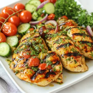 This dish needs a few key items to shine. You will need: - 4 boneless, skinless chicken breasts - 1 cup creamy Greek yogurt - 2 tablespoons extra virgin olive oil - 2 cloves garlic, finely minced - 1 tablespoon freshly grated lemon zest - 1 teaspoon dried oregano - 1 teaspoon dried thyme - 1 teaspoon smoked paprika - Sea salt and freshly cracked pepper, to taste These ingredients form the base of our tasty chicken. The marinade brings life to the chicken. It includes: - 1 cup creamy Greek yogurt - 2 tablespoons extra virgin olive oil - 2 cloves garlic, finely minced - 1 tablespoon freshly grated lemon zest - 2 tablespoons freshly squeezed lemon juice - 1 teaspoon dried oregano - 1 teaspoon dried thyme - 1 teaspoon smoked paprika - Sea salt and freshly cracked pepper, to taste Mix these well. The yogurt makes the chicken tender and adds flavor. The salad adds color and crunch. You will need: - 1 cup cherry tomatoes, halved - 1 cucumber, diced into bite-sized pieces - 1/2 red onion, finely chopped - 1/2 cup pitted Kalamata olives, sliced - 1/4 cup fresh parsley, finely chopped This fresh salad pairs perfectly with the chicken. It brightens the meal. {{ingredient_image_2}} First, gather your ingredients. In a medium bowl, mix these items: - 1 cup creamy Greek yogurt - 2 tablespoons extra virgin olive oil - 2 cloves garlic, finely minced - 1 tablespoon freshly grated lemon zest - 2 tablespoons freshly squeezed lemon juice - 1 teaspoon dried oregano - 1 teaspoon dried thyme - 1 teaspoon smoked paprika - Sea salt and freshly cracked pepper, to taste Stir everything together until smooth. This marinade adds flavor and moisture. Next, add the chicken breasts. Make sure they are coated well. Cover the bowl with plastic wrap. Chill the chicken in the fridge for at least 1 hour. For the best taste, marinate overnight. Now, it’s time to cook the chicken! Preheat your grill or a non-stick skillet to medium-high heat. Lightly brush it with olive oil. This helps prevent sticking. Remove the chicken from the marinade, letting excess drip off. Grill the chicken for about 6-7 minutes on each side. You want the inside to reach 165°F (75°C). The chicken should look golden brown. If you use a skillet, cook the chicken the same way. Just make sure to check it often. While the chicken cooks, let’s make the salad. In a large bowl, combine: - 1 cup cherry tomatoes, halved - 1 cucumber, diced into bite-sized pieces - 1/2 red onion, finely chopped - 1/2 cup pitted Kalamata olives, sliced - 1/4 cup fresh parsley, finely chopped Drizzle a little olive oil over the salad. Add salt and pepper to taste. Toss it gently to mix everything. Once the chicken is cooked, let it rest for a few minutes. This keeps it juicy. Slice the chicken into strips. Serve the chicken with the salad on the side, and enjoy! Marinating chicken is key to great flavor. Start with a creamy base like Greek yogurt. This keeps the meat moist and adds a tangy taste. Mix your marinade well. I use garlic, lemon zest, and spices for depth. Coat each piece of chicken fully. This ensures every bite bursts with flavor. Let it marinate for at least an hour. For more flavor, let it sit overnight. Cover the bowl tightly and refrigerate. Always remember, the longer it marinates, the better the taste. Cooking chicken can be tricky. To get juicy chicken, preheat your grill or skillet to medium-high. This helps sear the outside, locking in the juices. Avoid flipping the chicken too often. Cook it for about 6-7 minutes on each side. Use a meat thermometer to check doneness. The chicken should reach 165°F (75°C). Let it rest after cooking. This lets the juices settle inside, making it tender. Remember, a well-rested chicken will taste better. Presentation matters when serving. After slicing your grilled chicken, arrange it on a large platter. This makes the dish look inviting. Sprinkle fresh parsley on top for color. Serve the vibrant Mediterranean salad in a separate bowl. This keeps the colors bright and fresh. Add lemon wedges to the side. They add a lovely touch and let guests add extra flavor. A beautiful presentation can make your meal even more enjoyable. Pro Tips Marinate Longer for Flavor: For maximum flavor, marinate the chicken overnight. This allows the spices and yogurt to penetrate the meat, resulting in a juicy and flavorful dish. Using a Meat Thermometer: To ensure the chicken is perfectly cooked, use a meat thermometer. The internal temperature should reach 165°F (75°C) for safe consumption. Resting the Chicken: Allow the grilled chicken to rest for a few minutes before slicing. This helps retain the juices, keeping the chicken tender and moist. Enhance Your Salad: Add additional toppings to your Mediterranean salad, such as feta cheese or avocado, for extra flavor and creaminess. {{image_4}} If you need a swap for Greek yogurt, try using plain yogurt. You can also use sour cream for a creamy texture. For a dairy-free option, choose coconut yogurt or a cashew-based yogurt. Each option gives a different taste, so experiment to find your favorite! You can easily boost the nutrition by adding more vegetables. Consider tossing in bell peppers, zucchini, or spinach to the Mediterranean salad. You can grill or roast these veggies with the chicken too. They add color and flavor while keeping your meal healthy. Feel free to mix up the marinade flavors. For a spicy kick, add red pepper flakes or cayenne pepper. You could also try using fresh herbs like basil or cilantro for a different taste. If you want a smoky flavor, switch smoked paprika for regular paprika. Enjoy the creative process! To store leftover chicken, first let it cool down. Place it in an airtight container. This keeps moisture in and air out. You can store it in the fridge for up to three days. Make sure to label it with the date. This helps you keep track of freshness. If you want to freeze the chicken, wrap it tightly in plastic wrap. Then place it in a freezer-safe bag. This helps prevent freezer burn. You can freeze it for up to three months. When you are ready to eat, just thaw it in the fridge overnight. To reheat the chicken, use the oven or stovetop. Preheat the oven to 350°F (175°C). Place the chicken in a dish and cover it with foil. Heat it for about 15-20 minutes. If you use the stovetop, add a splash of water or broth to keep it moist. Cook over low heat until warmed through. This keeps the chicken juicy and tasty. You can serve High Protein Mediterranean Chicken with many tasty sides. Here are some great options: - Mediterranean salad: This dish pairs well with the fresh salad made of tomatoes, cucumbers, and olives. - Quinoa or couscous: Both grains soak up flavors and add protein. - Roasted vegetables: Try roasted peppers, zucchini, or eggplant for a yummy side. - Pita bread: Warm pita bread is great for scooping up the chicken and salad. - Tzatziki sauce: This yogurt-based sauce adds creaminess and tang. You can tell if the chicken is cooked by checking its temperature. Use a meat thermometer to check the thickest part of the chicken. It should reach 165°F (75°C). If you cut into the chicken, the juices should run clear, not pink. Yes, you can use chicken thighs instead of breasts. Thighs are juicier and more flavorful. Just make sure they are boneless and skinless for the best results. Adjust the cooking time as thighs may need a few extra minutes to cook through. This blog post outlined how to make a tasty high-protein Mediterranean chicken. It covered main ingredients, marinade, and a fresh salad. I provided step-by-step instructions for marinating, cooking, and serving. Tips and tricks helped ensure juicy chicken and stunning presentation. We also discussed variations to keep meals exciting and storage options for leftovers. In summary, this recipe is simple and flexible. You can enjoy delicious meals while staying healthy. Try it and savor these flavors in your kitchen.